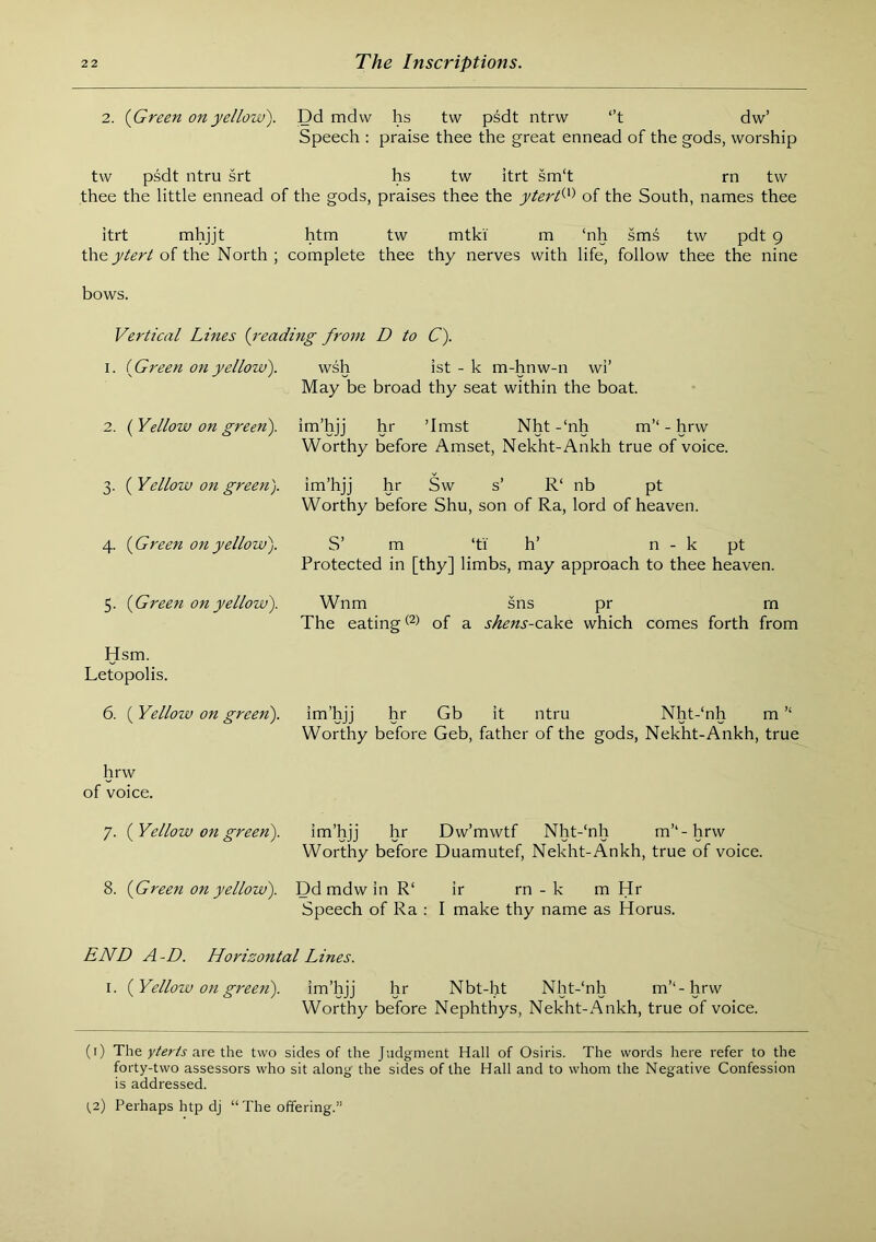 2. {Green on yellow'). Dd mdw hs tw psdt ntrw *’t dw’ Speech : praise thee the great ennead of the gods, worship tw psdt ntru srt hs tw itrt sm‘t rn tw thee the little ennead of the gods, praises thee the yterl^^'> of the South, names thee itrt mhjjt htm tw mtki m ‘nh sms tw pdt g the of the North; complete thee thy nerves with life, follow thee the nine bows. Vertical Lines {reading from D to C). 1. {Green on yellow). w% ist - k m-hnw-n wi’ May be broad thy seat within the boat. 2. {Yellow on green), im’hjj hr ’Imst Nht-‘nh m’“ - hrw Worthy before Amset, Nekht-Ankh true of voice. 3. (Yellow on green). im’hjj hr Sw s’ R‘ nb pt Worthy before Shu, son of Ra, lord of heaven. 4. {Green on yellow). S’ m ‘ti h’ n - k pt Protected in [thy] limbs, may approach to thee heaven. 5. {Green on yellow). Wnm sns pr rn The eating of a shens-o.dir.Q. which comes forth from Hsm. Letopolis. 6. (Yellotu on green). im’hjj hr Gb it ntru Nht-‘nh m ’‘ Worthy before Geb, father of the gods, Nekht-Ankh, true hrw of voice. 7. {Yellow on green). im’hjj hr Dw’mwtf Nht-‘nh m’'-hrw Worthy before Duamutef, Nekht-Ankh, true of voice. 8. {Green on yellow). Dd mdw in R‘ ir rn - k m Hr Speech of Ra : I make thy name as Horus. END A-D. Horizontal Lines. I. {Yellow 071 green). im’hjj hr Nbt-ht Nht-‘nh m’‘-hrw Worthy before Nephthys, Nekht-Ankh, true of voice. (i) The are the two sides of the Judgment Hall of Osiris. The words here refer to the forty-two assessors who sit along the sides of the Hall and to whom the Negative Confession is addressed. 1,2) Perhaps htp dj “ The offering.”