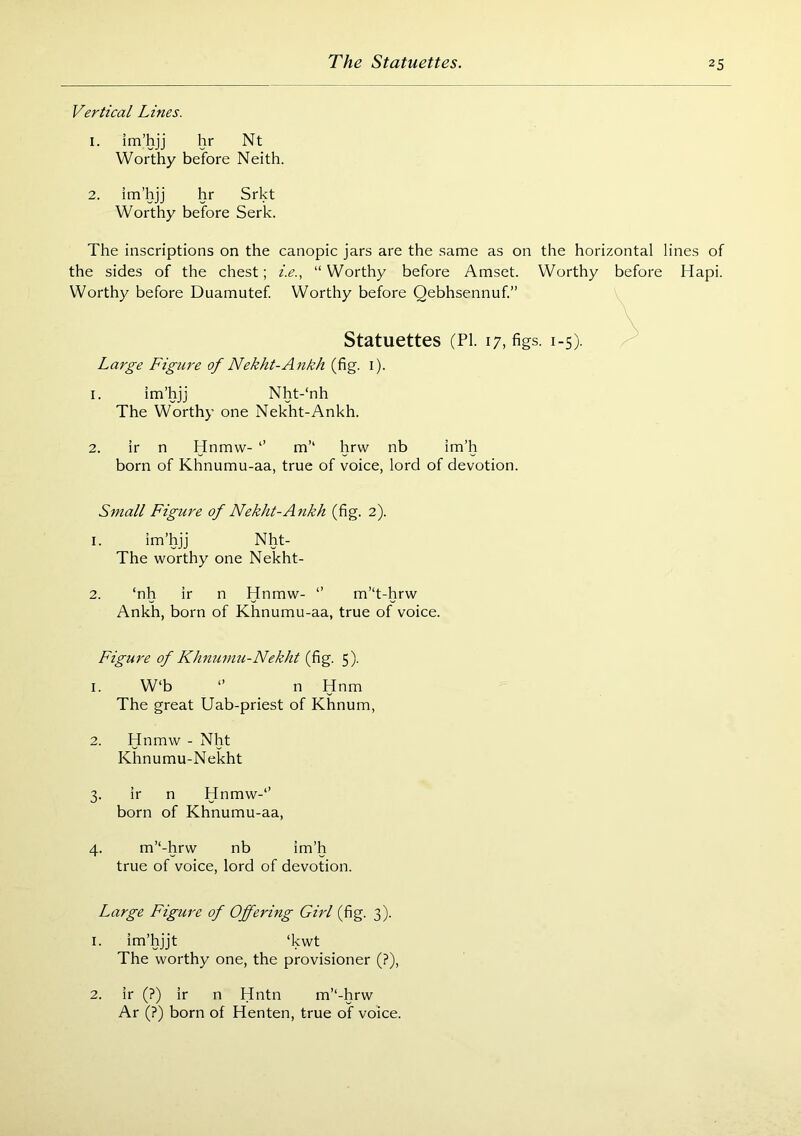 The Statuettes. Vertical Lines. 1. im’hjj hr Nt Worthy before Neith. 2. im’hjj hr Srkt Worthy before Serk. The inscriptions on the canopic jars are the same as on the horizontal lines of the sides of the chest; i.e., “ Worthy before Amset. Worthy before Hapi. Worthy before Duamutef Worthy before Qebhsennuf.” Statuettes (Pi. 17, figs. 1-5). Large Figure of Nekht-Ankh (fig. i). 1. im’hjj Nht-‘nh The Worthy one Nekht-Ankh. 2. ir n Hnmw- *’ m’‘ hrw nb im’h born of Khnumu-aa, true of voice, lord of devotion. Small Figure of Nekht-Ankh (fig. 2). 1. im’hjj Nht- The worthy one Nekht- 2. ‘nh ir n Hnmw- m’*t-hrw Ankh, born of Khnumu-aa, true of voice. Figure of Khnumu-Nekht (fig. 5). 1. W‘b *’ n Hnm The great Uab-priest of Khnum, 2. Hnmw - Nht Khnumu-Nekht 3. ir n Hnmw-*’ born of Khnumu-aa, 4. m’‘-hrw nb im’h true of voice, lord of devotion. Large Figure of Offering Girl (fig. 3). 1. im’hjjt ‘kwt The worthy one, the provisioner (?), 2. ir (?) ir n Hntn m’‘-hrw Ar (?) born of Henten, true of voice.