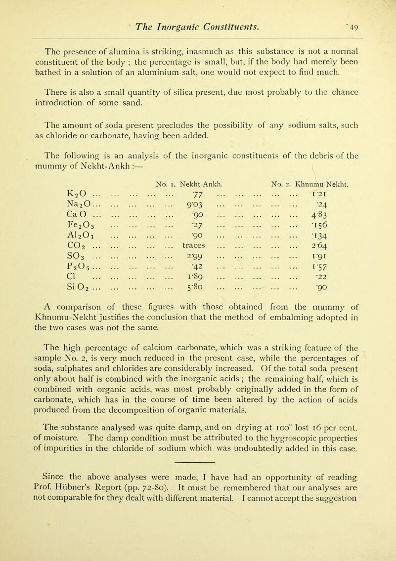 The presence of alumina is striking, inasmuch as this substance is not a normal constituent of the body ; the percentage is small, but, if the body had merely been bathed in a solution of an aluminium salt, one would not expect to find much. There is also a small quantity of silica present, due most probably to the chance introduction of some sand. The amount of soda present precludes the possibility of any sodium salts, such as chloride or carbonate, having been added. The following is an analysis of the inorganic constituents of the debris of the mummy of Nekht-Ankh ;— K20 ... No. I. Nekht-Ankh. '77 No. 2. Khnumu-Nekht. T21 NaaO... 9'03 -24 CaO ... '90 ... 4-83 FeaOa -27 -156 A12 0 3 -90 ... -134 CO2 ... traces 2-64 SO3 ... 2-99 ... i'9i P2O5 ... -42 ... I'57 Cl 1-89 -22 SiOa ... 580 '90 A comparison of these figures with those obtained from the mummy of Khnumu-Nekht justifies the conclusion that the method of embalming adopted in the two cases was not the same. The high percentage of calcium carbonate, which was a striking feature of the sample No. 2, is very much reduced in the present case, while the percentages of soda, sulphates and chlorides are considerably increased. Of the total soda present only about half is combined with the inorganic acids; the remaining half, which is combined with organic acids, was most probably originally added in the form of carbonate, which has in the course of time been altered by the action of acids produced from the decomposition of organic materials. The substance analysed was quite damp, and on drying at ioo° lost i6 per cent, of moisture. The damp condition must be attributed to the hygroscopic properties of impurities in the chloride of sodium which was undoubtedly added in this case. Since the above analyses were made, I have had an opportunity of reading Prof Hiibner’s Report (pp. 72-80). It must be remembered that our analyses are not comparable for they dealt with different material. I cannot accept the suggestion