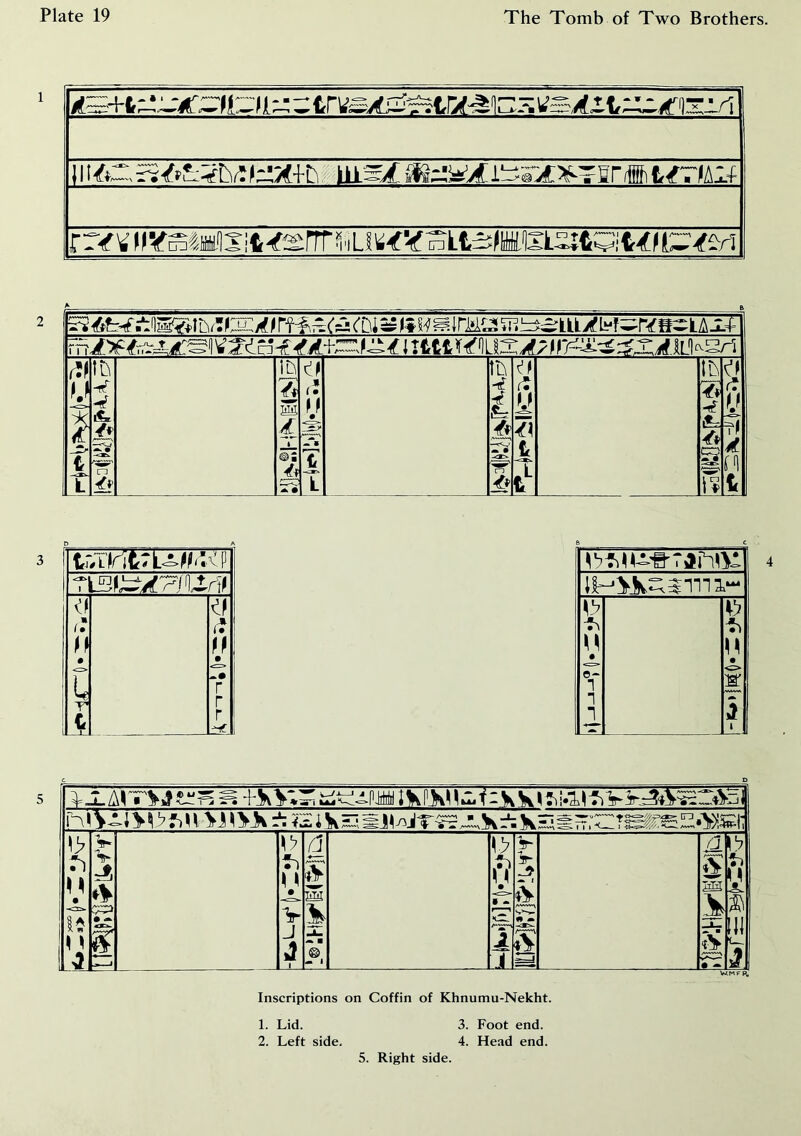 a /t M ( • M £ T aV L II L tl^ ■4 I r*a> rT -tf D A T <1 M t T Cr (■? M • r r r -if B C kA4 a M • 0- 1 1 1 M • o M 3 1 Inscriptions on Coffin of Khnumu-Nekht. 1. Lid. 3. Foot end. 2. Left side. 4. Head end.