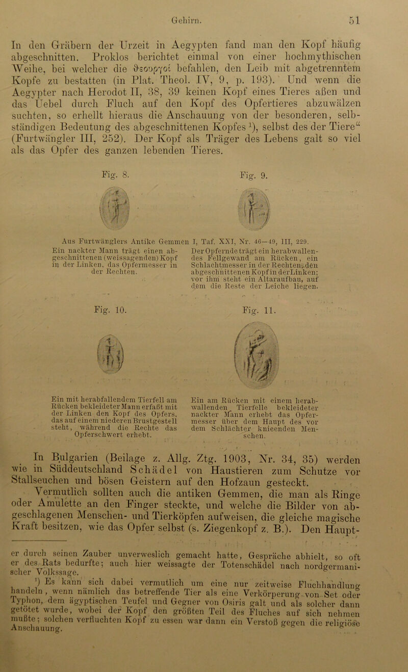 In clen Gräbern der Urzeit in Aegypten fand man den Kopf häufig abgeschnitten. Proklos berichtet einmal von einer hochmythischen Weihe, bei welcher die d-eoopyoi befahlen, den Leib mit abgetrenntem Kopfe zu bestatten (in Plat. Theol. IV, 9, p. 193). Und wenn die Aegypter nach Herodot II, 38, 39 keinen Kopf eines Tieres aßen und das Uebel durch Fluch auf den Kopf des Opfertieres abzuwälzen suchten, so erhellt hieraus die Anschauung von der besonderen, selb- ständigen Bedeutung des abgeschnittenen Kopfes *), selbst des der Tiere“ (Furtwängler III, 252). Der Kopf als Träger des Lebens galt so viel als das Opfer des ganzen lebenden Tieres. Fig. 8. Fig. 9. Aus Furtwänglers Antike Gemmen I, Taf. XXI, Nr. 4G—49, III, 229. Ein nackter Mann trägt einen ab- geschnittenen (weissagenden) Kopf in der Linken, das Opfermesser in der Rechten. Der Opfernde trägt ein herab wallen- des Fellgewand am Rücken, ein Schlachtmesser in der Rechten,,den abgeschnittenen Kopf inderLinken; vor ihm steht ein Altaraufbau, auf dem die Reste der Leiche liegen. Fig. 10. Ein mit herabfallendem Tierfell am Rücken bekleideter Mann erfaßt mit der Linken den Kopf des Opfers, das auf einem niederen Brustgestell steht, während die Rechte das Opferschwert erhebt. Ein am Rücken mit einem herab- wallenden Tierfelle bekleideter nackter Mann erhebt das Opfer- messer über dem Haupt des vor dem Schlächter knieenden Men- schen. In Bulgarien (Beilage z. Allg. Ztg. 1903, Kr. 34, 35) werden wie in Süddeutschland Schädel von Haustieren zum Schutze vor Stallseuchen und bösen Geistern auf den Hofzaun gesteckt. Vermutlich sollten auch die antiken Gemmen, die man als Ringe oder Amulette an den Finger steckte, und welche die Bilder von ab- geschlagenen Menschen- und Tierköpfen aufweisen, die gleiche magische Krait besitzen, wie das Opfer selbst (s. Ziegenkopf z. B.). Den Häupt- er durch seinen Zauber unverweslich gemacht hatte, Gespräche abhielt, so oft ei des Kats bedurfte; auch hier weissagte der Totenschädel nach nordo'ermani- scher Volkssage. ') Es kann sich dabei vermutlich um eine nur zeitweise Fluchhandluno- handeln , wenn nämlich das betreffende Tier als eine Verkörperuno- von Set oder Typhon, dem ägyptischen Teufel und Gegner von Osiris galt und als solcher dann getötet wurde, wobei der Kopf den größten Teil des Fluches auf sich nehmen mußte; solchen verfluchten Kopf zu essen war dann ein Verstoß gegen die relio-iösc Anschauung. ö ö V