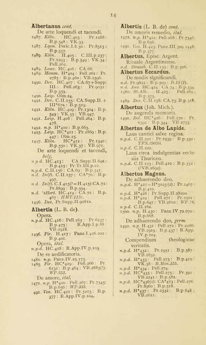 Albertanus cont. De arte loquendi et tacendi. 1487. Kohl. HC.403 : Pr.1288: B.p.548: VK.33. 1487. Lyon. Peric.I.8.30 : Pr.8513 : B.p.557- 1489. Koln. H.405 : C.III.p.237: Pr.1293: B.p.549: VK.34: Pell.262. 1489. Louv. HC.406: CA.66. 1489. Mejnni. H*404 ; Pell.261 ; Pr. 2785: B.p.460 : VB.1596. 1490. Dev. HC.407 ; CA.67+Supp. III.: Pell.263 : Pr.9052 : B.p.359- T490. Leip. Olm.24. 1491. Dev. C.II.155: CA.Supp.II.p III*67a : B.p.5ig. 1491. Koln. HC.409 : Pr. 1304 : B.p. 549: VK.35: VB.947. 1491. Leip. H.408 : Pell.264: B.p. 478. 1492. n.p. H*4Io : B.p.663. 1495. Leip. HC*4Ii : Pr.2869 : B.p. 447 : Olm.25. 1497. Koln. HC*4I2 : Pr.1340: B.p.550: VK.37: VB.97i._ De arte loquendi et tacendi, helg, np.d. HC.413 : CA.Supp.II.69a : B.p.415: Pr.Tr.III.p.22. n.p.d. C.II.156: CA.69 : B.p.341. n.d. Delft. C.II.157: Ch^jo: B.p. 497- n.d. Delft. C.I.4i5(? = H.4i5):CA.7i: Pr.8899 : B.p.594. n.d. 'sHert. HC.414 : CA.72 : B.p. 467: HMT.117C. 1496. Dev, Pr.Supp.II.9081a. Albertis (L. B. de). Opera. w.jp.d. HC.416 : Pell.265 ; Pr.6237 : B.p.475: R.App.I.p.88 : VB.2918. 1496. Mr. H.417: Panz.I.426.202 : B.p.401. Opera, ital. n.p.d. HC.418 : R.App.IV.p.103. De re aedificatoria. 1481. n.p. Panz.IV.25.175. 1485. Fir. HC*4I9: Pell.266; Pr. 6131: B.p.464 : VB.2885(?): WP.253. De amore, ital. 1471. n.p. H*42o : Pell.267: Pr.7345: B.p.656: WP.333. 491. Ven. HC.421 : Pr.5215 : B.p. 377: R.App.IV.p.104. Albertis (L. B. de) cont. De amoris remedio, ital. 1471. n.y. H*422: Pell.268 : Pr.7346: B.p.656. 1491. Yen. H.423: Panz.III.309.1448: B.p.377. Albertus, Episc. Argent. Rituale Argentinense. n.d. Strassb. C.II. 159: B.p.326. Albertus Eccardus. De modis significandi. n.d. Pr.9822 : B.p.509 : D.13 {!). n.d. Anv. HC.424 : CA.74 : B.p.334. 1480. St.Alb. H-425 ; Pell.269 B.p.575- 1489. Dev. C.II.158: CA.73: B.p.518. Albertus (Job. Mich.). De augenda memoria. 1491. Bol. HC*426 : Pell.270 ; Pr. 6591: B.p.344: VB.2753. Albertus de Albo Lapide. Laus cantici salve regina. n.p.d. C.II.221 : Pr.1939: B.p.332 : TFS.1903U. n.p.d. C.II.222. Laus circa indulgentias eccle- siis Thuricen. n.p.d. C.II.223 : Pell.410 : B.p.332 : (PVB.2692). Albertus Magnus. De adhaerendo deo. n.p.d. H*427 = H*5025 {2): Pr.2467 : B.p.410. n.p.d. H*428 : Pr.Supp.II.2820a. n.p.d. H*429 : Pell.271: Pr.2501 : B.p.647 : VB.2610 : WP.73. n.p.d. C.II.162. 1500. n.p. H.430 : Panz.IV.72.670 : B.p.668. De adhaerendo deo, germ. 1492. n.p. H.431 : Pell.272 : Pr.2286: VB.1919: B.p.437 : R.App. IV.p.104. Compendium theologicae veritatis. n.2?.d. H*432: Pr.1951 : B.p.587 : VB.1632. n.p.d. H*433: Pell.273: B.p.4ig: VK.38: B.Mon.155. n.p.d. H*434 : Pell.274. n.p.d. HC*435 : Pell.275 : Pr.392 : VB.2241 : B.p.582. n.p.d. HC*436(i): CA*473 : Pell.276: Pr.8960 : B.p.518. n.p.d. H*437 : Pr.2532 ; B.p.648 ; VB.2611.