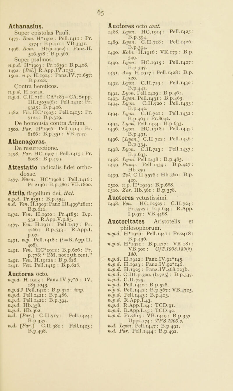 Athanasius. Super epistolas Pauli. 1477. Rom. H*igo2 ■. Pell.1411: Pr. 3374 ■ B.p.411 : VB.3331. 1496. Rom. Ht(a.i902): Panz.II. 516.578 : B.p.566. Super psalmos. n.p.d. 44*1903: Pr.i839: B.p.408. 1492. [7?oZ.] R.App.lV.1130. 1500. n.p. H.1904: Panz.IV.71.657: B.p.668. Contra hereticos. n.p.d. H. 1904a. n.p.d. C.II.716: CA*i89 = CA.Siipp. III.i503a(6): Pell.1412 : tA. 9325 : B.p.406. 1482. Pic. HC* 1905 : Pell.1413: Pr. 7124: B.p.319. De homoLisia contra Ariiim. 1500. Par. 14*1906: 4'ell.i4i4: Pr. 8166: 4Pp.35i : VB.4747. Athenagoras. De resurrectione. 1498. Par. 44C.1907 : Pell.1415 : Pr. 8008 : B.p.499. Attestatio radicalis fidei ortho- doxae. 1477. iVurji. 440*1908: Pell.1416: Pr.2136: B.p.386: VB.1800. Attila flagellum dei, ital. n.p.d. Pr.5351 : B.p.554. n.d. Ven. 44.1909: Panz.444.499*2821: B.p.626. 1472. Ven. 44.1910: Pr.4185: B.p. 532: R.App.V.p.85. 1477. Ven. 44.1911: Pell.1417: Pr. 4266: B.p.533: R.App.4. P-97- 1491. n.p. Pell.1418 : (? = R.App.44. 408). 1491. Ven. 440*1912: B.p.626: Pr. p.778: “ BM. not 15th cent.” 1491. Pew. 44.1912a: B.p.626. 1491. Ven. Pell.1419 : B.p.626. Auctores octo. n.p.d. 44.1913 : Panz.4V.77*6 : 4V. 183.1043. n.p.d.? Pell.1420: B.p.320: imp. n.p.d. Pell.1421: B.p.486. n.p.d. Pell.1422: B.p.394. n.p.d. 446.358. n.p.d. 446.362. n.d. [Par.'] O.II.717: Pell.1424: B.p.337- n.d. [Par.] 0.II.981 : Pell.1423 : B.p.498. Auctores octo cont. 1488. Lyon. 440.1914: Pell. 1425 : B.p.394. 1489. Lyon. 0.11.718 : Pell.1426 : B.p.394. 1490. Koln. 44.1916: VK.179 : B.p. 549. 1490. Lyon. 140.1915 : Pell.1427 : B.p.397. 1491. Any. H.igiy : Pell.1428: B.p. 320. 1492. Lyon. O.II.719 : Pell.1430 : B.p.442. 1492. pT/oyi,. I-’ell.i429 : B.p.461. 1493. Lyon. I^ell.1431 : B.p.463. 1494. Lyon. 0.14.720: Pell.1433: B.p.442. 1494. Lyon. C.44.721 : Pell.1432 : B.p.463 : I^r.8642. 1495. Lyon. I^ell.1434: B.p.633. 1496. Lyon. 440.1918: Pell.1435: B.p.491. 1496. [Lyon.] 0.14.722 : Pell.1436 : B.p.334- 1498. Lyon. 0.41.723: Pell.1437 : B.p.633. 1498. Lyon. Pell.1438 : B.p.485. 1499. Pamp. l^ell.1439: B.p.427 : 446.359. 1499. PoZ. 0.11.3576 : 446.360: 43.p. 429. 1500. 71.]). 44*1919: B.p.668. 1500. Zar. 446.361 : B.p.378. Auctores vetustissimi. 1498. Ven. 440.12527 : 0.44.724 : Pr.5527: B.p.634: R.App. I.p.97 : VB.4468. Auctoritates Aristotelis et philosophorum. n.p.d. 44*1920: Pell. 1441 : Pr.2418: B.p.436. n.p.d. 44*1921: B.p.427: V4<!.i8i : VB.900: GfT.1908.139{2). 140. n.p.d. 44.1922: Panz.IV.g2*i45. n.p.d. 44.1923 : Panz.4V.92*146. 7i.p.d. 44.1925 : Panz.4V.468.1236. n.p.d. 0.444.p.300. (6.725) : B.p.537. n.p.d. 0.14.725. n.p.d. Pell.1440: B.p.526. 7i.p.d. Pell.1442: B.p.367 : VB 4725. n.p.d. Pell.1443: B.p.413. n.p.d. 4^.App.4.43. 7i.p.d. R.App.4.44 : TOD.91. n.p.d. R.App.4.45 : TOD.92. n.p.d. Pr.2615 : VB.I449 : B.p.357 Upps.174 : TFS.1905.C. n.d. Lyon. Pell.1447: B.p.491. n.d. Par. Pell.1444: B.p.492.