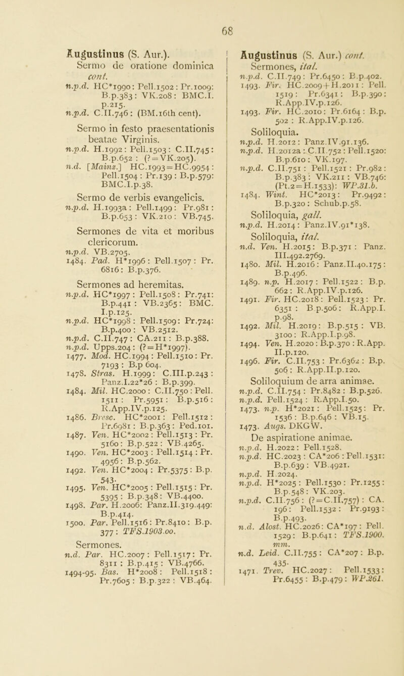 Augustinus (S. Aur.). Sermo de oratione clominica CO fit. fi.p.d. HC*i99o; Pell.1502 ; Pr.1009: B.p.383; VK.208; BMC.I. p.215. n.p.d. C.II.746: (BM.i6th cent). Sermo in festo praesentationis beatae Virginis. n.p.d. H.1992 : Pell.1503 : C.II.745 : B.p.652 : (? = VK.205). n.d. \_Mainz.'\ 110.1993 = 110.9954: Pell.1504 : Pr.139 : B.p.579: BMC.I.p.38. Sermo de verbis evangelicis. n.p.d. H.1993a: Pell.1499: Pr.981: B.p.653 : VK.210 : VB.745. Sermones de vita et moribus clericorum. n.p.d. VB.2705. 1484. Pad. H*i996: Pell.1507: Pr. 6816: B.p.376. Sermones ad heremitas. n.p.d. 110*1997: Pell.1508: Pr.741: B.p.441 : VB.2365 : BMC. Ip-125- n.p.d. 110*1998: Pell.1509: Pr.724: B.p.400 : VB.2512. n.p.d. C.II.747; CA.211 : B.p.388. n.p.d. Upps.204: (? = H*i997). 1477. Mod. HO. 1994: Pell.1510: Pr. 7193 : B.p 604. 1478. Stras. H.1999: C.III.p.243 : Panz.I.22*26 : B.p.399. 1484. Mil. HC.2000 : 0.II.750 : Pell. 1511 : Pr.5951 : B.p.516: R.App.IV.p.125. 1486. Brcsc. HC*2ooi : Pell.1512 : l’r.6981 : B.p.363 : Ped.ioi. 1487. Ven. HC*2oo2 : Pell. 1513 : Pr. 5160: B.p.522 : VB.4265. 1490. Ven. HC*2oo3 : Pell. 1514 : Pr. 4956: B.p.562. 1492. Ven. HC*2oo4 ; Pr.5375 : B.p. 543. 1495. Ven. HC*2oo5 : Pell. 1515 : Pr. 5395: B.p.348: VB.4400. 1498. Par. H.2006: Panz.II.319.449: B.p.414. 1500. Par. Pell.1516 : Pr.8410 : B.p. 377: TFS.1903.oo. Sermones. n.d. Par. HO.2007 : Pell.1517: Pr. 8311 : B.p.415 : VB.4766. 1494-95. Bas. H*2oo8 : Pell.1518 : Pr.7605 : B.p.322 : VB.464. Augustinus (S. Aur.) cont. Sermone.s, ital. n.p.d. 0.II.749: Pr.6450 : B.p.402. 1493. Fir. HO.2009+H.2011 : Pell. 1519: Pr.6341: B.p.390: R.App.IV.p.126. 1493. Fir. HO.2010: Pr.6164 : B.p. 502 : R.App.IV.p.126. Soliloquia. n.p.d. H.2012: Panz.IV.91.136. n.p.d. H.2012a : 0.II.752 : Pell.1520: B.p.6io : VK.197. n.p.d. C.II.751 : Pell.1521 : Pr.982 : B.p.383 : VK.211 ; VB.746: (Pt.2 = H.i533): WP.Sl.b. 1484. Wint. HC*2oi3 : Pr.9492: B.p.320: Schub.p.58. Soliloquia, gall, n.p.d. H.2014: Panz.IV.91*138, Soliloquia, ital. n.d. Ven. H.2015: B.p.371 : Panz. III.492.2769. 1480. Mil. H.2016: Panz.II.40.175: B.p.496. 1489. n.p. H.2017 : Pell.1522: B.p. 662: R.App.IV.p.126. 1491. Fir. HO.2018 : Pell.1523: Pr. 6351: B p.506: R.App.I. p.98. 1492. Mil. H.2019: B.p.515 : VB. 3100: R.App.I.p.98. 1494. Ven. H.2020 : B.p.370 : R.App. II.p.120. 1496. Fir. 0.II.753 : Pr.6362 : B.p. 506: R.App.II.p.i2o. Soliloquium de arra animae. n.p.d. 0.II.754 : Pr.8482 : B.p.526. n.p.d. Pell.1524: R.App.I.50. 1473. n.p. H*202i : Pell.1525: Pr. 1536: B.p.646 : VB.15. 1473. Augs. DKGW. De aspiratione animae. n.p.d. H.2022: Pell.1528. n.p.d. HO.2023 : CA*2o6 : Pell.1531: B.p.639 : VB.4921. n.p.d. H.2024. n.p.d. H*2025 : Pell.1530: Pr.1255: B.p.548 : VK.203. n.p.d. C.II.756 : (? = C.II.757) : CA. 196: Pell,1532 : Pr.9193 : B.p.493. n.d. Alost. HO.2026: CA*i97: Pell. 1529: B.p.641 : TFS.1900. mm. n.d. Leid. 0.II.755 : CA*207 : B.p. 435- 1471. Trev. HO.2027: Pell. 1533: Pr.6455 : B.p.479: WP.261.