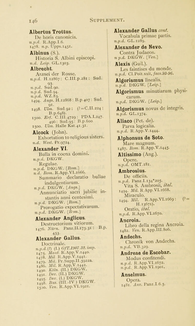 Albertus Trottus. De horis canonicis. j n.p.d. R.App.1.6. I 1478. n-x>. Upps.1451. ' Albinus (S.). ; Historia S. Albini episcopi. j n.d. Leip. GL.1303. 1 Albrecht. Arznei der Rosse. n.7:».d. H.12867; C.lII.p.281 : Sud. 1 93- I n.p.d. Sud.go. 1 n.p.d. Sud.94. n.p.d. WZ.83. I 1494. Augs. H.12868; B.p.407: Sud. : gi. ! 1498. Ulm. Sud 92; (? = 0.11.224: B.p.648). ; 1500. Erf. C.III.4729: PDA.1.247. I 496; Sud.95: B.p.6oo. 1500. Ulm. Halle Kat.4i.31. Alcock (John). Exhortation to religious sisters. n.d. West. Pr.9724. Alexander VI. Bulla in coena domini. n.p.d. DKGW. Regulae. n.p.d. DKGW. [Z?o»i.] n.d. Bom. R.App.VI.i666_. Summario declaratio bullae indulgentiarum. n.p.d. DKGW. \_Augs.\ Annunciatio sacri jubilie in- stantis anni centesimi. n.p.d. DKGW. \_Rom.^ Prorogatio expectativarum. n.p.d. DKGW. [Bom.] Alexander Anglicus. Destructorium vitiorum. 1476. Niirn. Panz.II.i75’3^ • B p- 453- Alexander Gallus. Doctrinale. n.p.d.(?) (I.) GfT.1907.32. imp. 1475. Mciiit. R.App.V.I44*^’ 1478. Mil R.App.V.1441. 1479. Mil Pr.Supp.II.5922a. i486. Mil R.App.V.1442. 1490. Kuln. (II.) DKGW. 1491. Dev. (II.) DKGW. 1495. Dev. (I.) DKGW. 1498. Bas. (IlI.-IV.) DKGW. x^oo. \en. R.App.V1.1921. Alexander Gallus conf. Vocabula primae partis. n.p.d. GL.1289. Alexander de Nevo. Contra Judaeos. np.d. DKGW. [Ven.] Alexis (Guil). Les faintises du monde. n.p.d. Cl.Poit.xxii, facs.93-96. Algorismus linealis. n.p.d. DKGW. [Leip.] Algorismus minutiarum physi carum. n.p.d. DKGW. [Leip.] Algorismus novus de integris. n.p.d. GL.1374. Aliaco (Pet. de). Parva logicalia. n.p.d. R.App.V.1444. Alphonsus de Soto. Mare magnum. 1487. Bom. R.App.V.1445. Altissimo (Ang.). Opere. n.p.d. OMT.181. Ambrosius. De officiis. n.p.d. Panz.1.134*205. ^ Vita S. Ambrosii, ital. 1494. Mil. R App.VI. 1668. Miraculo. 1494. Mil R.App.VI.1669: (? H.13671). Oratio, ifa/. n.p.d. R.App.VI.1670. Ancroia. Libro della regina Ancroia. 1482. Ven. R.App.III.806. Andechs. (hronik von Andechs. n.p.d. VB.329. Andreae de Escobar. Modus confitendi. n.p.d. R.App.VI. 1672. n.p.d. R.App.VI.1901. ! Anselmus. Opera. I 1481. Anv. Panz.1.6.5.