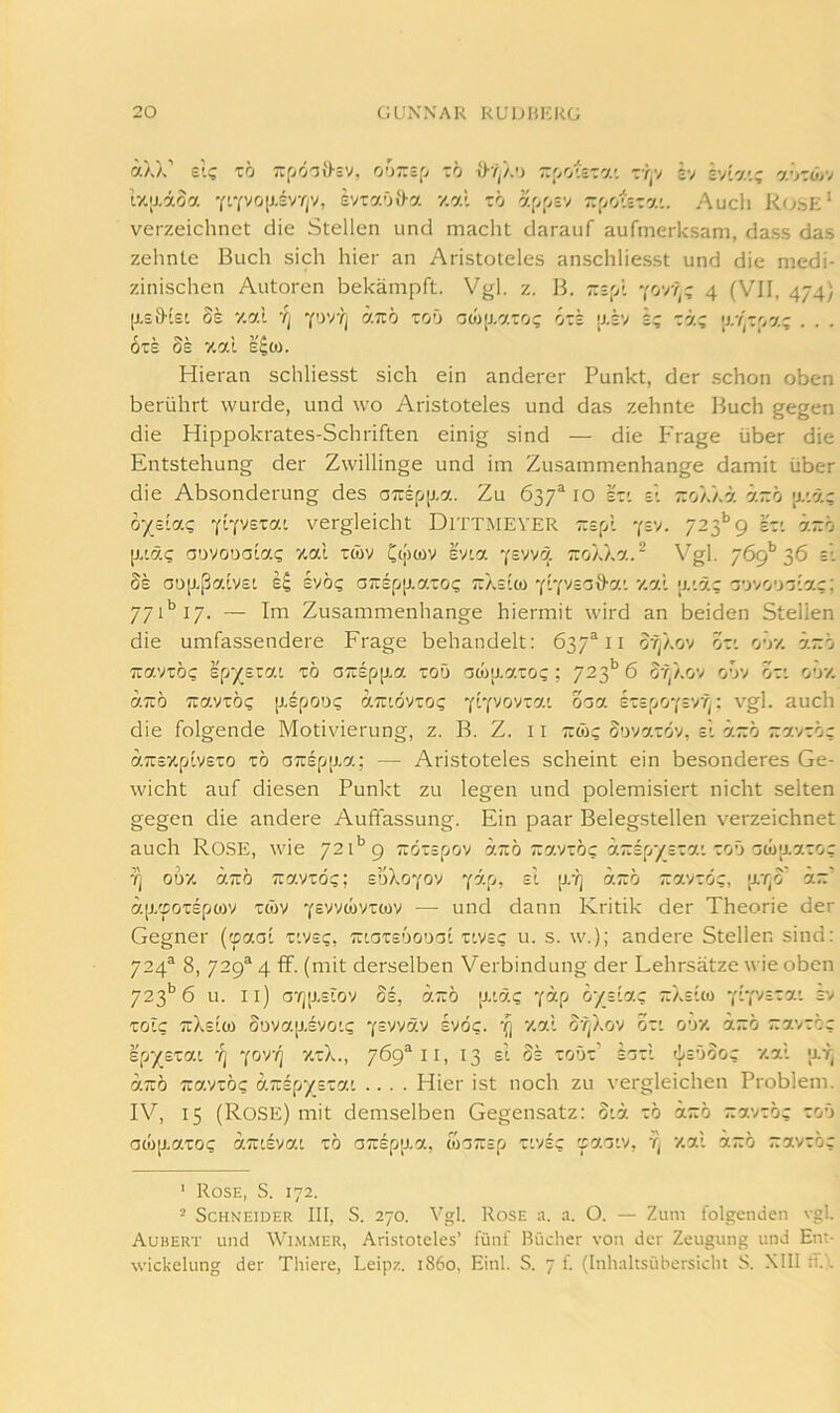 Auch R(J.SE‘ sv'.a'.i o.'r.orj verzeichnet die Stellen und macht darauf aufmerksam, dass das zehnte Buch sich hier an Aristoteles anschliesst und die medi- 6t£ Se y.al Hieran schliesst sich ein anderer Punkt, der schon oben berührt wurde, und wo Aristoteles und das zehnte Buch gegen die Hippokrates-Schriften einig sind — die P'rage über die Entstehung der Zwillinge und im Zusammenhänge damit über die Absonderung des az£p[xa. Zu 637^ 10 Ir' =l zo/./.ä ä-ö \v/j.z oys'a? yrfvezai vergleicht DlTTMEVER TZBfA y=v. 723*’9 sz'. [j/.ä? aovoDaiag y.al twv l'v.a Y=vvcf. V'gl. j6g^ ^6 sl Se au[tßaiV£i evö? OTZB[j[).azo<; ^tascco -('.‘('/sGd-o.'. y.al oovci'j’j’ac; 77i‘’i7. — Im Zusammenhänge hiermit wird an beiden Stellen die umfassendere Frage behandelt: 637*11 ot' o'V/. h.-'j Tuaviöt; spysrai tö o;:£p[j,a roö acbaato? ; 723'’ 6 or^Äov oov oti ooz. «Tiö TravToe [j,£poDc aTi'dvTO? ^i-pjo'jz').'. oaa srspoYivr^; vgl. auch die folgende Motivierung, z. B. Z. 11 Tiw? oovaröv, cl äzö r.nMzhz aTiszpivsTO TÖ 07ü£p[j.a; — Aristoteles scheint ein besonderes Ge- wicht auf diesen Punkt zu legen und polemisiert nicht selten gegen die andere Auffassung. Ein paar Belegstellen verzeichnet auch Rose, wie 721'’9 ;:dT£pov äitö ~avTÖc az:£py£Ta'. toö cwu-aToc Tj onv. ä;tö TravTÖc; s’jXoyov -fy.fi, £i jj.y] cf.zb r:y.vz6c, u-Tjo' i~' äp/poTspow Tcöv yevydi'/zm — und dann Kritik der Theorie der Gegner ('^aai t:v£?, TziazsooDai uv£c u. s. w.); andere Stellen sind: 724* 8, 729* 4 ff. (mit derselben Verbindung der Lehrsätze wie oben 723*’6 Li. ii) aT|[j,£tov §£, a;rö [Xia? y^-P ö/Eiac ;zÄ£'ltü ‘li-i'^tzy.’. £v Toic TrXstü) Suvap.£VO'<; -(sv'/ä'J ivdc. 7.y.\ SrjXov ozi o'Vz ä~ö ::avTÖr £py£Tai 'fj joy/] y.zX., 769*11, 13 sl 8k toOt’ satl 6£Öooc y.al ar, a::ö Travtö? a~£py_£Ta' .... Hier ist noch zu vergleichen Problem. IV, 15 (Rose) mit demselben Gegensatz: oiä tö ä~ö ~avTÖc zob awiiaTO? aTtisvaL tö aTtspaa, wa;T£p t'vec 'syziy, r, y.al ä-ö -avTÖr ' Rose, S. 172. - Schneider III, S. 270. Vgl. Rose a. a. O. — Zum folgenden vgl. Aubert und Wi.mmer, Aristoteles’ fünf Rüdier von der Zeugung und Ent- wickelung der Thiere, Leipz. 1860, Einl. S. 7 f. (Inhaltsübersiclu S. XIII fT.X