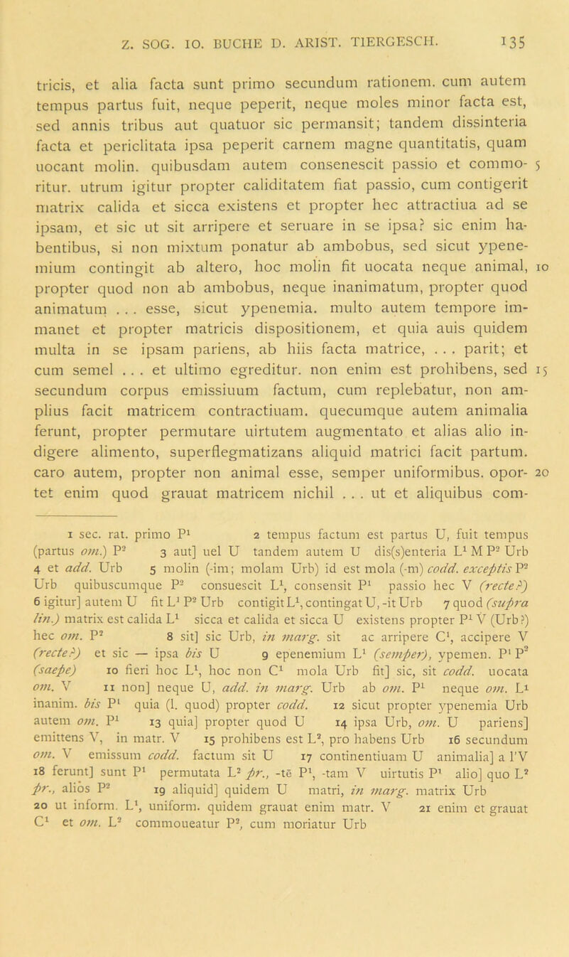 tricis, et alia facta sunt priino secundum rationem. cum autem tempus partus fuit, neque peperit, neque moles minor facta est, sed annis tribus aut quatuor sic permansit; tandem dissinteria facta et periclitata ipsa peperit carnem magne quantitatis, quam uocant molin. quibusdam autem consenescit passio et commo- ritur. utrum igitur propter caliditatem fiat passio, cum contigerit matrix calida et sicca existens et propter hec attractiua ad se ipsam, et sic ut sit arripere et seruare in se ipsa? sic enim ha- bentibus, si non mixtum ponatur ab ambobus, sed sicut ypene- mium contingit ab altero, hoc molin fit uocata neque animal, propter quod non ab ambobus, neque inanimatum, propter quod animatum . . . esse, .sicut ypenemia. multo autem tempore im- manet et propter matricis dispositionem, et quia auis quidem multa in se ipsam pariens, ab hiis facta matrice, . . . parit; et cum semel ... et ultimo egreditur. non enim est prohibens, sed secundum corpus emissiuum factum, cum replebatur, non am- plius facit matricem contractiuam. quecumque autem animalia ferunt, propter permutare uirtutem augmentato et alias alio in- digere alimento, superflegmatizans aliquid matrici facit partum, caro autem, propter non animal esse, semper uniformibus. opor- tet enim quod grauat matricem nichil . . . ut et aliquibus com- I sec. rat. primo 2 tempus factum est partus U, fuit tempus (partus 0;«.) P- 3 aut] uel U tandem autem U dis(s)enteria M P- Urb 4 et add. Urb 5 molin (-im; molam Urb) id zsx vc\oi\'^{;vd) codd. exceptisY^ Urb quibuscumque P- consuescit L^, consensit P‘ passio hec V (recte?) 6 igitur] autem U fit L'P^ Urb contigitL^, contingatU,-itUrb 7 quod lin.) matrix est calida sicca et calida et sicca U existens propter P^ V (Urb?) hec om. P’ 8 sit] sic Urb, in marg. sit ac arripere C, accipere V (recte?) et sic — ipsa bis U 9 epenemium L‘ (semper), ypemen. P'P’ (saepe) 10 fieri hoc L', hoc non mola Urb fit] sic, sit codd. uocata om. V II non] neque U, add. hi inarg. Urb ab om. P^ neque om. inanim. bis P‘ quia (1. quod) propter codd. 12 sicut propter j'penemia Urb autem om. P* 13 quia] propter quod U 14 ipsa Urb, om. U pariens] emittens V, in matr. V 15 prohibens est L’, pro habens Urb 16 secundum om. V emissum codd. factum sit U 17 continentiuam U animalia] a l’V 18 ferunt] sunt P* permutata pr., -te P', -tarn V uirtutis P' alio] quo L* pr., aliös P^ ig aliquid] quidem U matri, in marg. matrix Urb 20 ut inform, L’, uniform, quidem grauat enim matr. V 21 enim et grauat C‘ et om. L® commoueatur P®, cum moriatur Urb 5 IO 15 20