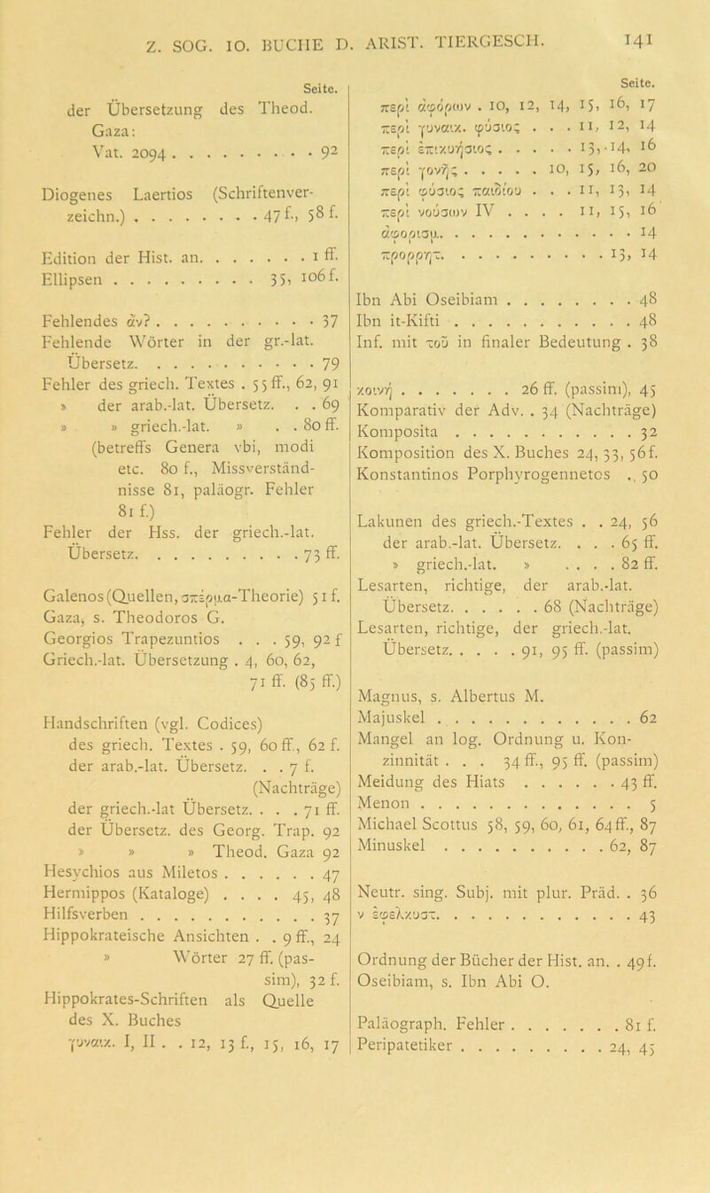 Seite. der Übersetzung des Theod. Gaza: Vat. 2094 9- Diogenes Laertios (Schriftenver- zeichn.) 47 5^ f- Edition der Hist, an i ff Ellipsen 35, 106 f. Fehlendes av? 37 Fehlende Wörter in der gr.-lat. Übersetz 79 Fehler des griech, Textes . 5 5 ff., 62, 91 » der arab.-lat. Übersetz. . . 69 » » griech.-lat. » . . 80 ff. (betreffs Genera vbi, modi etc. 80 f., Missverständ- nisse 81, paläogr. Fehler 81 f.) Fehler der Hss. der griech.-lat. Übersetz 73 ff- Galenos(Quellen, STtspaa-Theorie) 51 f. Gaza, s. Theodoros G. Georgios Trapezuntios . . . 59, 92 f Griech.-lat. Übersetzuna: . 4, 60, 62, 71 ff. (85 ff.) Flandschriften (vgl. Codices) des griech. Textes . 59, 60 ff., 62 f. der arab.-lat. Übersetz. . . 7 f. (Nachträge) der griech.-lat Übersetz. . . . 71 ff. der Übersetz, des Georg. Trap. 92 > » » Theod. Gaza 92 Hesychios aus Miletos 47 Hermippos (Kataloge) . . . . 45, 48 Hilfs%-erben 37 Hippokrateische Ansichten . . 9 ff., 24 » Wörter 27 ff. (pas- sim), 32 f. Hippokrates-Schriften als Quelle des X. Buches ■pvatz. I, II . . 12, 13 f., 15, 16, 17 Seite. TTSp't «tpÖpiDV .10, 12, 14, 15. ib, 17 -spl -c'jvct'.z. cpäaio; . . . ii, 12, 14 TTSpl s-f/uTjatoi i3)-M' TTSp! 10, 15» ^b, 20 TTEpi (5U3104 -aiO'OU . . . II, I3, 14 irspl voÜ3tt)v IV . . . . II, 15, 16 d®0pl3|J. 14 ■Äpoppvj“ 13, H Ibn Abi Oseibiam 48 Ibn it-Kifti 48 Inf. mit -oü in finaler Bedeutung . 38 y.oiv^ 26 ff. (passim), 45 Komparativ der Adv. . 34 (Nachträge) Komposita 32 Komposition des X. Buches 24, 33, 5bf Konstantinos Porphyrogennetos .. 50 Lakunen des griech.-Textes . . 24, 56 der arab.-lat. Übersetz. . . . 65 ff. 5 griech.-lat. » .... 82 ff. Lesarten, richtige, der arab.-lat. Übersetz 68 (Nachträge) Lesarten, richtige, der griech.-lat. Übersetz 91, 95 ff. (passim) Magnus, s. Albertus M. Majuskel 62 Mangel an log. Ordnung u. Kon- zinnität . . . 34 ff-, 95 ff. (passim) Meidung des Hiats 43 ff. Menon 5 Michael Scottus 58, 59, 60, 61, 64!!'., 87 Minuskel 62, 87 Neutr. sing. Subj. mit plur. Präd. . 36 V sasLz'j3t 43 Ordnung der Bücher der Hist. an. . 49!. Oseibiam, s. Ibn Abi O. Paläograph. Fehler 81 f Peripatetiker 24, 45