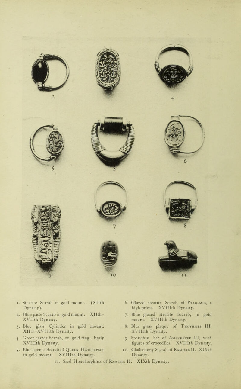 1. Steatite Scarab in gold mount. (Xllth Dynasty). 2. Blue paste Scarab in gold mount. Xllth- XVIIth Dynasty. 3. Blue glass Cylinder in gold mount. Xllth-XVIIIth Dynasty. 4. Green jasper Scarab, on gold ring. Early XVIIIth Dynasty. 5. Blue faience Scarab of Queen Hatshepset in gold mount. XVIIIth Dynasty. 6. Glazed steatite Scarab of Ptah-mes, a high priest. XVIIIth Dynasty. 7. Blue glazed steatite Scarab, in gold mount. XVIIIth Dynasty. 8. Blue glass plaque of Thothmes III. XVIIIth Dynasty. Steaschist bar of Amenhetep III, with figures of crocodiles. XVIIIth Dynasty. Chalcedony Scarab of Rameses II. XIXth Dynasty. XIXth Dynasty. 9- 10. 11. Sard Hierakosphinx of Rameses II.