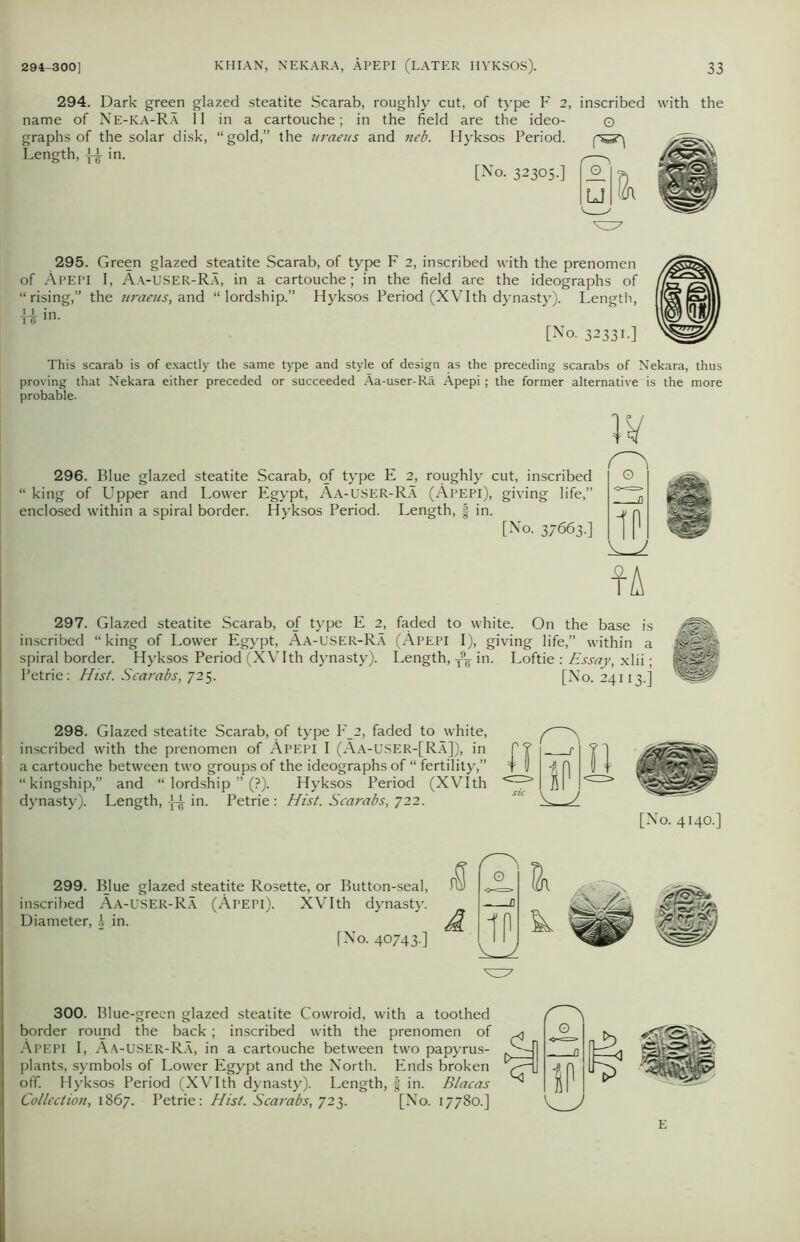 294. Dark green glazed steatite Scarab, roughly cut, of type F 2, inscribed with the name of Ne-ka-Ra II in a cartouche ; in the field are the ideo- © graphs of the solar disk, “gold,” the uraeus and neb. Hyksos Period. Length, ^ in. [No. 32305.] ^1?) LJl ^37 295. Green glazed steatite Scarab, of type F 2, inscribed with the prenomen of Apepi I, Aa-USER-Ra, in a cartouche; in the field are the ideographs of “rising,” the uraeus, and “lordship.” Hyksos Period (XVIth dynasty). Length, t£ in- [No. 32331-] This scarab is of exactly the same type and style of design as the preceding scarabs of Nekara, thus proving that Nekara either preceded or succeeded Aa-user-Ra Apepi ; the former alternative is the more probable. 296. Blue glazed steatite Scarab, of type E 2, roughly cut, inscribed “ king of Upper and Lower Egypt, Aa-USER-Ra (Apepi), giving life,” enclosed within a spiral border. Hyksos Period. Length, § in. [No. 37663.] IV fA 297. Glazed steatite Scarab, of type E 2, faded to white. On the base is inscribed “ king of Lower Egypt, Aa-USER-Ra (Apepi I), giving life,” within a spiral border. Hyksos Period (XVIth dynasty). Length, T9¥ in. Loftie : Essay, xlii; Petrie: Hist. Scarabs, 725. [No. 24113.] 298. Glazed steatite Scarab, of type F_2, faded to white, inscribed with the prenomen of Apepi I (Aa-USER-[Ra]), in a cartouche between two groups of the ideographs of “ fertility,” “kingship,” and “ lordship ” (?). Hyksos Period (XVIth dynasty). Length, in. Petrie : Hist. Scarabs, 722. [No. 4140.] 299. Blue glazed steatite Rosette, or Button-seal, inscribed Aa-USER-Ra (Apepi). XVIth dynasty. Diameter, i in. [No. 40743 ] 300. Blue-green glazed steatite Cowroid, with a toothed border round the back; inscribed with the prenomen of Apepi I, Aa-user-Ra, in a cartouche between two papyrus- plants, symbols of Lower Egypt and the North. Ends broken off. Hyksos Period (XVIth dynasty). Length, % in. Blacas Collection, 1867. Petrie: Hist. Scarabs, 723. [No. 17780.]