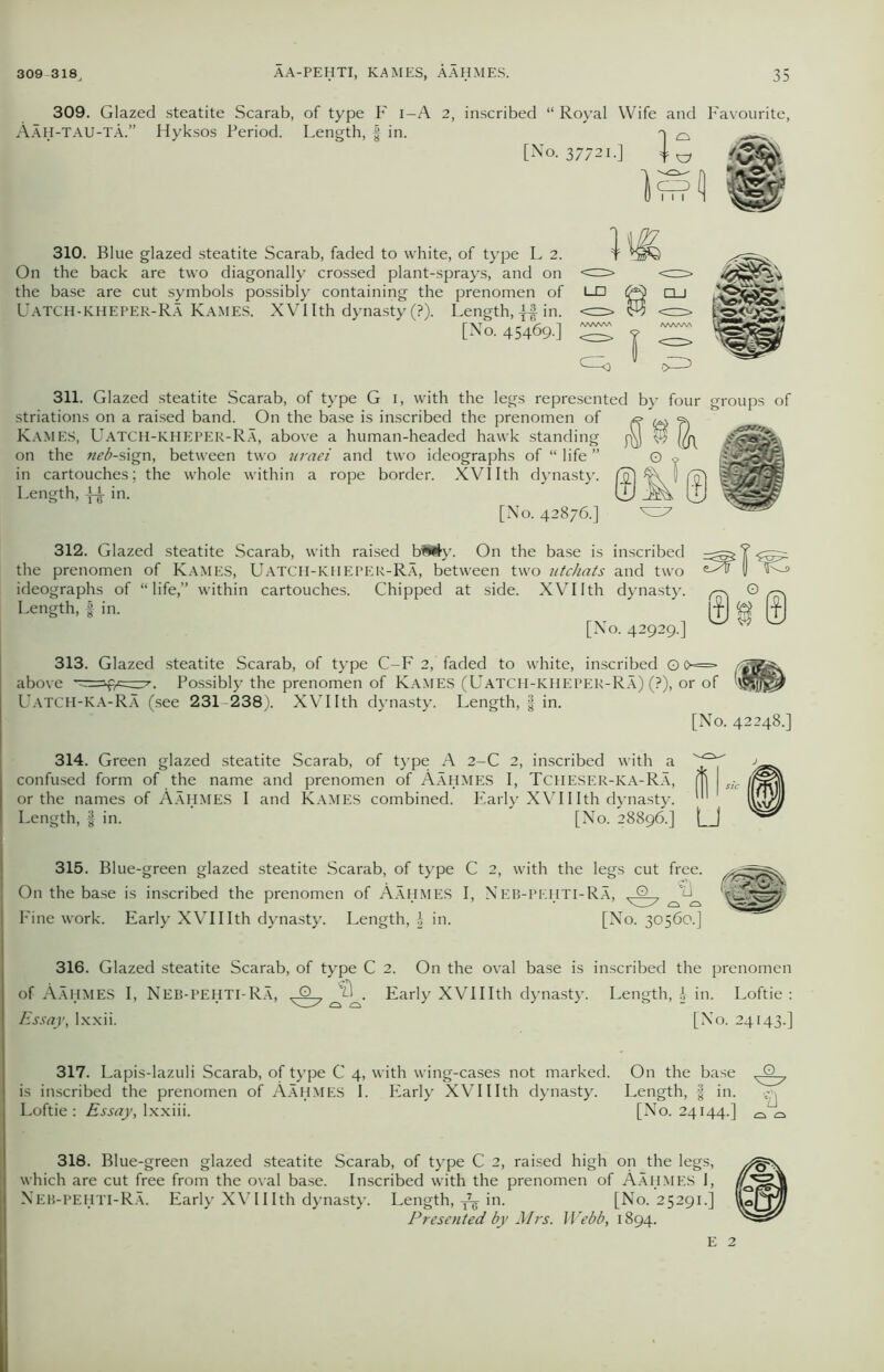 309. Glazed steatite Scarab, Aah-tau-tA.” Hyksos Period. of type F i Length, § in. ■A 2, inscribed “ Royal Wife and Favourite, [No. 37721.] ] ) 310. Blue glazed steatite Scarab, faded to white, of type L 2. On the back are two diagonally crossed plant-sprays, and on the base are cut symbols possibly containing the prenomen of Uatch-kheper-Ra Kames. XVIIth dynasty (?). Length, in. [No. 45469.] 311. Glazed steatite Scarab, of type G 1, with the legs represented by four groups of striations on a raised band. On the base is inscribed the prenomen of Kames, Uatch-kheper-Ra, above a human-headed hawk standing on the neb-sign, between two uraei and two ideographs of “ life ” in cartouches; the whole within a rope border. XVIIth dynasty. Length, in. [No. 42876.] 312. Glazed steatite Scarab, with raised tanly. On the base is inscribed the prenomen of Kames, Uatch-kheper-Ra, between two utchats and two ideographs of “life,” within cartouches. Chipped at side. XVIIth dynasty. Length, f in. [No. 42929.] ©t © 313. Glazed steatite Scarab, of type C-F 2, faded to white, inscribed O >=> 'aBSiSs above Possibly the prenomen of KAMES (UATCH-KHEPER-RA) (?), or of Uatch-KA-Ra (see 231 238). XVI Ith dynasty. Length, f in. [No. 42248.] 314. Green glazed steatite Scarab, of type A 2-C 2, inscribed with a confused form of the name and prenomen of Aahmes I, Tciieser-ka-Ra, or the names of Aahmes I and Kames combined. Early XVII Ith dynasty. Length, § in. [No. 28896.] 315. Blue-green glazed steatite Scarab, of type C 2, with the legs cut free. On the base is inscribed the prenomen of Aahmes I, Neb-pehti-Ra, Fine work. Early XVII Ith dynasty. Length, \ in. [No. 30560.] 316. Glazed steatite Scarab, of type C 2. On the oval base is inscribed the prenomen of Aahmes I, Neb-pehti-Ra, ^ Early XVIIIth dynasty. Length, i in. Loftie : Essay, lxxii. [No. 24143.] 317. Lapis-lazuli Scarab, of type C 4, with wing-cases not marked. On the base is inscribed the prenomen of Aahmes I. Early XVIIIth dynasty. Length, f in. Loftie: Essay, lxxiii. [No. 24144.] 318. Blue-green glazed steatite Scarab, of type C 2, raised high on the legs, which are cut free from the oval base. Inscribed with the prenomen of Aahmes I, Neb-pehti-Ra. Early XVIIIth dynasty. Length, -fa in. [No. 25291.] Presented by Mrs. Webb, 1894. E 2