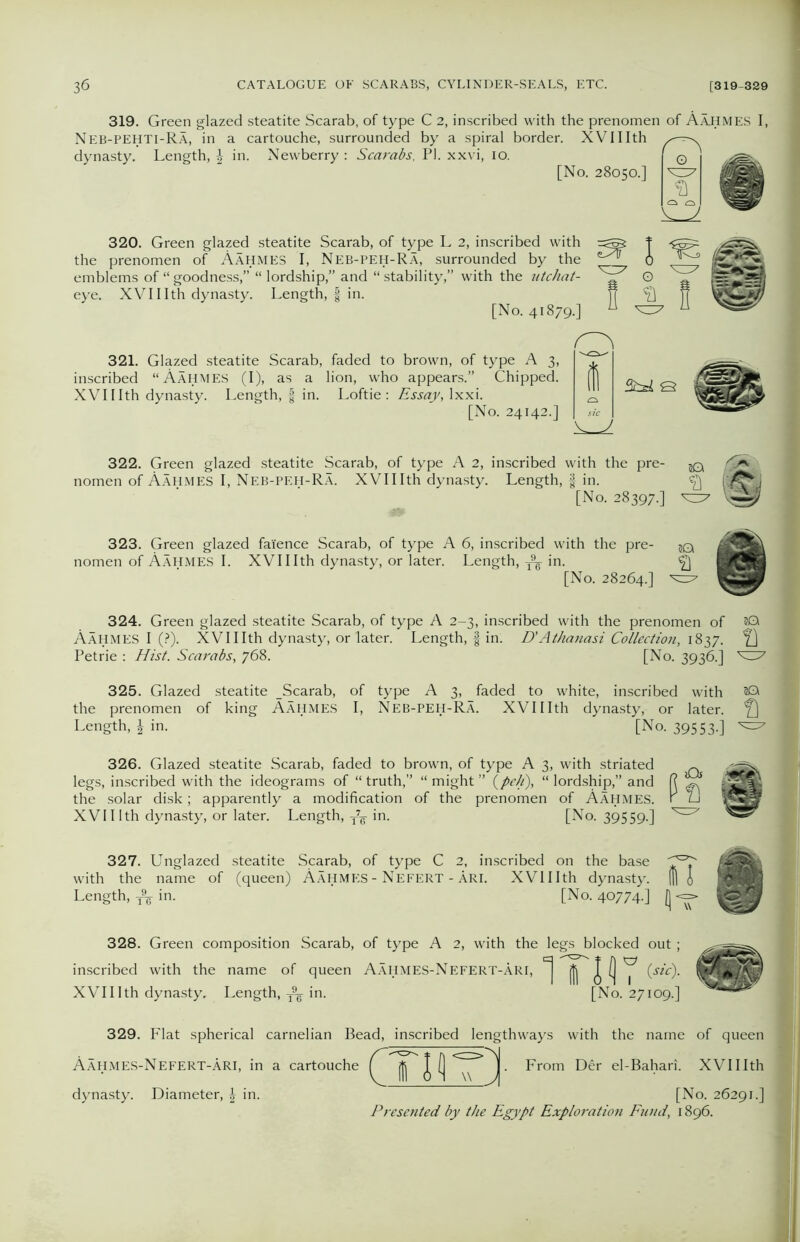 319. Green glazed steatite Scarab, of type C 2, inscribed with the prenomen of Aajhmes I, Neb-PEHTI-Ra, in a cartouche, surrounded by a spiral boi dynasty. Length, | in. Newberry : Scarabs, PI. xxvi, io. the prenomen of Aahmes I, Neb-peh-Ra, surrounded by th< emblems of “ goodness,” “ lordship,” and “ stability,” with the utchat eye. XVIIIth dynasty. Length, f in. [No. 41879.] XVIIIth O 0. 28050.] V e ^ l ■- V7 © 3Z7 321. Glazed steatite Scarab, faded to brown, of type A 3, inscribed “Aahmes (I), as a lion, who appears.” Chipped. XVIIIth dynasty. Length, | in. Loftie : Essay, lxxi. [No. 24142.] a Q 322. Green glazed steatite Scarab, of type A 2, inscribed with the pre- jq nomen of Aahmes I, Neb-peh-Ra. XVIIIth dynasty. Length, § in. ^ I [No. 28397.] *—’ 323. Green glazed faience Scarab, of type A 6, inscribed with the pre- ?q nomen of Aahmes I. XVIIIth dynasty, or later. Length, [No. 28264.] 324. Green glazed steatite Scarab, of type A 2-3, inscribed with the prenomen of Aahmes I (?). XVIIIth dynasty, or later. Length, fin. D'Athanasi Collection, 1837. Petrie : Hist. Scarabs, 768. [No. 3936.] 325. Glazed steatite Scarab, of type A 3, faded to white, inscribed with the prenomen of king Aahmes I, Neb-peh-Ra. XVIIIth dynasty, or later. 326. Glazed steatite Scarab, faded to brown, of type A 3, with striated legs, inscribed with the ideograms of “truth,” “might” (peh), “lordship,” and n ^ the solar disk; apparently a modification of the prenomen of Aahmes. r u XVIIIth dynasty, or later. Length, T7^- in. [No. 39559.] 327. Unglazed steatite Scarab, of type C 2, inscribed on the base with the name of (queen) Aahmes - Nefert - ARI. XVIIIth dynasty. Length, ^ in. [No. 40774.] (|<= 328. Green composition Scarab, of type A 2, with the legs blocked out ; inscribed with the name of queen AAHMES-NEFERT-ARI, ^ ^ (j ^ (sic). XVIIIth dynasty. Length, ^ in. [No. 27109. 329. Flat spherical carnelian Bead, inscribed lengthways with the name of queen Aahmes-Nefert-ari, in a cartouche ^ jjj J (] ■ Fr°m Der el-Bahari. XVIIIth dynasty. Diameter, \ in. [No. 26291.] Presented by the Egypt Exploration Fund, 1896. (|c3S