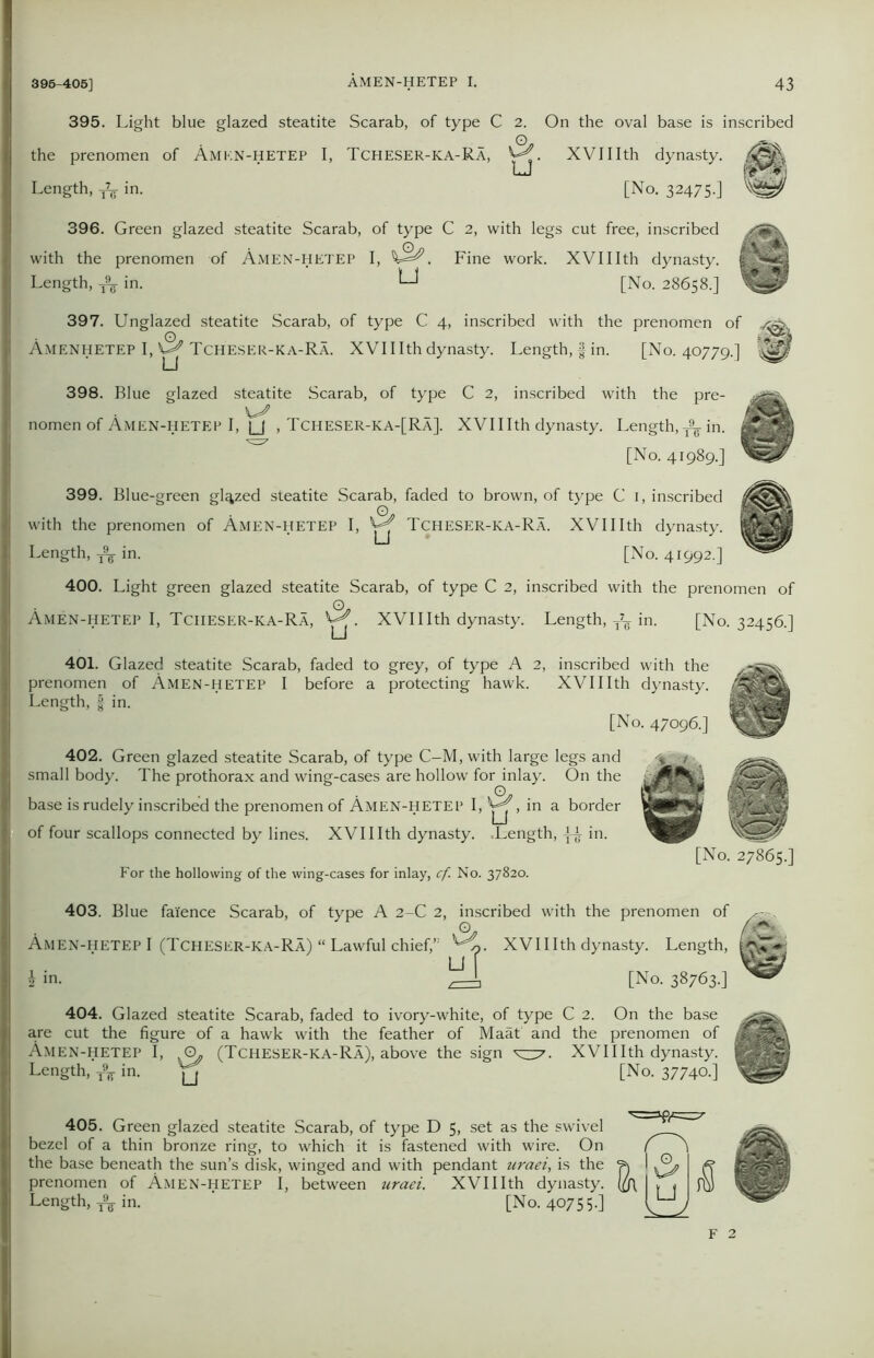 395. Light blue glazed steatite Scarab, of type C 2. the prenomen of Amen-hetep I, Tcheser-ka-Ra, Length, ^ in. On the oval base is inscribed XVIIIth dynasty, f&k [No. 32475.] 396. Green glazed steatite Scarab, of type C 2, with legs cut free, inscribed with the prenomen of Amen-hetep I, . Fine work. XVIIIth dynasty. Length, ^ in. ^ [No. 28658.] 397. Unglazed steatite Scarab, of type C 4, inscribed with the prenomen of Amenhetep I, & Tcheser-ka-Ra. XVIIIth dynasty. Length, fin. [No. 40779.] 398. Blue glazed steatite Scarab, of type C 2, inscribed with the pre- nomen of Amen-HETEP I, U , TcheSER-KA-[Ra]. XVIIIth dynasty. Length,^ in. [No. 41989.] 399. Blue-green glazed steatite Scarab, faded to brown, of type C 1, inscribed with the prenomen of Amen-hetep I, ^ Tcheser-ka-Ra. XVIIIth dynasty. Length, ^ in. [No. 41992.] 400. Light green glazed steatite Scarab, of type C 2, inscribed with the prenomen of Amen-hetep I, Tciieser-ka-Ra, Yr XVIIIth dynasty. Length, T7¥ in. [No. 32456.] 401. Glazed steatite Scarab, faded to grey, of type A 2, inscribed with the prenomen of Amen-hetep I before a protecting hawk. XVIIIth dynasty. Length, § in. [No. 47096.] 402. Green glazed steatite Scarab, of type C-M, with large legs and small body. The prothorax and wing-cases are hollow for inlay. On the base is rudely inscribed the prenomen of Amen-hetep I, in a border of four scallops connected by lines. XVIIIth dynasty. .Length, in. For the hollowing of the wing-cases for inlay, cf. No. 37820. [No. 27865. 403. Blue faience Scarab, of type A 2-C 2, inscribed with the prenomen of Amen-hetep I (Tcheser-ka-Ra) “ Lawful chief,'u^>. XVIIIth dynasty. Length, U [ \ in. ,—\ [No. 38763.] 404. Glazed steatite Scarab, faded to ivory-white, of type C 2. On the base are cut the figure of a hawk with the feather of Maat and the prenomen of Amen-hetep I, (Tcheser-ka-Ra), above the sign X37. XVIIIth dynasty. Length, T9^ in. [No. 37740.] 405. Green glazed steatite Scarab, of type D 5, set as the swivel bezel of a thin bronze ring, to which it is fastened with wire. On the base beneath the sun’s disk, winged and with pendant uraei, is the prenomen of Amen-hetep I, between uraei. XVIIIth dynasty. Length, ^ in. ’ [No. 40755.] F 2