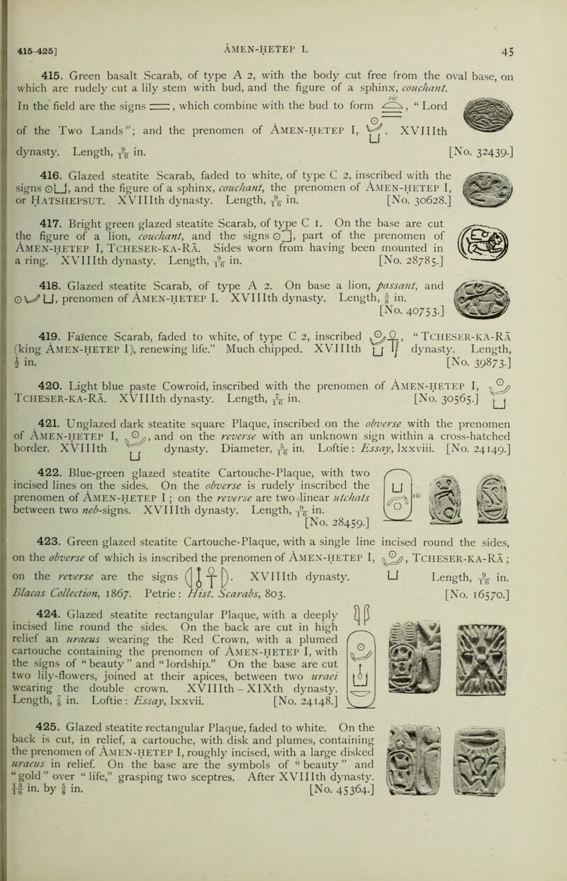 415. Green basalt Scarab, of type A 2, with the body cut free from the oval base, on which are rudely cut a lily stem with bud, and the figure of a sphinx, couchant. In the field are the signs , which combine with the bud to form , “ Lord of the Two Lands”; and the prenomen of Amen-HETEP I, ^. XVIIIth dynasty. Length, ^ in. [No. 32439.] 416. Glazed steatite Scarab, faded to white, of type C 2, inscribed with the signs oLJ. and the figure of a sphinx, couchant, the prenomen of Amen-hetep I, or Hatshepsut. XVIIIth dynasty. Length, in. [No. 30628.] 417. Bright green glazed steatite Scarab, of type C 1. On the base are cut the figure of a lion, couchant, and the signs gT], part of the prenomen of Amen-hetep I, Tcheser-ka-Ra. Sides worn from having been mounted in a ring. XVIIIth dynasty. Length, ^ in. [No. 28785.] 418. Glazed steatite Scarab, of type A 2. On base a lion, passant, and OW^LJ, prenomen of Amen-hetep I. XVIIIth dynasty. Length, f in. mmm [No. 40753.] \SB 419. Faience Scarab, faded to white, of type C 2, inscribed (king Amen-hetep I), renewing life.” Much chipped. XVIIIth u IJ i in. “ Tcheser-ka-Ra dynasty. Length, [No. 39873-] 420. Light blue paste Cowroid, inscribed with the prenomen of Amen-hetep I, Tcheser-ka-Ra. XVIIIth dynasty. Length, Jg-in. [No. 30565.] 421. Unglazed dark steatite square Plaque, inscribed on the obverse with the prenomen of Amen-hetep I, . 0«, and on the reverse with an unknown sign within a cross-hatched border. XVlIIth dynasty. Diameter, T6 in. Loftie : Essay, lxxviii. [No. 24149.] 422. Blue-green glazed steatite Cartouche-Plaque, with two incised lines on the sides. On the obverse is rudely inscribed the prenomen of Amen-HETEP I; on the reverse are two linear utchats between two «^-signs. XVIIIth dynasty. Length, T9g- in. [No. 28459.] 423. Green glazed steatite Cartouche-Plaque, with a single line incised round the sides, on the obverse of which is inscribed the prenomen of Amen-HETEP I, , Tcheser-KA-Ra ; on the reverse are the signs Blacas Collection, 1867. Petrie: dm- XVIIIth dynasty. Hist. Scarabs, 803. u Length, in. [No. 16570.] 424. Glazed steatite rectangular Plaque, with a deeply incised line round the sides. On the back are cut in high relief an uraeus wearing the Red Crown, with a plumed cartouche containing the prenomen of Amen-hetep I, with the signs of “ beauty ” and “ lordship.” On the base are cut two lily-flowers, joined at their apices, between two uraei wearing the double crown. XVIIIth - XIXth dynasty. Length, f in. Loftie: Essay, lxxvii. [No. 24148.] 425. Glazed steatite rectangular Plaque, faded to white. On the back is cut, in relief, a cartouche, with disk and plumes, containing the prenomen of Amen-hetep I, roughly incised, with a large disked uraeus in relief. On the base are the symbols of “ beauty ” and “gold” over “ life,” grasping two sceptres. After XVIIIth dynasty. U in. by f in. [No. 45364-] p