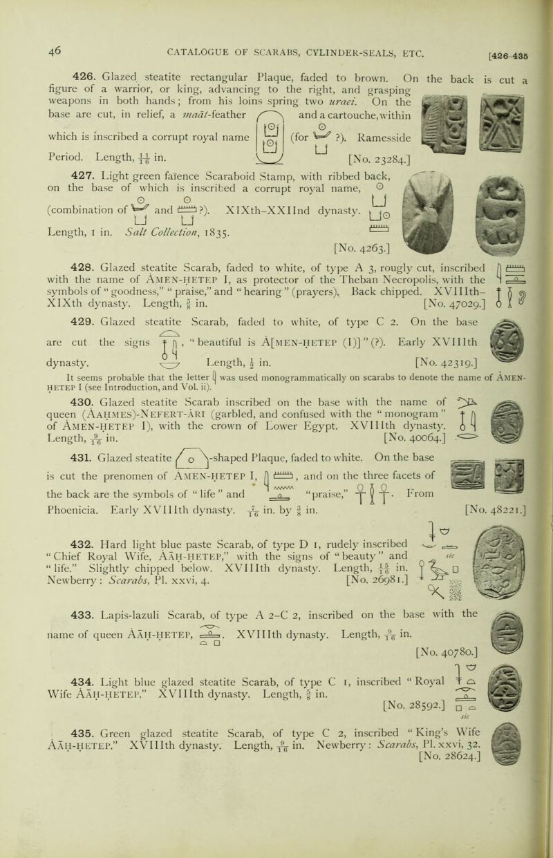 [426-435 426. Glazed, steatite rectangular Plaque, faded to brown. On the back is cut a figure of a warrior, or king, advancing to the right, and grasping weapons in both hands; from his loins spring two uraei. On the base are cut, in relief, a maat-kaXher f ^ and a cartouche, within (£! I12J o (for W' ?). U Ramesside [No. 23284.] which is inscribed a corrupt royal name Period. Length, -LA. in. 427. Light green faience Scaraboid Stamp, with ribbed back, on the base of which is inscribed a corrupt royal name, © 00 M (combination of and ?). XIXth-XXIInd dynasty. ^jQ [No. 4263.] 428. Glazed steatite Scarab, faded to white, of type A 3, rougly cut, inscribed with the name of Amen-HETEP I, as protector of the Theban Necropolis, with the symbols of “ goodness,” “ praise,” and “ hearing ” (prayers), Back chipped. XVIIIth- XlXth dynasty. Length, § in. [No. 47029.] 429. Glazed steatite Scarab, faded to white, of type C 2. On the base are cut the sisjns Length, 1 in. u u Salt Collection, 1835. dynasty. “beautiful is A[men-hetep (!)]”(?)• Early XVlIIth Length, \ in. [No. 423I9v It seems probable that the letter Ij was used monogrammatically on scarabs to denote the name of Amen- hetep I (see Introduction, and Vol. ii). 430. Glazed steatite Scarab inscribed on the base with the name of queen (Aahmes)-Nefert-ari (garbled, and confused with the “monogram” f A of Amen-HETEP I), with the crown of Lower Egypt. XVIIIth dynasty, i ‘■J Length, ^ in. [No. 40064.] 431. Glazed steatite ^oT^-shaped Plaque, faded to white. On the base , and on the three facets of is cut the prenomen of Amen-HETEP I, the back are the symbols of “life” and o “praise,’ Phoenicia. Early XVII Ith dynasty. T7g- in. by f in. m From 432. Hard light blue paste Scarab, of type D 1, rudely inscribed “ Chief Royal Wife, Aah-hetep,” with the signs of “ beauty ” and “life.” Slightly chipped below. XVII Ith dynasty. Length, in. y q Newberry: Scarabs, PI. xxvi, 4. [No. 26981.] xi 433. Lapis-lazuli Scarab, of type A 2-C 2, inscribed on the base with the name of queen Aah-HETEP, c=4=.. XVII Ith dynasty. Length, in. ^ □ [No. 40780.] 1” 434. Light blue glazed steatite Scarab, of type C 1, inscribed “Royal T o Wife Aah-hetep.” XVII Ith dynasty. Length, f in. [No. 28592.] D 0 435. Green glazed steatite Scarab, of type C 2, inscribed “ King’s Wife Aah-hetep.” XVII Ith dynasty. Length, yL in. Newberry : Scarabs, PI. xxvi, 32. [No. 28624.]