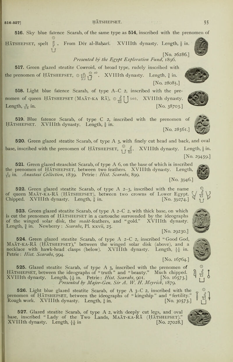 XVIIIth dynasty. Length, \ in. 516. Sky blue faience Scarab, of the same type as 514, inscribed with the prenomen of O HATSHEPSET, spelt p . From Der al-Bahari. U [No. 26286.] Presented by the Egypt Exploration Fund, 1896. 517. Green glazed steatite Cowroid, of broad type, rudely inscribed with the prenomen of HATSHEPSET, 0 ^ >Q ”*• XVIIIth dynasty. Length, f in. [No. 28085.] 518. Light blue faience Scarab, of type A-C 2, inscribed with the pre- nomen of queen HATSHEPSET (Maat-ka Ra), 0 ^ (J XVIIIth dynasty. Length, ^ in. [No. 38703. 519. Blue faience Scarab, of type C 2, inscribed with the prenomen of i! Hatshepset. XVIIIth dynasty. Length, f in. [No. 28561.] 520. Green glazed steatite Scarab, of type A 3, with finely cut head and back, and oval I base, inscribed with the prenomen of HATSHEPSET, ^ XVIIIth dynasty. Length, \ in. [No. 29459.] 521. Green glazed steaschist Scarab, of type A 6, on the base of which is inscribed the prenomen of HATSHEPSET, between two feathers. XVIIIth dynasty. Length, in. Anastasi Collection, 1839. Petrie: Hist. Scarabs, 899. [No. 3946.] 522. Green glazed steatite Scarab, of type A 2-3, inscribed with the name ' of queen Maat-ka-Ra (Hatshepset), between two crowns of Lower Egypt. I Chipped. XVIIIth dynasty. Length, § in. [No. 39274.] G 4 U 523. Green glazed steatite Scarab, of type A 2-C 2, with thick base, on which || is cut the prenomen of HATSHEPSET in a cartouche surrounded by the ideographs | of the winged solar disk, the niadt-feathers, and “gold.” XVIIIth dynasty. [j Length, f in. Newberry : Scarabs, PI. xxvii, 25. [No. 29230.] 524. Green glazed steatite Scarab, of type A 2-C 2, inscribed “Good God, Maat-ka-Ra (Hatshepset),” between the winged solar disk (above), and a necklace with hawk-head clasps (below). XVIIIth dynasty. Length, {-£■ in. ! Petrie : Hist. Scarabs, 994. [No. 16764.] 525. Glazed steatite Scarab, of type A 3, inscribed with the prenomen of I Hatshepset, between the ideographs of “truth” and “beauty.” Much chipped. I XVIIIth dynasty. Length,in. Petrie: Hist. Scarabs, 901. [No. 16573.] Presented by Major-Gen. Sir A. W. H. Meyrick, 1879. 526. Light blue glazed steatite Scarab, of type A 3-C 2, inscribed with the I prenomen of Hatshepset, between the ideographs of “kingship” and “fertility.” I Rough work. XVIIIth dynasty. Length, § in. [No. 30573.] Q 527. Glazed steatite Scarab, of type A 2, with deeply cut legs, and oval base, inscribed “ Lady of the Two Lands, Maat-ka-Ra (Hatshepset).” XVIIIth dynasty. Length, in [No. 27028.]