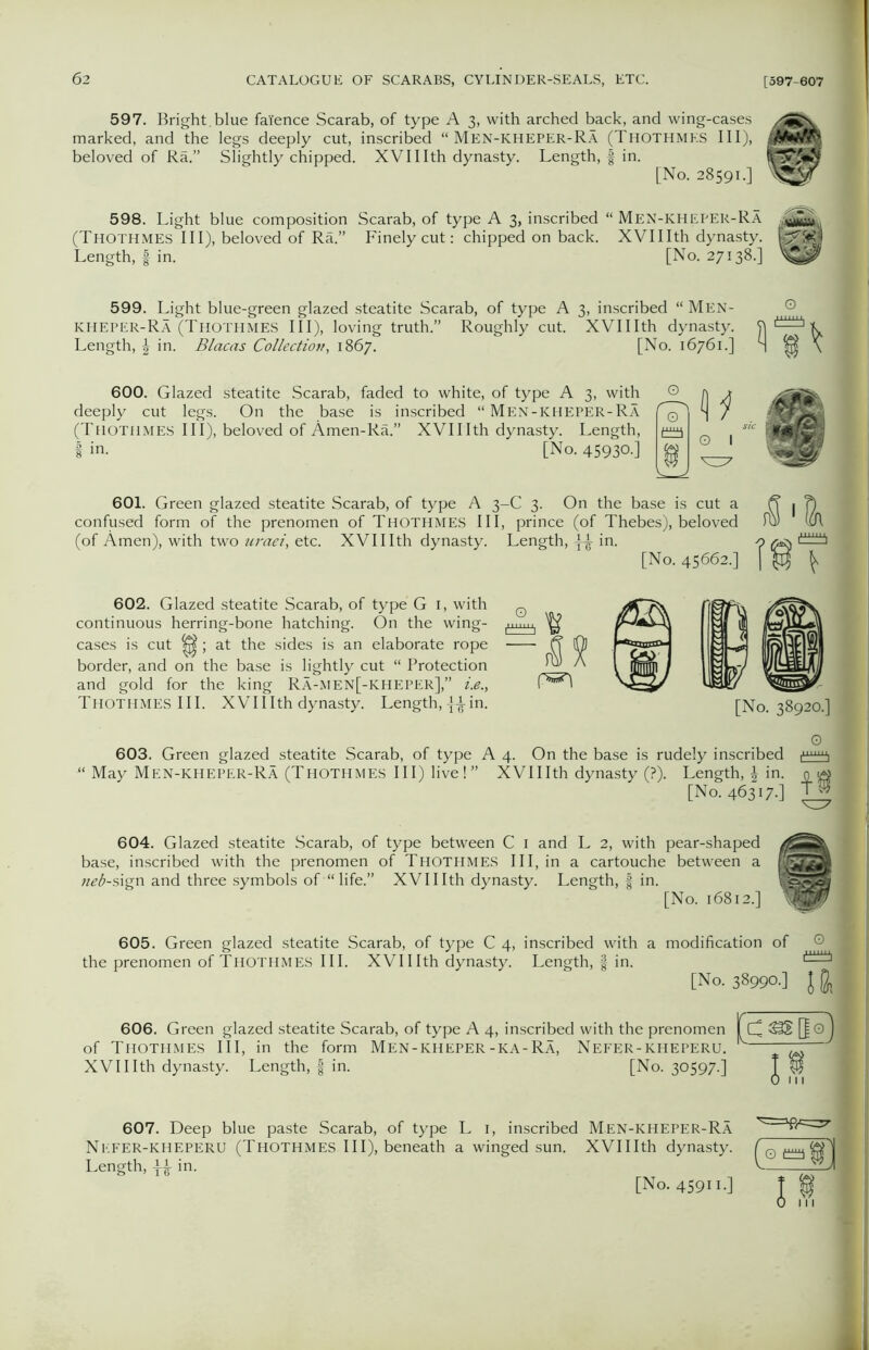 597. Bright.blue faience Scarab, of type A 3, with arched back, and wing-cases marked, and the legs deeply cut, inscribed “Men-kheper-Ra (Thothmks III), beloved of Ra.” Slightly chipped. XVIIIth dynasty. Length, | in. {KBB [No. 28591.] 598. Light blue composition Scarab, of type A 3, inscribed (Thothmes III), beloved of Ra.” Finely cut: chipped on back. Length, | in. Men-kheper-Ra XVIIIth dynasty. [No. 27138.] 599. Light blue-green glazed steatite Scarab, of type A 3, inscribed “ Men- icheper-Ra (Thothmes III), loving truth.” Roughly cut. XVIIIth dynasty. 9| Length, in. Blacas Collection, 1867. [No. 16761.] S ^ 600. Glazed steatite Scarab, faded to white, of type A 3, with deeply cut legs. On the base is inscribed “Men-kheper-Ra (Thothmes III), beloved of Amen-Ra.” XVIIIth dynasty. Length, I in. [No. 45930.] O O I 601. Green glazed steatite Scarab, of type A 3-C 3. On the base is cut a ^ | D confused form of the prenomen of Thothmes III, prince (of Thebes), beloved m) (61 (of Amen), with two uraei, etc. XVIIIth dynasty. Length, in. -o ^ [No. 45662.] I pj ^ 602. Glazed steatite Scarab, of type G 1, with continuous herring-bone hatching. On the wing- cases is cut ; at the sides is an elaborate rope border, and on the base is lightly cut “ Protection and gold for the king Ra-MEN[-KHEPER],” i.e., Thothmes III. XVIIIth dynasty. Length, y-g-in. [No. 38920.] 603. Green glazed steatite Scarab, of type A 4. On the base is rudely inscribed May Men-kheper-Ra (Thothmes III) live!” XVIIIth dynasty (?). Length, \ in. n $ [No. 46317.] jj* 604. Glazed steatite Scarab, of type between C 1 and L 2, with pear-shaped base, inscribed with the prenomen of Thothmes III, in a cartouche between a {feSjA «^-sign and three symbols of “ life.” XVIIIth dynasty. Length, f in. [No. 16812.] 605. Green glazed steatite Scarab, of type C 4, inscribed with a modification of the prenomen of Thothmes III. XVIIIth dynasty. Length, f in. [No. 38990.] H 606. Green glazed steatite Scarab, of type A 4, inscribed with the prenomen [ C Q © of Thothmes III, in the form Men-kheper-ka-Ra, Nefer-kheperu. ^ XVIIIth dynasty. Length, f in. [No. 30597.] T 607. Deep blue paste Scarab, of type L 1, inscribed Men-kheper-Ra Nefer-kheperu (Thothmes III), beneath a winged sun. XVIIIth dynasty. Length, -ti- in. (°°f 1 1% [No. 459II-]