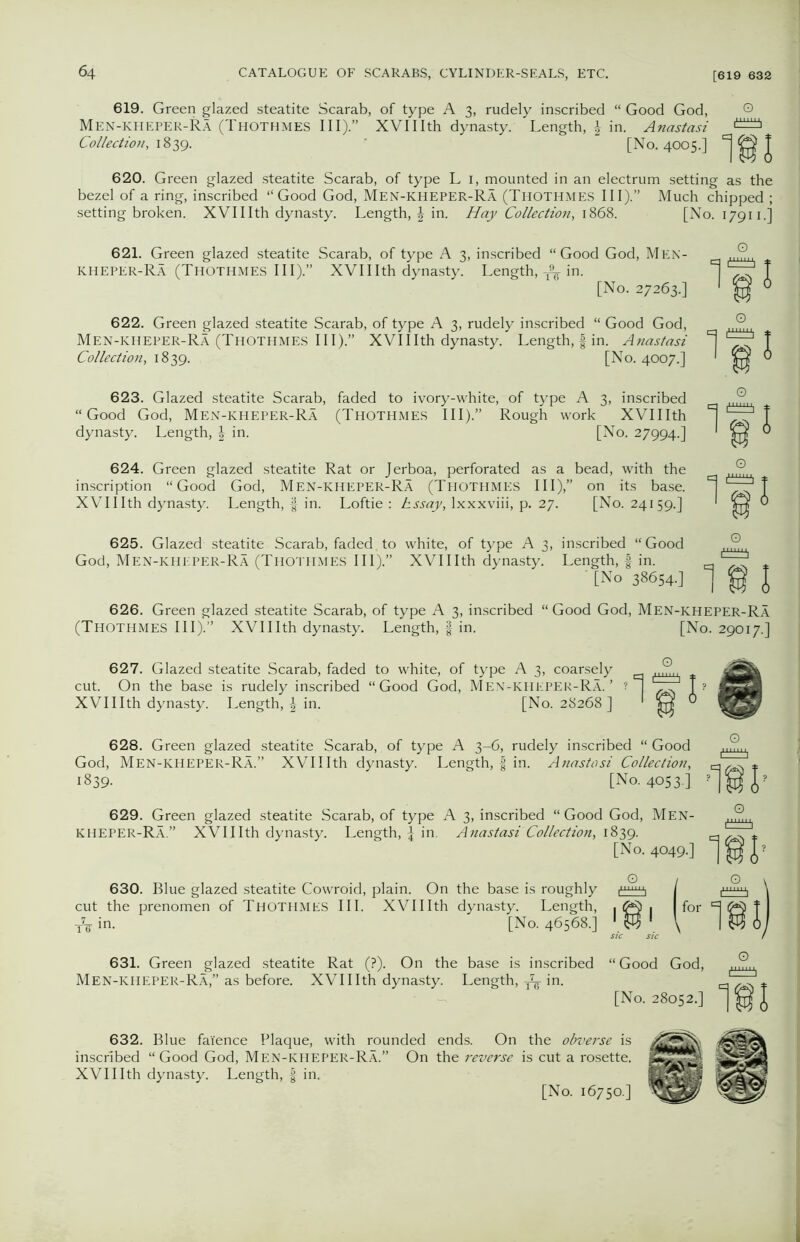 619. Green glazed steatite Scarab, of type A 3, rudely inscribed “ Good God, G Men-KHEPER-Ra (Thothmes III).” XVIIIth dynasty. Length, \ in. Anastasi Collection, 1839. [No. 4005.] ^ J 620. Green glazed steatite Scarab, of type L 1, mounted in an electrum setting as the bezel of a ring, inscribed “Good God, Men-kheper-Ra (Thothmes III).” Much chipped ; setting broken. XVIIIth dynasty. Length, J in. Hay Collection, 1868. [No. 17911.] 621. Green glazed steatite Scarab, of type A 3, inscribed “Good God, Men- kheper-Ra (Thothmes III).” XVIIIth dynasty. Length, fa in. [No. 27263.] 622. Green glazed steatite Scarab, of type A 3, rudely inscribed “ Good God, Men-KHEPER-Ra (Thothmes III).” XVIIIth dynasty. Length, fin. Anastasi Collection, 1839. [No. 4007.] 623. Glazed steatite Scarab, faded to ivory-white, of type A 3, inscribed “Good God, Men-kheper-Ra (Thothmes III).” Rough work XVIIIth dynasty. Length, in. [No. 27994.] 624. Green glazed steatite Rat or Jerboa, perforated as a bead, with the inscription “Good God, Men-kheper-Ra (Thothmes III),” on its base. XVIIIth dynasty. Length, § in. Loftie : Essay, lxxxviii, p. 27. [No. 24159.] 625. Glazed steatite Scarab, faded to white, of type A 3, inscribed “Good „ God, Men-icheper-Ra (Thothmes III).” XVIIIth dynasty. Length, f in. [No 38654.] ] gf J 626. Green glazed steatite Scarab, of type A 3, inscribed “ Good God, Men-kheper-Ra (Thothmes III).” XVIIIth dynasty. Length, § in. [No. 29017.] 627. Glazed steatite Scarab, faded to white, of type A 3, coarsely cut. On the base is rudely inscribed “Good God, Men-KHEPER-Ra. ’ ? XVIIIth dynasty. Length, \ in. [No. 28268] r 'M 628. Green glazed steatite Scarab, of type A 3-6, rudely inscribed “ Good God, Men-kheper-Ra.” XVIIIth dynasty. Length, | in. Anastasi Collection, 1839. [No. 4053 ] '181' 629. Green glazed steatite Scarab, of type A 3, inscribed “ Good God, Men- KHEPER-Ra” XVIIIth dynasty. Length, \ in. Anastasi Collection, 1839. [No. 4049.] 1 m- 630. Blue glazed steatite Cowroid, plain. On the base is roughly cut the prenomen of Thothmes III. XVIIIth dynasty. Length, fa in. [No. 46568.] 631. Green glazed steatite Rat (?). On the base is inscribed “Good God, Men-KHEPER-Ra,” as before. XVIIIth dynasty. Length, fa in. > * [No. 28052.] 632. Blue faience Plaque, with rounded ends. On the obverse is inscribed “Good God, Men-KHEPER-Ra.” On the reverse is cut a rosette. XVIIIth dynasty. Length, | in. [No. 16750.]