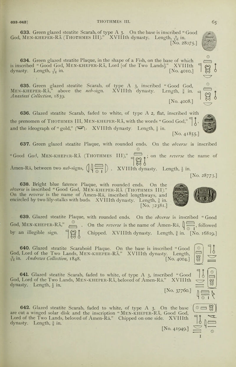 633. Green glazed steatite Scarab, of type A 3. On the base is inscribed “ Good God, Men-kheper-Ra (Thothmes III).” XVIIIth dynasty. Length, T9¥ in. [No. 28075.] [T? 634. Green glazed steatite Plaque, in the shape of a Fish, on the base of which d “ Gooc ~~ --- dynasty. Length, is inscribed “Good God, Men-kheper-Ra, Lord [of the Two Lands].” XVIIIth ^ [No. 4010.] I 635. Green glazed steatite Scarab, of type A 3, inscribed “ Good God, Men-kheper-Ra,” above the neb-sign. XVIIIth dynasty. Length, § in. Anastasi Collection, 1839. [No. 4008.] 636. Glazed steatite Scarab, faded to white, of type A 2, flat, inscribed with the prenomen of Thothmes III, Men-kheper-Ra, with the words “ Good God,” J, [No. 41855-] O 1 B J and the ideograph of “gold,” fW]. XVIIIth dynasty, Length, £ in. 637. Green glazed steatite Plaque, with rounded ends. On the obverse is inscribed o “Good God, Men-kheper-Ra (Thothmes III),” ~rr1 • on the reverse the name of /ini\ I0 Amen-Ra, between two neb-signs, (J (| ]J . XVIIIth dynasty. Length, in. [No. 28773.] 638. Bright blue faience Plaque, with rounded ends. On the obverse is inscribed “Good God, Men-kheper-Ra (Thothmes III).” On the reverse is the name of Amen-Ra, inscribed lengthways, and encircled by two lily-stalks with buds. XVIIIth dynasty. Length, f in. [No. 52381.] 639. Glazed steatite Plaque, with rounded ends. Imnu1 . On the reverse is the name of Amen-Ra God, Men-kheper-Ra,” by an illegible sign. ^ J On the obverse is inscribed i11^ Good , followed 640. Glazed steatite Scaraboid Plaque. On God, Lord of the Two Lands, Men-KHEPER-Ra.” At in- Andrews Collection, 1848. Chipped. XVIIIth dynasty. Length, f in. [No. 16819.] ~ 1] the base is inscribed “ Good XVIIIth dynasty. Length, [No. 4004.] 641. Glazed steatite Scarab, faded to white, of type A 3, inscribed “ Good God, Lord of the Two Lands, Men-kheper-Ra, beloved of Amen-Ra.” XVIIIth dynasty. Length, \ in. [No. 37760.] 11 0 313 a I] « K / A/SAAAA y* 1 O I \ 642. Glazed steatite Scarab, faded to white, of type A 3. On the base ( O ra g] ut a winged solar disk and the inscriotion “ Men-KHEPER-Ra. Good God. V ^ 1 of the Two Land: dynasty. Length, f in, are cut a winged solar disk and the inscription “Men-KHEPER-Ra, Good God, Lord of the Two Lands, beloved of Amen-Ra.” Chipped on one side. XVIIIth J [No. 41949-] Jj[U^ O