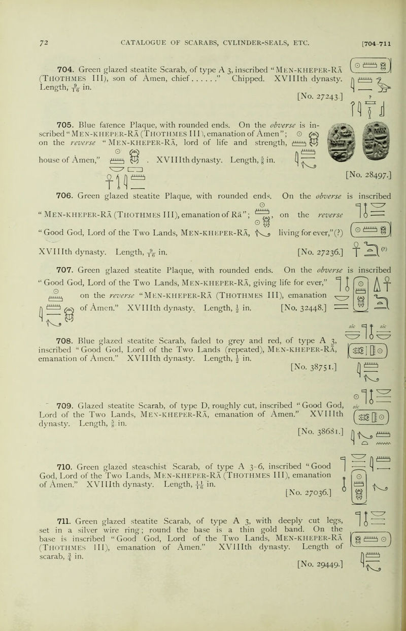 704. Green glazed steatite Scarab, of type A 3, inscribed “ Men-kheper-Ra (Thothmes III), son of Amen, chief ” Chipped. XVIIIth dynasty. Length, -A- in. [No. 27243.] C°gi] nti 705. Blue faience Plaque, with rounded ends. On the obverse is in- scribed “ Men-kheper-Ra (Thothmes III), emanation of Amen”; O ^ on the reverse “ Men-KHEPER-Ra, lord of life and strength, PJ-Lxxl-Ii ° ® house of Amen,” ^^1 <U>! . XVIIIth dynasty. Length, § in. crm fl<l“ [No. 28497.] 706. Green glazed steatite Plaque, with rounded ends. o “ Men-kheper-Ra (Thothmes III), emanation of Ra”; ©1 “Good God, Lord of the Two Lands, Men-kheper-Ra, XVIIIth dynasty. Length, in. On the obverse is inscribed 1i = on the reverse living for ever,” (?) ( © [No. 27236.] ,] ^ 707. Green glazed steatite Plaque, with rounded ends. On the obverse is inscribed “ Good God, Lord of the Two Lands, Men-KHEPER-Ra, giving life for ever,” ^ J o ^ ^ .mm,, on the reverse “Men-kheper-Ra (Thothmes III), emanation of Amen.” XVIIIth dynasty. Length, in. [No. 32448.] '• Vf 708. Blue glazed steatite Scarab, faded to grey and red, of type A 3, inscribed “Good God, Lord of the Two Lands (repeated), Men-kheper-Ra, emanation of Amen.” XVIIIth dynasty. Length, \ in. [No. 38751-] ;U I) 709. Glazed steatite Scarab, of type D, roughly cut, inscribed “ Good God, Lord of the Two Lands, Me\-kheper-Ra, emanation of Amen.” XVIIIth dynasty. Length, f in. [No. 38681.] 710. Green glazed steaschist Scarab, of type A 3-6, inscribed “ Good God, Lord of the Two Lands, Men-kheper-Ra (Thothmes III), emanation of Amen.” XVIIIth dynasty. Length, in. [No. 27036.] 1 l Kj 711. Green glazed steatite Scarab, of type A 3, with deeply cut legs, set in a silver wire ring; round the base is a thin gold band. On the base is inscribed “Good God, Lord of the Two Lands, Men-kheper-Ra (Thothmes III), emanation of Amen.” XVIIIth dynasty. Length of scarab, f in. 11 = [No. 29449.]
