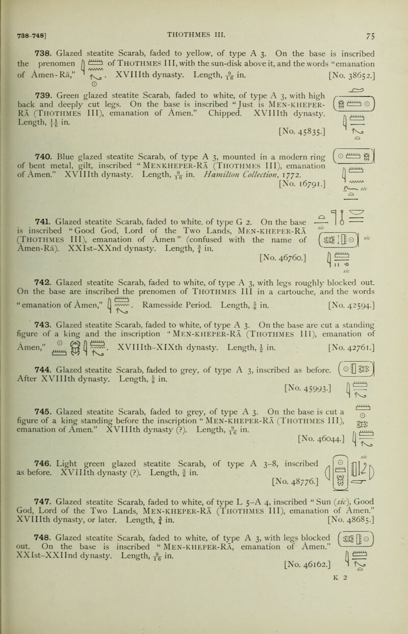 738-748] 7 5 738. Glazed steatite Scarab, faded to yellow, of type A 3. On the base is inscribed the prenomen f) of THOTHMES III, with the sun-disk above it, and the words “emanation U A/WWV of Amen-Ra,” ' ^ . XVI11 th dynasty. Length, ^ in. [No. 38652.] O 739. Green glazed steatite Scarab, faded to white, of type A 3, with high back and deeply cut legs. On the base is inscribed “Just is Men-kheper- Ra (THOTHMES III), emanation of Amen.” Chipped. XVIIIth dynasty. Length, in. [No. 458350 740. Blue glazed steatite Scarab, of type A 3, mounted in a modern ring of bent metal, gilt, inscribed “ Menkheper-Ra (Thothmes III), emanation of Amen.” XVIIIth dynasty. Length, ^ in. Hamilton Collection, 1772. [No. 16791.] 741. Glazed steatite Scarab, faded to white, of type G 2. On the base is inscribed “Good God, Lord of the Two Lands, Men-kheper-Ra (Thothmes III), emanation of Amen” (confused with the name of Amen-Ra). XXIst-XXnd dynasty. Length, f in. [No. 46760.] 742. Glazed steatite Scarab, faded to white, of type A 3, with legs roughly blocked out. On the base are inscribed the prenomen of THOTHMES III in a cartouche, and the words “ emanation of Amen,” Ramesside Period. Length, § in. [No. 42594-1 743. Glazed steatite Scarab, faded to white, of type A 3. On the base are cut a standing figure of a king and the inscription “Men-kheper-Ra (Thothmes III), emanation of Amen,” ^ ^ (j £0. XVIIIth-XIXth dynasty. Length, \ in. [No. 42761.] 744. Glazed steatite Scarab, faded to grey, of type A 3, inscribed as before. (© U J After XVIIIth dynasty. Length, § in. [No. 45993-] |) = 745. Glazed steatite Scarab, faded to grey, of type A 3. On the base is cut a figure of a king standing before the inscription “ Men-kheper-Ra (Thothmes III), emanation of Amen.” XVIIIth dynasty (?). Length, Te in. [No. 46044.] 0 m 746. Light green glazed steatite Scarab, of type A 3-8, inscribed as before. XVIIIth dynasty (?). Length, | in. [No. 48776.] 747. Glazed steatite Scarab, faded to white, of type L 5-A 4, inscribed “ Sun (sic), Good God, Lord of the Two Lands, Men-kheper-Ra (Thothmes III), emanation of Amen.” XVIIIth dynasty, or later. Length, ^ in. [No. 48685.] 748. Glazed steatite Scarab, faded to white, of type A 3, with legs blocked [SS[|o j out. On the base is inscribed “ Men-kheper-Ra, emanation of Amen.” ^— ' XXIst-XXIInd dynasty. Length, ^ in. (| [No. 46162.] 1 IV4,