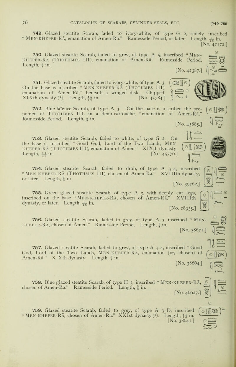 749. Glazed steatite Scarab, faded to ivory-white, of type G 2, rudely inscribed “ Men-KHEPER-Ra, emanation of Amen-Ra.” Ramesside Period, or later. Length, A*- in. [No. 47172.] 750. Glazed steatite Scarab, faded to grey, of type A 5, inscribed “Men- t KHEPER-Ra (Thothmes III), emanation of Amen-Ra.” Ramesside Period. /www m Length, | in. ™ ^ [No. 42387.] 751. Glazed steatite Scarab, faded to ivory-white, of type A 3. ( 3S[| © ) On the base is inscribed “Men-KHEPER-Ra (Thothmes III), V ' emanation of Amen-Ra,” beneath a winged disk. Chipped. XIXth dynasty (?). Length, in. [No. 45784.] 752. Blue faience Scarab, of type A 3. On the base is inscribed the pre- nomen of Thothmes III, in a demi-cartouche, “emanation of Amen-Ra.” Ramesside Period. Length, § in. [No. 45885.] (o[S®) 753. Glazed steatite Scarab, faded to white, of type G 2. On the base is inscribed “Good God, Lord of the Two Lands, Men- f 3-, . kheper-Ra (Thothmes III), emanation of Amen.” XIXth dynasty. [°U i sB Length, fi- in. [No. 45770.] 754. Glazed steatite Scarab, faded to drab, of type A 3-4, inscribed “Men-kheper-Ra (Thothmes III), chosen of Amen-Ra.” XVI11 th dynasty, or later. Length, f in. [No. 39762 ^ 755. Green glazed steatite Scarab, of type A 3, with deeply cut legs, inscribed on the base “ Men-kheper-Ra, chosen of Amen-Ra.” XVIIIth dynasty, or later. Length, ^ in. [No. 28935.] 11- o 756. Glazed steatite Scarab, faded to grey, of type A 3, inscribed “ Men- kheper-Ra, chosen of Amen.” Ramesside Period. Length, § in —1 [No. 38671.] 757. Glazed steatite Scarab, faded to grey, of type A 3-4, inscribed “Good God, Lord of the Two Lands, Men-kheper-Ra, emanation (or, chosen) of Amen-Ra.” XIXth dynasty. Length, f in. [No. 38664.] 11 = (oB®) To* 758. Blue glazed steatite Scarab, of type H 1, inscribed chosen of Amen-Ra.” Ramesside Period. Length, f in. Men-kheper-Ra, © n [No. 46027.] flf TeT 759. Glazed steatite Scarab, faded to grey, of type A 3-D, inscribed f © Men-kheper-Ra, chosen of Amen-Ra.” XXIst dynasty(?). Length, in. ^ — [No. 38641.]
