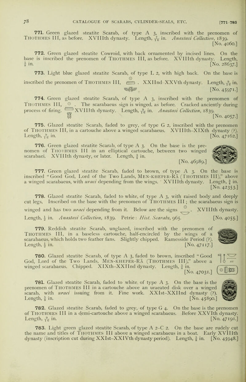 771. Green glazed steatite Scarab, of type A 3, inscribed with the prenomen of THOTHMES III, as before. XVIIIth dynasty. Length,in. Anastasi Collection, 1839. [No. 4060.] 772. Green glazed steatite Cowroid, with back ornamented by incised lines. On the base is inscribed the prenomen of Thothmes III, as before. XVII Ith dynasty. Length, | in. [No. 28637.] 773. Light blue glazed steatite Scarab, of type L 2, with high back. On the base is 0 inscribed the prenomen of Thothmes III, . XXIInd-XXVth dynasty. Length, T9g- in. [No. 45971-] 774. Green glazed steatite Scarab, of type A 3, inscribed with the prenomen of Thothmes III, ©. The scarabaeus sign is winged, as before. Cracked anciently during process of firing. l“——) XVII Ith dynasty. Length, in. Anastasi Collection, 1839. ’ [No. 4057.] 775. Glazed steatite Scarab, faded to grey, of type G 2, inscribed with the prenomen of Thothmes III, in a cartouche above a winged scarabaeus. XVIIIth-XIXth dynasty (?). Length, T9¥ in. [No. 47162.] 776. Green glazed steatite Scarab, of type A 3. On the base is the pre- nomen of Thothmes III in an elliptical cartouche, between two winged scarabaei. XVII Ith dynasty, or later. Length, § in. [No. 46989.] 777. Green glazed steatite Scarab, faded to brown, of type A 3. On the base is inscribed “Good God, Lord of the Two Lands, Men-kheper-Ra (Thothmes III),” above a winged scarabaeus, with uraei depending from the wings. XVI11th dynasty. Length, f in. [No. 42353-] 778. Glazed steatite Scarab, faded to white, of type A 3, with raised body and deeply cut legs. Inscribed on the base with the prenomen of THOTHMES III ; the scarabaeus sign is winged and has two uraei depending from it. Below are the signs Q . XVIIIth dynasty. Length, \ in. Anastasi Collection, 1839. Petrie: Hist. Scarabs, 965. [No. 4055.] 779. Reddish steatite Scarab, unglazed, inscribed with the prenomen of THOTHMES III, in a baseless cartouche, half-encircled by the wings of a scarabaeus, which holds two feather fans. Slightly chipped. Ramesside Period (?). Length, \ in. [No. 47117.] 780. Glazed steatite Scarab, of type A 3, faded to brown, inscribed “ Good H f vy God, Lord of the Two Lands, Men-KHEPER-Ra (THOTHMES III),” above a I 0 sic winged scarabaeus. Chipped. XIXth-XXIInd dynasty. Length, f in. r j-i > [No. 47031.] 781. Glazed steatite Scarab, faded to white, of type A 3. On the base is the jgjgjggk prenomen of THOTHMES III in a cartouche above an uraeated disk over a winged ggjg scarab, with uraei issuing from it. Fine work. XXIst-XXIInd dynasty (?). MM Length, f in. [No. 45890.] 782. Glazed steatite Scarab, faded to grey, of type G 4. On the base is the prenomen of Thothmes III in a demi-cartouche above a winged scarabaeus. Before XXVIth dynasty. Length, T9g in. [No. 47191.] 783. Light green glazed steatite Scarab, of type A 2-C 2. On the base are rudely cut the name and titles of Thothmes III above a winged scarabaeus in a boat. Early XVIIIth dynasty (inscription cut during XXIst-XXIVth dynasty period). Length, f in. [No. 45948.]