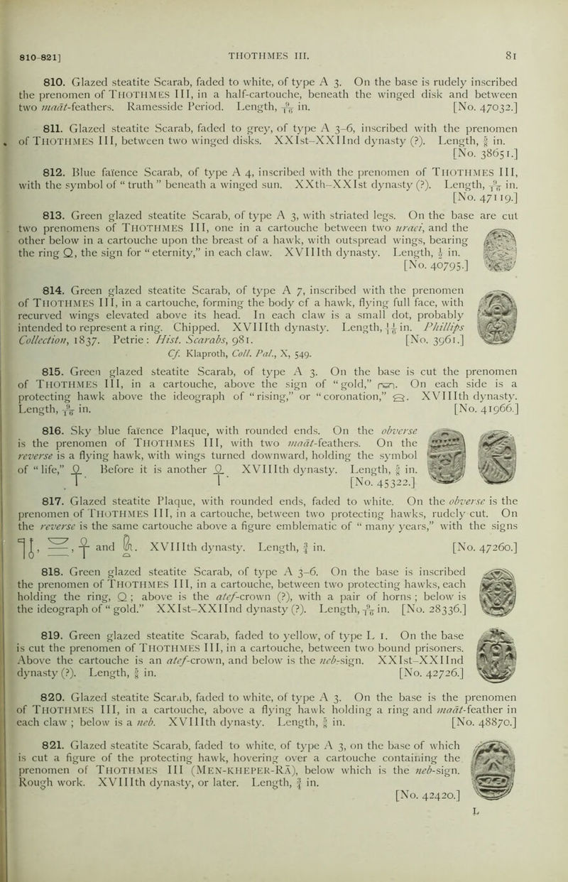 810-821] 810. Glazed steatite Scarab, faded to white, of type A 3. On the base is rudely inscribed the prenomen of THOTHMES III, in a half-cartouche, beneath the winged disk and between two w<ra/-feathers. Ramesside Period. Length, in. [No. 47032.] 811. Glazed steatite Scarab, faded to grey, of type A 3-6, inscribed with the prenomen of THOTHMES III, between two winged disks. XXIst-XXIInd dynasty (?). Length, § in. [No. 38651.] 812. Blue faience Scarab, of type A 4, inscribed with the prenomen of THOTHMES III, with the symbol of “ truth ” beneath a winged sun. XXth-XXIst dynasty (?). Length, T9^ in. [No. 47119.] 813. Green glazed steatite Scarab, of type A 3, with striated legs. On the base are cut two prenomens of THOTHMES III, one in a cartouche between two uraei, and the /fir*' other below in a cartouche upon the breast of a hawk, with outspread wings, bearing ^ the ring Q, the sign for “eternity,” in each claw. XVIIIth dynasty. Length, £ in. ' [No. 407950 814. Green glazed steatite Scarab, of type A 7, inscribed with the prenomen of THOTHMES III, in a cartouche, forming the body cf a hawk, flying full face, with recurved wings elevated above its head. In each claw is a small dot, probably intended to represent a ring. Chipped. XVII Ith dynasty. Length, in. Phillips Collection, 1837. Petrie: Hist. Scarabs, 981. [No. 3961.] Cf. Klaproth, Coll. Pal., X, 549. 815. Green glazed steatite Scarab, of type A 3. On the base is cut the prenomen of THOTHMES III, in a cartouche, above the sign of “gold,” nsn. On each side is a protecting hawk above the ideograph of “rising,” or “coronation,” Q. XVII Ith dynasty. Length, T9^ in. [No. 41966.] 816. Sky blue faience Plaque, with rounded ends. On the obverse is the prenomen of THOTHMES III, with two ;«r7«/-feathers. On the reverse is a flying hawk, with wings turned downward, holding the symbol of “life,” 0 Before it is another 0. XVII Ith dynasty. Length, f in. .1'; T' [No. 45322.] 817. Glazed steatite Plaque, with rounded ends, faded to white. On the obverse is the prenomen of THOTHMES III, in a cartouche, between two protecting hawks, rudely cut. On the reverse is the same cartouche above a figure emblematic of “ many years,” with the signs J'Sf and XVII Ith dynasty. Length, | in. [No. 47260.] 818. Green glazed steatite Scarab, of type A 3-6. On the base is inscribed the prenomen of THOTHMES III, in a cartouche, between two protecting hawks, each regNg holding the ring, Q ; above is the atef-crown (?), with a pair of horns ; below is BSBSBg the ideograph of “ gold.” XXIst-XXIInd dynasty (?). Length, T% in. [No. 28336.] 819. Green glazed steatite Scarab, faded to yellow, of type L 1. On the base is cut the prenomen of THOTHMES III, in a cartouche, between two bound prisoners. Above the cartouche is an atef-crown, and below is the nebrsign. XXIst-XXIInd dynasty (?). Length, § in. [No. 42726.] 820. Glazed steatite Scarab, faded to white, of type A 3. On the base is the prenomen of THOTHMES III, in a cartouche, above a flying hawk holding a ring and maat-feather in each claw ; below is a neb. XVIIIth dynasty. Length, -§ in. [No. 48870.] 821. Glazed steatite Scarab, faded to white, of type A 3, on the base of which is cut a figure of the protecting hawk, hovering over a cartouche containing the prenomen of Teiothmes III (Men-KHEPER-Ra), below which is the neb-sign. ~ XVII Ith dynasty, or later. Length, | in.