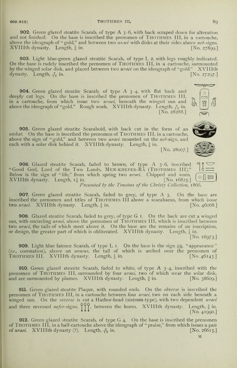 902. Green glazed steatite Scarab, of type A 3-6, with back scraped down for alteration and not finished. On the base is inscribed the prenomen of Thothmes III, in a cartouche, above the ideograph of “ gold,” and between two uraei with disks at their sides above neb-signs. XVIIIth dynasty. Length, f in. [No. 27899.] 903. Light blue-green glazed steatite Scarab, of type L 2, with legs roughly indicated. On the base is rudely inscribed the prenomen of Thothmes III, in a cartouche, surmounted by the winged solar disk, and placed between two uraei on the ideograph of “gold.” XVIIIth dynasty. Length, in. [No. 27297.] 904. Green glazed steatite Scarab, of type A 3-4, with flat back and deeply cut legs. On the base is inscribed the prenomen of Thothmes III, in a cartouche, from which issue two uraei, beneath the winged sun and above the ideograph of “gold.” Rough work. XVIIIth dynasty. Length, ^ in. [No. 28288.] 905. Green glazed steatite Scaraboid, with back cut in the form of an utchat. On the base is inscribed the prenomen of Thothmes III, in a cartouche, above the sign of “ gold,” and between two uraei mounted on the neb-sign, and each with a solar disk behind it. XVIIIth dynasty. Length, § in. [No. 28007.] -\.r ./* 906. Glazed steatite Scarab, faded to brown, of type A 3-6, inscribed ^ f ^^ “Good God, Lord of the Two Lands, Men-KHEPER-Ra (Thothmes III).” 10^=^ Below is the sign of “ life,” from which spring two uraei. Chipped and worn. G ji XVIIIth dynasty. Length, i-£ in. [No. 16825.] Presented by the Trustees of the Christy Collection, 1866. 907. Green glazed steatite Scarab, faded to grey, of type A 3. On the base are inscribed the prenomen and titles of Thothmes III above a scarabaeus, from which issue two uraei. XVIIIth dynasty. Length, f in. [No. 46068.] 908. Glazed steatite Scarab, faded to grey, of type G 1. On the back are cut a winged sun, with encircling uraei, above the prenomen of Thothmes III, which is inscribed between two uraei, the tails of which meet above it. On the base are the remains of an inscription, or design, the greater part of which is obliterated. XVIIIth dynasty. Length, £ in. [No. 16973.] 909. Light blue faience Scarab, of type L 1. On the base is the sign q, “appearance” (i.e., coronation), above an uraeus, the tail of which is arched over the prenomen of Thothmes III. XVIIIth dynasty. Length, £ in. [No. 46143] 910. Green glazed steatite Scarab, faded to white, of type A 3-4, inscribed with the prenomen of Thothmes III, surrounded by four uraei, two of which wear the solar disk, and are surmounted by plumes. XVIIIth dynasty. Length, f in. [No. 38609.] 911. Green glazed steatite Plaque, with rounded ends. On the obverse is inscribed the prenomen of Thothmes III, in a cartouche between four uraei, two on each side beneath a winged sun. On the reverse is cut a Hathor-head (sistrum-type), with two dependent uraei and three reversed nefer-signs, YYY, between the horns. XVIIIth dynasty. Length, f in. *** [No. 41990.] 912. Green glazed steatite Scarab, of type G 4. On the base is inscribed the prenomen of Thothmes III, in a half-cartouche above the ideograph of “ praise,” from which issues a pair oi uraei. XVIIIth dynasty (?). Length,in. [No. 26615.] '