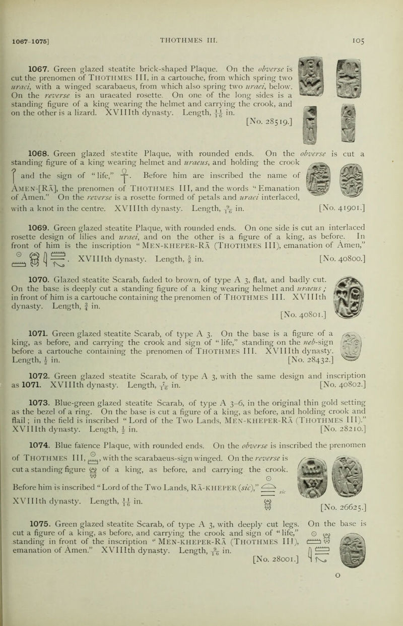 1067. Green glazed steatite brick-shaped Plaque. On the obverse is cut the prenomen of THOTHMES III, in a cartouche, from which spring two uraci, with a winged scarabaeus, from which also spring two uraei, below. On the reverse is an uraeated rosette. On one of the long sides is a standing figure of a king wearing the helmet and carrying the crook, and on the other is a lizard. XVII Ith dynasty. Length, ^ in. [No. 28519.] 1068. Green glazed steatite Plaque, with rounded ends. On the obverse is cut a standing figure of a king wearing helmet and uraens, and holding the crook J and the sign of “life,” Before him are inscribed the name of Amen-[Ra], the prenomen of THOTHMES III, and the words “Emanation of Amen.” On the reverse is a rosette formed of petals and uraei interlaced, with a knot in the centre. XVII Ith dynasty. Length, ^ in. [No. 41901.] 1069. Green glazed steatite Plaque, with rounded ends. On one side is cut an interlaced rosette design of lilies and uraei, and on the other is a figure of a king, as before. In front of him is the inscription “ Men-kheper-Ra (THOTHMES III), emanation of Amen,” . Q.. (] • XVIIIth dynasty. Length, f in. [No. 40800.] 1070. Glazed steatite Scarab, faded to brown, of type A 3, flat, and badly cut. On the base is deeply cut a standing figure of a king wearing helmet and uraeus ; in front of him is a cartouche containing the prenomen of THOTHMES III. XVIIIth dynasty. Length, £ in. [No. 40801.] 1071. Green glazed steatite Scarab, of type A 3. On the base is a figure of a king, as before, and carrying the crook and sign of “life,” standing on the «<?£-sign before a cartouche containing the prenomen of THOTHMES III. XVIIIth dynasty. V. Length, \ in. [No. 28432.] 1072. Green glazed steatite Scarab, of type A 3, with the same design and inscription as 1071. XVIIIth dynasty. Length, ^ in. [No. 40802.] 1073. Blue-green glazed steatite Scarab, of type A 3-6, in the original thin gold setting as the bezel of a ring. On the base is cut a figure of a king, as before, and holding crook and flail; in the field is inscribed “ Lord of the Two Lands, Men-KHEPER-Ra (THOTHMES III).” XVIIIth dynasty. Length, h in. [No. 28210.] 1074. Blue faience Plaque, with rounded ends. On the obverse is inscribed the prenomen of THOTHMES III, with the scarabaeus-sign winged. On the reverse is cut a standing figure ^ of a king, as before, and carrying the crook. Before him is inscribed “ Lord of the Two Lands, Ra-KHEPER (sic)” XVIIIth dynasty. Length, in. g [No. 26625.] ■ w ' S/C 1075. Green glazed steatite Scarab, of type A 3, with deeply cut legs, cut a figure of a king, as before, and carrying the crook and sign of “ life,” standing in front of the inscription “ Men-KHEPER-Ra (THOTHMES III), emanation of Amen.” XVIIIth dynasty. Length, in. [No. 28001.] On the base is D rXJ| 4 TVj O