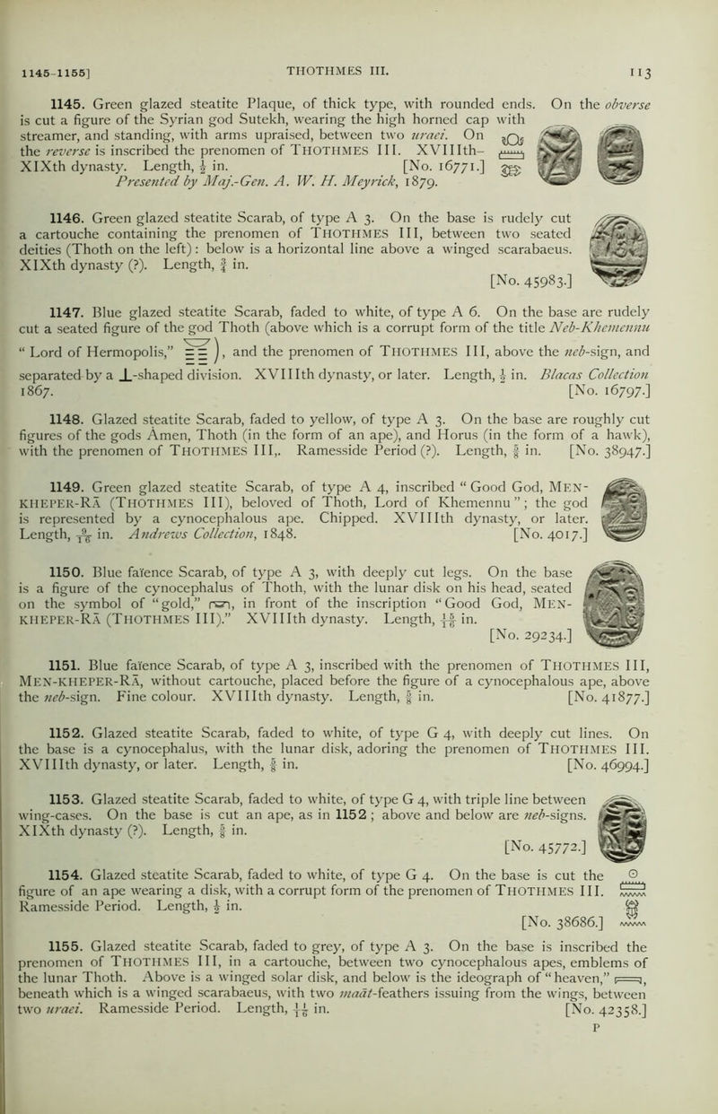 1145. Green glazed steatite Plaque, of thick type, with rounded ends, is cut a figure of the Syrian god Sutekh, wearing the high horned cap with streamer, and standing, with arms upraised, between two uraei. On the reverse is inscribed the prenomen of THOTHMES III. XVIIIth- ^ XIXth dynasty. Length, \ in. [No. 16771.] Presented by Maj.-Gen. A. W. H. Meyrick, 1879. On the obverse 1146. Green glazed steatite Scarab, of type A 3. On the base is rudely cut a cartouche containing the prenomen of Thothmes III, between two seated deities (Thoth on the left) : below is a horizontal line above a winged scarabaeus. XIXth dynasty (?). Length, f in. [No. 45983-] 1147. Blue glazed steatite Scarab, faded to white, of type A 6. On the base are rudely cut a seated figure of the god Thoth (above which is a corrupt form of the title Neb-Khemennu “ Lord of Hermopolis,” j, and the prenomen of THOTHMES III, above the neb-sign, and separated-by a _|_-shaped division. XVIIIth dynasty, or later. Length, | in. Blacas Collection 1867.  [No. 16797.] 1148. Glazed steatite Scarab, faded to yellow, of type A 3. On the base are roughly cut figures of the gods Amen, Thoth (in the form of an ape), and Horus (in the form of a hawk), with the prenomen of THOTHMES III,. Ramesside Period (?). Length, f in. [No. 38947.] 1149. Green glazed steatite Scarab, of type A 4, inscribed “ Good God, Men- KIIEPER-Ra (THOTHMES III), beloved of Thoth, Lord of Khemennu ”; the god is represented by a cynocephalous ape. Chipped. XVIIIth dynasty, or later. Length, in. Andrews Collection, 1848. [No. 4017.] 1150. Blue faience Scarab, of type A 3, with deeply cut legs. On the base is a figure of the cynocephalus of Thoth, with the lunar disk on his head, seated on the symbol of “gold,” rcn, in front of the inscription “Good God, Men- KHEPER-Ra (Thothmes III).” XVIIIth dynasty. Length, in. [No. 29234.] 1151. Blue faience Scarab, of type A 3, inscribed with the prenomen of Thothmes III, Men-KHEPER-Ra, without cartouche, placed before the figure of a cynocephalous ape, above the neb-sign. Fine colour. XVIIIth dynasty. Length, § in. [No. 41877.] 1152. Glazed steatite Scarab, faded to white, of type G 4, with deeply cut lines. On the base is a cynocephalus, with the lunar disk, adoring the prenomen of Thothmes III. XVIIIth dynasty, or later. Length, f in. [No. 46994.] 1153. Glazed steatite Scarab, faded to white, of type G 4, with triple line between wing-cases. On the base is cut an ape, as in 1152 ; above and below are zz^-signs. XIXth dynasty (?). Length, § in. [No. 45772.] 1154. Glazed steatite Scarab, faded to white, of type G 4. On the base is cut the figure of an ape wearing a disk, with a corrupt form of the prenomen of THOTHMES III. Ramesside Period. Length, \ in. [No. 38686.] /WWW 1155. Glazed steatite Scarab, faded to grey, of type A 3. On the base is inscribed the prenomen of THOTHMES III, in a cartouche, between two cynocephalous apes, emblems of the lunar Thoth. Above is a winged solar disk, and below is the ideograph of “heaven,” f=j, beneath which is a winged scarabaeus, with two z/z<z4/-feathers issuing from the wings, between two uraei. Ramesside Period. Length, in. [No. 42358.] P
