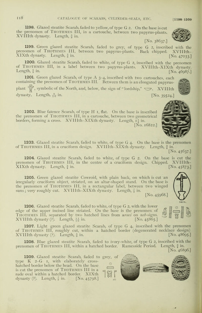 [1198-1209 1198. Glazed steatite Scarab, faded to yellow, of type G 2. On the base is cut the prenomen of THOTHMES III, in a cartouche, between two papyrus-plants. XVIIIth dynasty. Length, f in. [No. 38637.] 1199. Green glazed steatite Scarab, faded to grey, of type G 2, inscribed with the prenomen of Thothmes III, between two papyrus-plants. Back chipped. XVIIIth- XlXth dynasty. Length, £ in. [No. 47033.] 1200. Glazed steatite Scarab, faded to white, of type G 2, inscribed with the prenomen of Thothmes III, in a label between two papyrus-plants. XVIIIth-XIXth dynasty. Length, f in. ' [No. 46987.] 1201. Green glazed Scarab, of type A 3-4, inscribed with two cartouches, each containing the prenomen of THOTHMES III. Between them is an elongated papyrus- plant <^>, symbolic of the North, and, below, the sign of “ lordship,” V37. XVIIIth dynasty. Length, in. [No. 39524.] 1202. Blue faience Scarab, of type H 1, flat. On the base is inscribed the prenomen of Thothmes III, in a cartouche, between two geometrical borders, forming a cross. XVIIIth-XIXth dynasty. Length, 1] in. [No. 16822.] 1203. Glazed steatite Scarab, faded to white, of type G 4. On the base is the prenomen of Thothmes III, in a cruciform design. XVIIIth-XIXth dynasty. Length, f in. [No. 45637-] 1204. Glazed steatite Scarab, faded to white, of type G 2. On the base is cut the prenomen of Thothmes III, in the centre of a cruciform design. Chipped. XVIIIth- XIXth dynasty. Length, f in. [No. 45873.] 1205. Green glazed steatite Cowroid, with plain back, on which is cut an irregularly cruciform object, striated, on an altar-shaped stand. On the base is the prenomen of Thothmes III, in a rectangular label, between two winged suns ; very roughly cut. XVIIIth-XIXth dynasty. Length, £ in. [No. 45968.] 1206. Glazed steatite Scarab, faded to white, of type G 2, with the lower edge of the upper incised line striated. On the base is the prenomen of Thothmes III, separated by two hatched lines from uraei on «^-signs. XVIIIth dynasty (?). Length, in. [No. 45865.] 1207. Light green glazed steatite Scarab, of type G 4, inscribed with the prenomen of Thothmes III, roughly cut, within a hatched border (degenerated necklace design) XVIIIth dynasty (?). Length, f in. [No. 48695.] 1208. Blue glazed steatite Scarab, faded to ivory-white, of type G 2, inscribed with the prenomen of Thothmes III, within a hatched border. Ramesside Period. Length, £ in. [No. 46896.] 1209. Glazed steatite Scarab, faded to type K 2—G 1, with elaborately cross- hatched border below the head. On the base is cut the prenomen of Thothmes III in a rude oval within a hatched border. XIXth dynasty (?). Length, £ in. [No. 45798.] grey, of O m