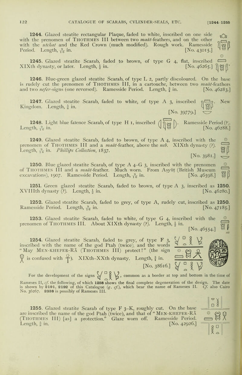 1244. Glazed steatite rectangular Plaque, faded to white, inscribed on one side with the prenomen of Thothmes III between two 7«<z«^-feathers, and on the other with the utchat and the Red Crown (much modified). Rough work. Ramesside H w n Period. Length,in. [No. 43015.] 1245. Glazed steatite Scarab, faded to brown, XIXth dynasty, or later. Length, \ in. of type G 4, flat, inscribed [No. 46265.] 1246. Blue-green glazed steatite Scarab, of type L 2, partly discoloured. On the base is rudely cut the prenomen of THOTHMES III, in a cartouche, between two ;««^/-feathers and two nefer-signs (one reversed). Ramesside Period. Length, f in. [No. 46283.] 1247. Glazed steatite Scarab, faded to white, of type A 3, inscribed Kingdom. .Length, f in. [No. 39779-] New 1248. Light blue faience Scarab, of type H 1, inscribed Length, T9^ in. Ramesside Period (?). [No. 46288.] 1249. Glazed steatite Scarab, faded to brown, of type A 4, inscribed with the prenomen of Thothmes III and a ;/z<3w/-feather, above the neb. XIXth dynasty (?). Length, -A- in. Phillips Collection, 1837. [No. 3981.] O 1250. Blue glazed steatite Scarab, of type A 4-G 3, inscribed with the prenomen of Thothmes III and a ;««^-feather. Much worn. From Asyflt (British Museum excavations), 1907. Ramesside Period. Length, T9^-in. [No. 46598.] o 1251. Green glazed steatite Scarab, faded to brown, of type A 3, inscribed as 1250. XVIIIth dynasty (?). Length, in. [No. 46280.] 1252. Glazed steatite Scarab, faded to grey, of type A, rudely cut, inscribed as 1250. Ramesside Period. Length, ^ in. [No. 47185.] 1253. Glazed steatite Scarab, faded to white, of type G 4, inscribed with the prenomen of Thothmes III. About XIXth dynasty (?). Length, in. [No. 46554-] O sic O 1254. Glazed steatite Scarab, faded to grey, of type F 3, inscribed with the name of the god Ptah (twice), and the words “May Men-kheper-Ra (Thothmes III) protect!” (the sign ^ is confused with •¥■). XIXth-XXth dynasty. Length, f in. [No. 386,6.] V ° | V For the development of the signs D ^ , common as a border at top and bottom in the time of V°I V A Rameses II, cf. the following, of which 1258 shows the final complete degeneration of the design. The date is shown by 2191, 2192 of this Catalogue (7. cf.), which bear the name of Rameses II. Cf. also Cairo No. 36267. 2338 is possibly of Rameses III. 1255. Glazed steatite Scarab of type F 3-K, roughly cut. On the base are inscribed the name of the god Ptah (twice), and that of “ Men-kheper-Ra (Thothmes III) [as] a protection.” Glaze worn off. Ramesside Period. Length, | in. [No. 42926.]