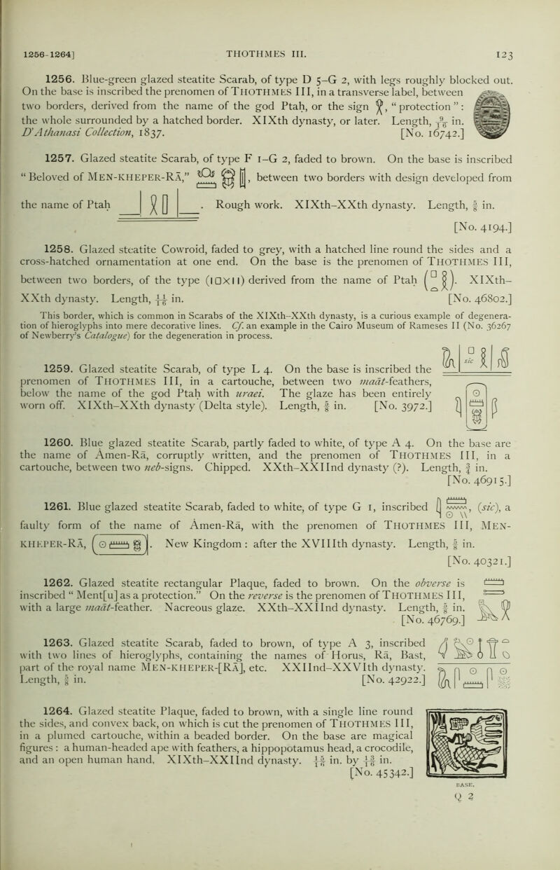 1256. Blue-green glazed steatite Scarab, of type D 5-G 2, with legs roughly blocked out. On the base is inscribed the prenomen ofTHOTHMES III, in a transverse label, between two borders, derived from the name of the god Ptah, or the sign 9, “ protection ”: the whole surrounded by a hatched border. D'A thanasi Collection, 1837. XIXth dynasty, or later. Length, T9F in. [No. 16742.] 1257. Glazed steatite Scarab, of type F i-G 2, faded to brown. On the base is inscribed , between two borders with design developed from “ Beloved of Men-kheper-Ra,” the name of Ptah V Rough work. XIXth-XXth dynasty. Length, § in. [No. 4194.; 1258. Glazed steatite Cowroid, faded to grey, with a hatched line round the sides and a cross-hatched ornamentation at one end. On the base is the prenomen ofTHOTHMES III, between two borders, of the type (lOXIl) derived from the name of Ptah ^ jjj. XIXth- XXth dynasty. Length, in. [No. 46802.] This border, which is common in Scarabs of the XIXth-XXth dynasty, is a curious example of degenera- tion of hieroglyphs into mere decorative lines. Cf. an example in the Cairo Museum of Rameses II (No. 36267 of Newberry’s Catalogue) for the degeneration in process. 1259. Glazed steatite Scarab, of type L 4. On the base is inscribed the prenomen of THOTHMES III, in a cartouche, between two iuaat-fea.thers, below the name of the god Ptah with uraei. The glaze has been entirely worn off. XIXth-XXth dynasty (Delta style). Length, f in. [No. 3972.] 1260. Blue glazed steatite Scarab, partly faded to white, of type A 4. On the base are the name of Amen-Ra, corruptly written, and the prenomen of THOTHMES III, in a cartouche, between two neb-s\gns. Chipped. XXth-XXIInd dynasty (?). Length, f in. [No. 46915.] AA/WVN o w’ {sic), a Men- 1261. Blue glazed steatite Scarab, faded to white, of type G 1, inscribed (j faulty form of the name of Amen-Ra, with the prenomen of THOTHMES KHEPER-Ra, jg . New Kingdom : after the XVIIIth dynasty. Length, § in. [No. 40321.] 1262. Glazed steatite rectangular Plaque, faded to brown. On the obverse is inscribed “ Ment[u] as a protection.” On the reverse is the prenomen of THOTHMES III, s 1 with a large //z^-feather. Nacreous glaze. XXth-XXIInd dynasty. Length, f in. t\ 0 [No. 46769.] 1263. Glazed steatite Scarab, faded to brown, of type A 3, inscribed with two lines of hieroglyphs, containing the names of Horus, Ra, Bast, part of the royal name Men-KHEPF.r-[Ra], etc. XXIlnd-XXVIth dynasty. Length, § in. [No. 42922.] 1264. Glazed steatite Plaque, faded to brown, with a single line round the sides, and convex back, on which is cut the prenomen of THOTHMES III, in a plumed cartouche, within a beaded border. On the base are magical figures : a human-headed ape with feathers, a hippopotamus head, a crocodile, and an open human hand. XIXth-XXIInd dynasty, in. by ]-§ in. [No. 45342-] BASE. Q 3