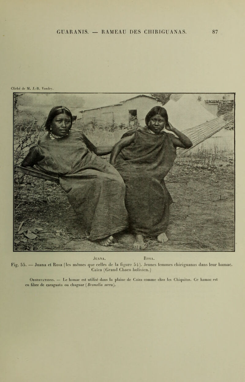 Cliché (le M, J.«U. Vamlrv. .lUANA. PlOSA. Fig. 55. — Jiiana et Rosa (les mêmes que celles de la figure 54). Jeunes lemmes cliiriguanas dans leur liamac. Caiza (Grand Cfiaco liolivien.) Observations. — Le liomac est utilisé dans la plaine de Caiza comme chez les Cliiqnilos. Ce hamac est en fibre de caraguata ou chaguar [Dromelia serra).