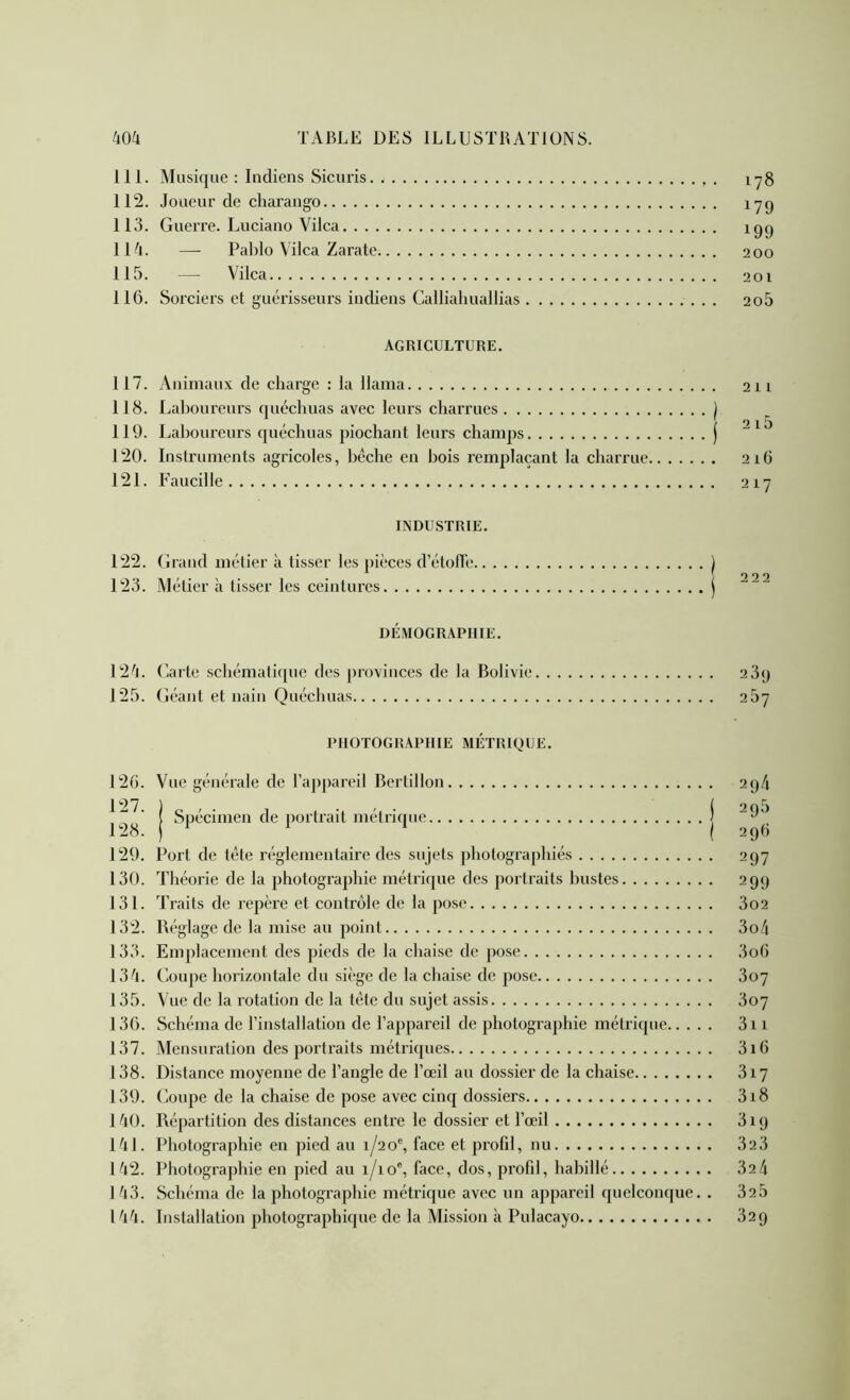 111. Musique : Indiens Sicuris lyg 112. Joueur de chai'ango lyq 113. Guerre. Luciano Vilca igq 114. — Pal)lo Vilca Zarate 200 115. — Vilca 201 116. Soi'ciers et gutTisseurs indiens Callialiuallias 2o5 AGRICULTURE, 117. Animaux de charge ; la llama 211 118. Laboureurs quécliuas avec leurs charrues j 119. Laboureurs quéchuas piochant leurs champs | 120. Instruments agricoles, beclie en bois remplaçant la charrue 21G 121. Faucille 217 INDUSTRIE. 122. Grand mélier à tisser les pièces d’étolTe.. 123. Métier à tisser les ceintures DÉMOGRAPHIE, 124. Garte schématique des })rovinces de la Bolivie 2 3g 125. Géant et nain Quéchuas 267 PHOTOGRAPHIE MÉTRIQUE. 126. Vue générale de l’appareil Bertillon I SpÉcimen de portrait métrique | 129. Fort de tête réglementaire des sujets photographiés 130. Théorie de la photographie métrique des portraits bustes 131. Traits de repère et contrôle de la pose 132. Réglage de la mise au point 133. Emplacement des pieds de la chai.se de po.se 134. Goupe horizontale du siège de la chaise de pose 135. Vue de la rotation de la tète du sujet assis 136. Schéma de rinstallation de l’appareil de photographie métrique 137. Mensuration des portraits métriques 138. Distance moyenne de l’angle de l’œil au dossier de la chaise 139. Goupe de la chaise de pose avec cinq dossiers 140. Répartition des distances entre le dossier et l’œil 141. Photographie en pied au 1/20', face et profd, nu 142. Photographie en pied au 1/1 o% face, dos, profd, habillé 1 43. Schéma de la photographie métri(|ue avec un appareil quelconque. . 144. Installation photographique de la Mission à Pulacayo 2 g 4 2g5 2g6 297 299 3o2 3o4 3oG 3oy 3oy 3n 3iG 317 318 319 323 32 4 325 329