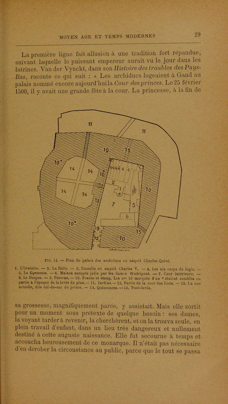 La première ligue fait allusion à une tradition fort répandue, suivant laquelle le puissant empereur aurait vu le jour dans les latrines. Van der Yynckt, dans son Histoire des troubles des Pays- Bas, raconte ce qui suit : « Les archiducs logeaient à Gand au palais nommé encore aujourd’lmila Cour des princes. Le 25 février 1500, il y avait une grande fête à la cour. La princesse, à la fin de Fig. 14. — Plan du palais des archiducs où naquit Charles-Quint, 1. L Oratoire. — 2. La Halle. — 3. Tourelle où naquit Charles V, — 4. Les six corps de logis, — 5. Le Gyneceum. — 6. Maison occupée jadis par les daraos Wadripont. — 7. Cour intérieure. — 8. Le Donjon. — 9, Poterne. — 10. Fossés et étang. Les n°s lO marqués d‘un * étaient comblés eu partie à l’époque de la levée du plan,— il. Jardins.—12, Partie de 1a cour des lions. — 13. La rue actuelle, dite cul-de-sac du prince. — 14. Quinconces. —15, Pont-levis. sa grossesse, magnifiquement parée, y assistait. Mais elle sortit pour un moment sous prétexte de quelque besoin : ses dames, la voyant tarder à revenir, la cherchèrent, et on la trouva seule, en plein travail d’enfant, dans un lieu très dangereux et nullement destiné à cette auguste naissance. Elle fut secourue à temps et accoucha heureusement de ce monarque. Il n’était pas nécessaire d en dérober la circonstance au public, parce que le tout se passa