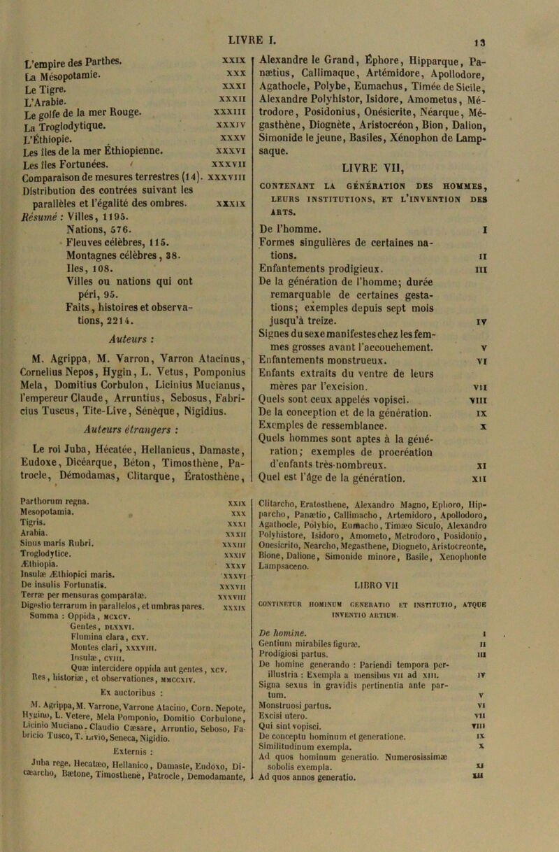 L’empire des Parthes. xxix La Mésopotamie. xxx Le Tigre. XXXI L’Arabie. xxxir Le golfe de la mer Rouge. xxxm La Troglodytique. xxxiv L’Éthiopie. xxxv Les îles de la mer Éthiopienne. xxxvi Les îles Fortunées. ' xxxvn Comparaison de mesures terrestres (14). xxxvm Distribution des contrées suivant les parallèles et l’égalité des ombres. xxxix Résumé : Villes, 1195. Nations, 576. Fleuves célèbres, 115. Montagnes célèbres ,38. Iles, 108. Villes ou nations qui ont péri, 95. Faits, histoires et observa- tions, 2214. Auteurs : M. Agrippa, M. Varron, Varron Atacinus, Cornélius Nepos, Hygin, L. Vêtus, Pomponius Mêla, Domitius Corbulon, Licinius Mucianus, l’empereur Claude, Arruntius, Sebosus, Fabri- cius Tuscus, Tite-Live, Sénèque, Nigidius. Auteurs étrangers : Le roi Juba, Hécatée, Hellanicus, Damaste, Eudoxe, Dicéarque, Béton, Timosthène, Pa- trocle, Démodamas, Clitarque, Ératosthène, Parthorum régna. xxix Mesopotamia. xxx Tigris. xxxi Arabia. xxxu Sinus maris Rnbri. xxxur Troglodytice. xxxiv Ælhiopia. xxxv Insulæ Æthiopici maris. xxxvi De insulis Fortunatis. xxxvit Terræ per mensuras comparatæ. xxxvm Digestio terrarum in paraiielos, et umbras pares. xxxix Summa : Oppida, mcxcv. Gentes, dlxxvi. Flumina clara, cxv. Montes clari, xxxvm. Insulæ, cyiii. Quæ intercidere oppida aut gentes, xcv. Rcs, liistoriæ, et observationes, mmccxiv. Ex auctoribus : M. Agrippa,M. Varrone, Varrone Atacino, Corn. Nepolc, llvgiru), L. Vetere, Mêla Pomponio, Domitio Corbulone, Lieinio Muciano. Claudio Cæsare, Arruntio, Seboso, Fa- uncio Tusco, T. tiiviû, Seneca, Nigidio. Externis : Juba rege, Hecalæo, Hellanico, Damaste, Eudoxo, Di- tæai cbo, Bætone, Timosthené, Patrocle, Demodamante, 13 Alexandre le Grand, Ëphore, Hipparque, Pa- nætius, Callimaque, Artémidore, Apollodore, Agathocle, Polybe, Eumachus, Timée de Sicile, Alexandre Polyhlstor, Isidore, Amometus, Mé- trodore, Posidonius, Onésicrite, Néarque, Mé- gasthène, Diognète, Aristocréon, Bion, Dalion, Simonide le jeune, Basiles, Xénophon de Lamp- saque. LIVRE VII, CONTENANT LA GÉNÉRATION DES HOMMES, LEURS INSTITUTIONS, ET L’iNVENTION DES ARTS. De l’homme. I Formes singulières de certaines na- tions. a Enfantements prodigieux. m De la génération de l’homme; durée remarquable de certaines gesta- tions; exemples depuis sept mois jusqu’à treize. iv Signes d u sexe manifestes chez les fem- mes grosses avant l'accouchement. v Enfantements monstrueux. vi Enfants extraits du ventre de leurs mères par l’excision. vu Quels sont ceux appelés vopisci. viii De la conception et de la génération. ix Exemples de ressemblance. x Quels hommes sont aptes à la géné- ration; exemples de procréation d'enfants très-nombreux. xi Quel est l’àge de la génération. xu Clitarcho, Eratosthene, Alexandro Magno, Epboro, Hip- parcho, Panætio, Callimacho, Artemidoro, Apollodoro, Agalhocle, Polvbio, Eumacho, Timæo Siculo, Alexandro Polvhistore, Isidoro, Amometo, Metrodoro, Posidonio, Onesicrilo, Nearcho, Megasthene, Diogneto, Aristocreonte, Bione, Dalione, Simonide minore, Basile, Xénophonie Lampsaceno. LIBRO VII CONTINF.TUR IIOM1NUM CENERATIO ET 1NST1TU7IO, ATQUE INVESTI O ART1ÜM. Le homine. i Gentinm mirabiles liguræ. u Prodigiosi partus. ni De homine generando : Pariendi tempora per- illustria : Exempla a mensibus vu ad xm. iv Signa sexus in gravidis pertinentia ante par- tum. v Monstruosijiartus. vi Excisi utero. vii Qui sint vopisci. vm De conceptu bominum et gencratione. i* Similitudinum exempla. x Ad quos bominum generalio. Numcrosissimæ sobolis exempla. *i Ad quos annos generatio. 411