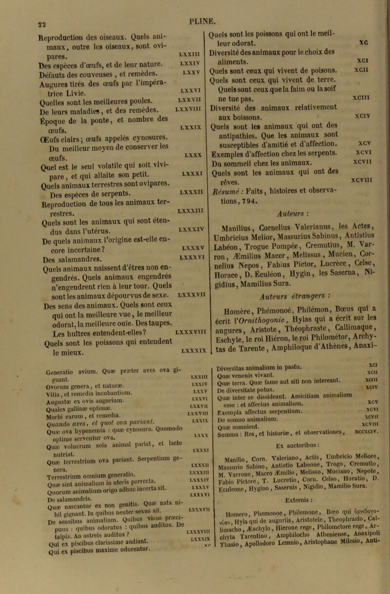Reproduction des oiseaux. Quels ani- maux, outre les oiseaux, sont ovi- pares. Des espèces d’œufs, et de leur nature. Défauts des couveuses , et remèdes. Augures tirés des œufs par l’impéra- trice Livie. Quelles sont les meilleures poules. De leurs maladies, et des remèdes. Époque de la ponte, et nombre des œufs. Œufs clairs; œufs appelés cynosures. Du meilleur moyen de conserver les œufs. Quel est le seul volatile qui soit vivi- pare , et qui allaite son petit. Quels animaux terrestres sont ovipares. Des espèces de serpents. Reproduction de tous les animaux ter- restres. Quels sont les animaux qui sont éten- dus dans l’utérus. De quels animaux l’origine est-elle en- core incertaine? Des salamandres. Quels animaux naissent d’êtres non en- gendrés. Quels animaux engendrés n’engendrent rien à leur tour. Quels sont les animaux dépourvus de sexe, lxxxvii Des sens des animaux. Quels sont ceux qui ont la meilleure vue, le meilleur odorat, la meilleure ouïe. Des taupes. Les huîtres entendent-elles? lxxxviii Quels sont les poissons qui entendent le mieux. lxxxix Quels sont les poissons qui ont le meil- leur odorat. X-G Diversité des animaux pour le choix des aliments. XCI Quels sont ceux qui vivent de poisons. xcu Quels sont ceux qui vivent de terre. Quels sont ceux que la faim ou la soif ne tue pas. xcm Diversité des animaux relativement aux boissons. •' XC1V Quels sont les animaux qui ont des antipathies. Que les animaux sont susceptibles d’amitié et d’affection. xcv Exemples d’affection chez les serpents. xcvi Du sommeil chez les animaux. xcvii Quels sont les animaux qui ont des rêves. xcviii Résumé : Faits, histoires et observa- tions, 7 94. Auteurs : Manilius, Cornélius Valerianus, les Actes, Umbricius Melior, Massurius Sabinus, Antistius Labéon, Trogue Pompée, Cremutius, M. Var- ron, Æmilius Macer, Melissus, Mucien, Cor- nélius Nepos, Fabius Pictor, Lucrèce, Celse, Horace, D.Éculéon, Hygin, lesSaserna, Ni- gidius, Mamilius Sura. Auteurs étrangers : Homère, Phémonoé, Philémon, Bœus qui a écrit YOrnithogonie, Hylas qui a écrit sur les augures, Aristote, Théophraste, Callimaque, Eschyle, le roi Hiéron, le roi Philométor, Archy- tas de Tarente, Amphiloque d Athènes, Anaxi- PLÏNE. LXXJIl LXXIV LXXV LXXVI LXXVII LXXV1II LXX1X LXXX LXXXI LXXXII LXXXIII LXXXIV LXXXV LXXXVI Generatio avium. Quæ præter aves ova gi- gnant. Ovorum généra, et naturæ. Vitia, et remedia incubantium. Augustæ ex ovis augurium. Quales gallinæ optimæ. Morbi earum, et remedia. Ouando aves, et quot ova pariant. Qnæ ova bypenemia : quæ cynosura. Qnomodo optime serventur ova. , Quæ volucrum sola animal panat, et lacté Quafterrestrium ova pariant. Serpentium gé- néra. Terrestrium omnium generatio. Quæ sinl animalium in uteris porrccta. Quorum animalium origo adhuc incerta sit. De salamandris. ^ . . Quæ nascantur ex non gemtis. Quæ nata m- hil gignant. In quibus neuter sexus sit. De sensibus animalium. Quibus V!sus præci- pnus : quibus odoratus : quibus auditus. De talpis. An ostreis auditus ? Qui ex piscibus clarissime andiant. Qui ex piscibus maxime odorentur. LXXHI LXXIV LXXV LXXVI LXXVII LXXVIII LXX1X LXXX Diversitas animalium in pastu. Quæ venenis vivant. Quæ terra. Quæ famé aut siti non intereant. De diversitate potus. Quæ inter se dissidcant. Amicitiam animalium esse : et affectus animalium. Exemple affectus serpentium. De somno animalium. Quæ somment. Sutnma: Res, et historiæ, et observationes, XCI XCII xcm xciv xcv xcvi XCVII XCVIII DCCXC1V. LXXXI LXXXII I.XXXIIl LXXXIV LXXXV LXXXV1 Ex auctoribus: milio Corn. Valeriano, Actis, Umbricio Meliore, jurio Sabino, Antistio Labeone, Trogo, Cremutio, ,'arronc, Macro Æmilio, Melisso, Muciano, Nepote, o Piclore, T. Lucretio, Corn. Celso, Horatio, D. eone, Hygino, Sasernis , Nigidio, Mamilio Sura. LXXXVII LXXXVIII LXXX1X vr llomero, Pbemonoe, Pbilemone, Bœo qui ôpv^oyo- viav Hylaqui de auguriis, Aristotele, Tbeopbrasto, Cal- limacho, Æschylo, Hierone rege, PUilometore rege, Ar- cliyta Tarentino, Ampbilocho Atbeniense, Anaxipoli Thasio. Apollodoro Lemnio, Aristophane Milesio, Anti-