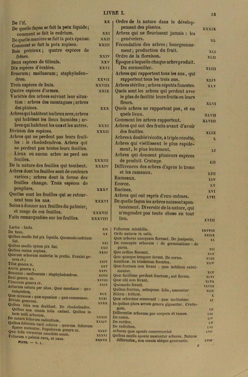 33 De l’if. xx De quelle façon se fait la poix liquide; comment se fait le cedrium. xxi De quelle manière se fait la poix épaisse. xxn Comment se fait la poix zopissa. xxm Bois précieux; quatre espèces de frênes. xxxv Deux espèces de tilleuls. xxv Dix espèces d’érables. xxvi Bruscum; molluscum; staphyloden- dron. xxvii Trois espèces de buis. xxvm Quatre espèces d’ormes. xxix Variétés des arbres suivant leur situa- tion : arbres des montagnes ; arbres des plaines. xxx Arbresquihabitent leslieux secs; arbres qui habitent les lieux humides ; ar- bres qui habitent les unset les autres. xxxi Division des espèces. xxxn Arbres qui ne perdent pas leurs feuil- les : le rhododendron. Arbres qui ne perdent pas toutes leurs feuilles. Lieux où aucun arbre ne perd ses feuilles. xxxm De la nature des feuilles qui tombent. xxxiv Arbres dont les feuilles sont de couleurs variées; arbres dont la forme des feuilles change. Trois espèces de peupliers. xxxv Quelles sont les feuilles qui se retour- nent tous les ans. xxxvi Soins à donner aux feuilles du palmier, et usage de ces feuilles. xxxvn Faits remarquables sur les feuilles. xxxvm Ordre de la nature dans le dévelop- pement des plantes. Arbres qui ne fleurissent jamais : les genévriers. Fécondation des arbres ; bourgeonne- ment; production du fruit. Ordre de la floraison. Époque à laquelle chaque arbreproduit. Du cornouiller. Arbres qui rapportent tous les ans, qui rapportent tous les trois ans. Arbres stériles ; arbres réputés funestes. Quels sont les arbres qui perdent avec le plus de facilité leurs fruits ou leurs fleurs. Quels arbres ne rapportent pas, et en quels lieux. Comment les arbres rapportent. Arbres qui ont des fruits avant d’avoir des feuilles. Arbres à double récolte, à triple récolte. Arbres qui vieillissent le plus rapide- ment, le plus lentement. Arbres qui donnent plusieurs espèces de produit. Cratæge. Différences des arbres d’après le tronc et les rameaux. Rameaux. Écorce. Racines. Arbres qui ont repris d’eux-mémes. De quel le façon les arbres naissen t spon- tanément. Diversité de la nature, qui n’engendre pas toute chose en tout lieu. xxxix XL XLI XLII XLIII XLIV XLV XLVI xlvii XLVIII XLIX L LI LU LUI LIV LV LVI LVII LVIII Larice : tæda. De taxo. Quibus modis fiat pix liquida. Quomodo cedrium fiat. Quibus modis spissa pix fiat. Quibus résina zopissa. Quarum arborum materiæ in pretio. Fraxini gé- néra iv.| Tiliæ généra n. Aceris généra x. Bruscum : molluscum : staphylodendron. Buxi généra m. Ulmorum généra iv. Arborum natura per situs. Quæ montanæ campestres. Quaî siccaneæ : quæ aqualicæ : quæ commi Diyisio generum. Quibus folia non décidant. De rhodode yuibus non omnia iolia cadant. Quit locis nulli arborum. De natura foliorum cadentium. Quibus foliorum varii colores : quorum fo fi.uræ mulentur. Populorum généra ni. Quæ folia versenlur omnibus annis. Foliorum e palmis cura, et usus. MINE. — T. I. XIX XX XXI XXII XXIII XXIV xxv XXVI XXVII xxvm XXIX xxx XXXI XXXII xxxm XXXIV xxxv XXXVI XXXVII Foliorum mirabilia. Ordo naturæ in satis. Quæ arbores nunquam floreant. De juniperis. De conceptu arborum : de germinalione : de partu. Quo ordine floreant. Quo quæque tempore ferant. De cornu. Anniferæ. In triennium ferentes. Quæ fructum non ferant : quæ infelices exisli- mentur. Quæ facillime perdant fructum, aut florem. Quæ ubi non ferant. Quomodo ferant. Quibus fructus, antequam folia, nascantur Biferæ : triferæ. Quæ celerrime senescant : quæ tardissime. In quibus plura sérum généra gignantur. Cratæ- gum. Differenliæ arborum per corpora et ramos. De ramis. De cortice. De radicibus. Arbores quæ sponte resiirrexerint. Quibus modis sponte nascuntur arbores. Naturæ differenliæ, non omnia nbique generantis. a xxxvhi xxxix XL XLI XLII XLIII XLIV XLV XLVI XLVII XLVIII XLIX L LI LII LIII LIV LV LVI LVII LVI U