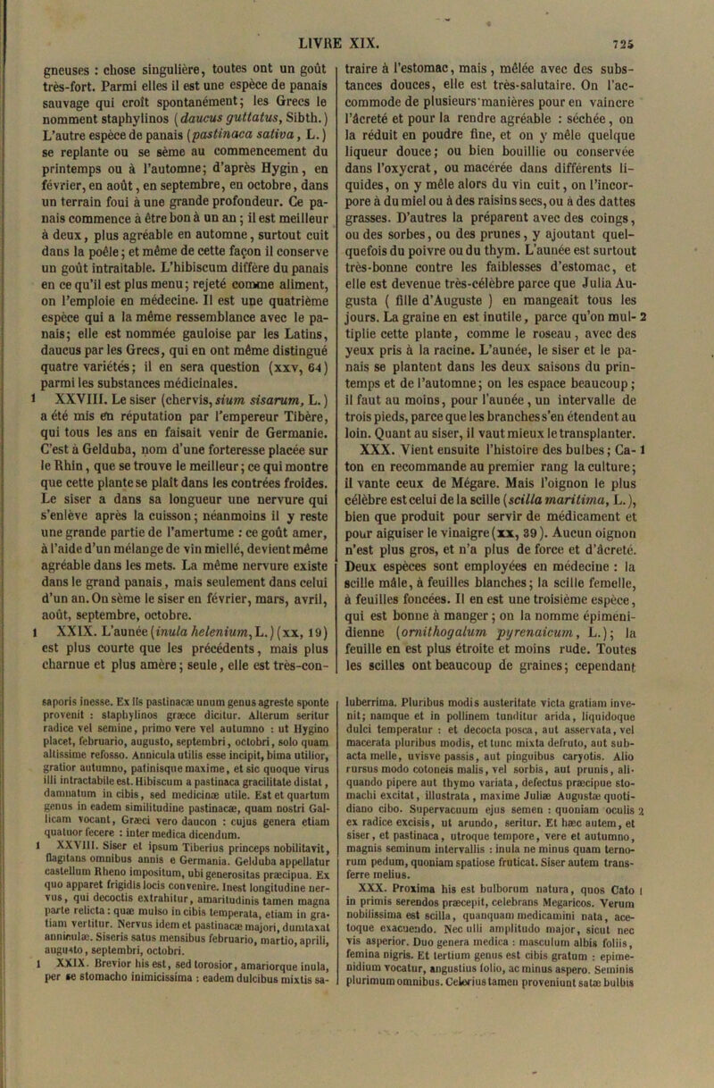 gneuses : chose singulière, toutes ont un goût très-fort. Parmi elles il est une espèce de panais sauvage qui croît spontanément; les Grecs le nomment staphylinos ( daucus guttatus, Sibth. ) L’autre espèce de panais (pastinaca sativa, L. ) se replante ou se sème au commencement du printemps ou à l’automne; d’après Hygin, en février, en août, en septembre, en octobre, dans un terrain foui à une grande profondeur. Ce pa- nais commence à être bon à un an ; il est meilleur à deux, plus agréable en automne, surtout cuit dans la poêle ; et même de cette façon il conserve un goût intraitable. L’hibiscum diffère du panais en ce qu’il est plus menu; rejeté comme aliment, on l’emploie en médecine. Il est une quatrième espèce qui a la même ressemblance avec le pa- nais; elle est nommée gauloise par les Latins, daucus par les Grecs, qui en ont même distingué quatre variétés; il en sera question (xxv, 64) parmi les substances médicinales. 1 XXVIII. Le siser (chervis, sium sisarum, L. ) a été mis èn réputation par l’empereur Tibère, qui tous les ans en faisait venir de Germanie. C’est à Gelduba, nom d’une forteresse placée sur le Rhin, que se trouve le meilleur ; ce qui montre que cette plante se plaît dans les contrées froides. Le siser a dans sa longueur une nervure qui s’enlève après la cuisson ; néanmoins il y reste une grande partie de l’amertume : ce goût amer, à l’aide d’un mélange de vin miellé, devient même agréable dans les mets. La même nervure existe dans le grand panais, mais seulement dans celui d’un an. On sème le siser en février, mars, avril, août, septembre, octobre. 1 XXIX. L’aunée(iraw/a helenium,L.) (xx, 19) est plus courte que les précédents, mais plus charnue et plus amère ; seule, elle est très-con- saporis inesse. Ex iis pastinacæ ununi genus agreste s ponte provenit : staphylinos græce dicitur. Alterum seritur radice vel semine, primo vere vel autumno : ut Hygino placet, februario, augusto, septembri, octobri, solo quam altissime refosso. Annicula utilis esse incipit, bima utilior, gratior autumno, patinisque maxime, et sic quoque virus illi intractabile est. Hibiscum a pastinaca gracilitate distal, damnation incibis, sed medicinæ utile. Est et quartum genus in eadem similitudiue pastinacæ, quam nostri Gal- lican» vocant, Græci vero daucon : cujus généra etiam quatuor iecere : inter medica dicendum. 1 XXVIII. Siser et ipsum Tiberius princeps nobilitavit, flagitans omnibus annis e Germania. Gelduba appellatur castellum Rheno impositum, ubigenerositas præcipua. Ex quo apparet frigidis locis convenire. Inest longitudine ner- vus, qui decoctis extrahitur, amaritudinis tamen magna parte lelicta: quae mulso incibis temperata, etiam in gra- tiam vertitur. Nervusidemet pastinacæ majori, dumlaxat anniculæ. Siscris satus mensibus februario, martio, aprili, augmto, septembri, octobri. 1 XXIX. Brevior bis est, sed torosior, amariorque inula, per se stomacho inimicissima : eadem dulcibus mixtis sa- laire à l’estomac, mais , mêlée avec des subs- tances douces, elle est très-salutaire. On l’ac- commode de plusieurs manières pour en vaincre l’âcreté et pour la rendre agréable : séchée, ou la réduit en poudre fine, et on y mêle quelque liqueur douce; ou bien bouillie ou conservée dans l’oxycrat, ou macérée dans différents li- quides, on y mêle alors du vin cuit, on l’incor- pore à du miel ou à des raisins secs, ou à des dattes grasses. D’autres la préparent avec des coings, ou des sorbes, ou des prunes, y ajoutant quel- quefois du poivre ou du thym. L’aunée est surtout très-bonne contre les faiblesses d’estomac, et elle est devenue très-célèbre parce que Julia Au- gusta ( fille d’Auguste ) eu mangeait tous les jours. La graine en est inutile, parce qu’on mul- 2 tiplie cette plante, comme le roseau, avec des yeux pris à la racine. L’aunée, le siser et le pa- nais se plantent dans les deux saisons du prin- temps et de l’automne; on les espace beaucoup ; il faut au moins, pour l’aunée , un intervalle de trois pieds, parce que les branches s’eu étendent au loin. Quant au siser, il vaut mieux le transplanter. XXX. Vient ensuite l’histoire des bulbes; Ca-1 ton en recommande au premier rang la culture; il vante ceux de Mégare. Mais l’oignon le plus célèbre est celui de la scille (.scilla maritima, L. ), bien que produit pour servir de médicament et pour aiguiser le vinaigre (xx, 39). Aucun oignon n’est plus gros, et n’a plus de force et d’âcreté. Deux espèces sont employées en médeciue : la scille mâle, à feuilles blanches; la scille femelle, à feuilles foncées. Il en est une troisième espèce, qui est bonne à manger ; on la nomme épimeni- dienne (omithogalum pyrenaicum, L.); la feuille en est plus étroite et moins rude. Toutes les scilles ont beaucoup de graines; cependant luberrima. Pluribus modis austeritate victa gratiam inve- nit; namque et in pollinem tunditur arida, liqiiidoque dulci temperatur : et decocta posea, aut asservata, vel macerata pluribus modis, et tune mixta defruto, aut sub- actamelle, uvisve passis, aut pinguibus caryotis. Alio rursus modo cotoneis malis, vel sorbis, aut prunis, ali- quando pipere aut thymo variata, defectus præcipue sto- machi excitât, illustrata , maxime Juliae Auguste quoti- diano cibo. Supervacuum ejus semen : quouiam oculis 2 ex radice excisis, ut arundo, seritur. Et hæc autem, et siser, et pastinaca, utroque tempore, vere et autumno, magnis seminum intervallis : inula ne minus quam terno- rum pedum, quoniam spatiose fruticat. Siser autem trans- ferre melius. XXX. Proxima his est bulborum natura, qnos Cato i in primis serendos præcepit, celebrans Megaricos. Verum nobiiissima est scilla, quanquammedicamini nata, ace- toque exacuendo. Nec ulli amplitudo major, sicut nec vis asperior. Duo généra medica : masculun» albis foliis, femina nigris. Et lertium genus est cibis gratum : epime- nidium vocatur, angustius folio, ac minus aspero. Seminis plurimum omnibus. Celerius tamen proveniunt saUe bulbis i