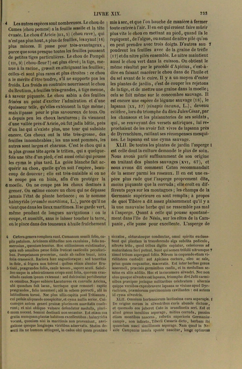 4 Les autres espèces sont nombreuses. Le chou de Cumes (chou pommé) a la feuille sessile et la tête évasée. Lechoud’Aricie (ni, 9) (chou rave), qui n’est pas plus haut, a plus de feuilles, lesayaut ( 16) plus minces. Il passe pour très-avantageux, parce que sous presque toutes les feuilles poussent de petites tiges particulières. Le chou de Pompéi (iii, 9) (chou-fleur?) est plus élevé; la tige, me- nue à la racine, grossit en atteignant les feuilles; celles-ci sont plus rares et plus étroites : ce chou a le mérite d’être tendre, s’il ne supporte pas les froids. Les froids au contraire nourrissent le chou duBrutium, à feuilles très-grandes, à tige menue, 6 à saveur piquante. Le chou sabin a des feuilles frisées au point d’exciter l’admiration et d’une épaisseur telle, qu’elles exténuent la tige même; mais il passe pour le plus savoureux de tous. On a depuis peu les choux lacuturres ; ils viennent d’une vallée près d’Aricie, où fut jadis bâtie, près d’un lac qui n’existe plus, une tour qui subsiste encore. Ces choux ont la tête très-grosse, des feuilles innombrables ; les uns sont pommés, les autres sont larges et charnus. C'est le chou qui a la plus grosse tête après le tritien, qui a quelque- fois une tête d’un pied; c’est aussi celui qui pousse les cyma le plus tard. La gelée blanche fait ac- quérir au chou, quelle qu’en soit l’espèce, beau- coup de douceur; elle est très-nuisible si on ne le coupe pas en biais, afin d’en protéger la 6 moelle. On ne coupe pas les choux destinés à grener. On estime encore un chou qui ne dépasse jamais l’état de plante herbacée ; on le nomme halmyride (crambemaritima, L.), parce qu’ilne vient que dans les lieux maritimes. 11 se garde vert, même pendant de longues navigations : on le coupe, et aussitôt, sans le laisser toucher la terre, on le place dans des tonneaux à huile fraîchement i mis à sec, et que l’on bouche de manière à fermer toute entrée à l’air. Il en est qui croient faire mûrir plus vite le chou en mettant au pied, quand ils le repiquent, de l’algue, ou autant de nitre pilé qu’on en peut prendre avec trois doigts. D’autres sau 7 poudrent les feuilles avec de la graine de trèfle (17) etdu nitre pilés ensemble. Le nitre maintient aussi le chou vert dans la cuisson. On obtient le même résultat par le procédé d’Apicius, c’est-à- dire en faisant macérer le chou dans de l’huile et du sel avant de le cuire. Il y a un moyen d’enter les plantes de jardin, c’est de couper les rejetons de la tige, et de mettre une graine dans la moelle ; cela se fait même sur le concombre sauvage. Il est encore une espèce de légume sauvage (18), le lapsana (xx, 37) [sinapis incana, L.), devenu célèbre, lors du triomphe du dieu Jules César, par les chansons et les plaisanteries de ses soldats, qui, se renvoyant des versets satiriques, lui re- prochaient de les avoir fait vivre de lapsana près de Dyrrachium, raillant ses récompenses mesqui- nes. Le lapsana est une cyma sauvage. XLII. De toutes les plantes de jardin l’asperge 1 est celle dont la culture demande le plus de soin. Nous avons parlé suffisamment de sou origine en traitant des plantes sauvages (xvi, 67), et nous avons dit comment Caton recommandait de la semer parmi les roseaux. II en est une es- pèce plus rude que' l’asperge proprement dite, moins piquante que la corruda; elle croît en dif- férents pays sur les montagnes ; les champs de la Germanie supérieure en sont remplis; à propos de quoi Tibère a dit assez plaisamment qu’il y a là une mauvaise herbe qui ne ressemble pas mal à l’asperge. Quant à celle qui pousse spontané- ment dans nie de Nésis, sur les côtes de la Cam- panie, elle passe pour excellente. L’asperge de 4 Cætera généracomplurasunt.Cumanura sessili folio, ca- pilepatulum. Aricinum altitudine non excelsius, folio nu- merosius, quoniam tenuius. Hoc ntilissimum existimatur, quia sub omnibus pæue foliis fruticat caulictilis peculiari- bus. Pompeianum procerius, caule ab radice tenui, intra folia crassescit. Rariora hæc angnstioraque : sed teneritas in dote, si frigora non tolérât : quibus etiam aluntur Bru- 5 tiani, praegrandes foliis, caule tenues, sapore acuti. Sabel- lico usque in adinirationem crispa sunt folia, quorum cras- situdo caulem ipsum extenuat : sed dulcissimi perhibentur ex omnibus. Nupersubiere Lacuturres ex convalle Aricina, ubi quondam fuit lacus, turrisque qua? remanet: capite prægrandes , folio innumeri ; alii in orbem porrecti, alii in latitudinem torosi. Nec plus ulliscapitis post Tritianum, cui pédalé aliquandoconspicitur,et cyma nullis serior. Cui- cumque autem generi pruinæ plurimum suavitatis confe- runt; et nisi oblique vulnere defendatur medulla, pluri- 6 mum nocent. Semini destinati non secantur. Est etiam sua gralia numquamplantæ habitum excellentibus ihalmyridia vocanl, quoniam nisi in marilimis non proveniunt, navi- galione quoque longinqua viridibus adservatis. Statim de- secti ita ne liumum attingant, in cados olei quam proxinie siccatos, obturatosque condunlur, omni spiritu excluso- Sunt qui plantain in transferendo alga subdita pediculo, nitrove trito, quod tribus digitis capiatur, celeriorem ad maluritalem fieri putenl. Sunt quisemen trifolii nitrumque 7 simul triturai aspergant foliis. Nitrum in coquendoetiam vi- riditatem custodit: aut Apiciana coctura, oleo ac sale, prius quam coquantur, maceratis. Est inter herbas genus iuserendi, præcisis germinibus caulis, et in medullam se- mble ex aliis addito. Hoc et incucumere silvestri. Nec non olus quoque silvestre est lapsana, triumpho divi Julii carmi- nibus præcipue jocisque militaribus celebratum : alternis quippe versibusexprobravcre lapsana se vixisseapud Dyr- racbium, præmiorum parcimoniam cavillantes : est autem id cyma silvestris. XLII. Omnium hortensiorum lautissima cura asparagis. 1 De origine eorum in silveslribus curis abunde diclum, et quomodo eos juberct Cato in arundinetis seri. Est et aliud genus incullius asparago, mitius corruda, passim etiam montibus nascens, refertis superioris Germaniæ • campis, non inliceto . Tiherii Cæsaris dicto, lierbam ibi qnamdam nasci simillimam asparago. Nam quod in Ne- side Campaniæ insula sponle nascitur, longe optimum