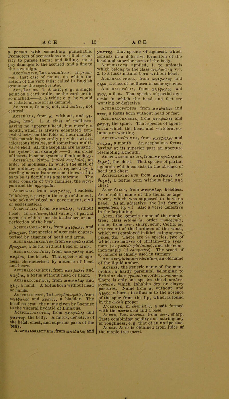 a person with something punishable. 1'romoters of accusations must find, secu- rity to pursue them; and failing, must pay damages to the accused, and a fine to the sovereign. Accusative, Lat. accusativus. In gram- mar, that case of nouns, on which the action of the verb falls: called in English grammar the objective c<J-,e. Ace, Lat. as. 1. A unit; e. g. a single point on a card or die, or the card or die so marked. 2. A trifle; e. g. he would not abate an ace of his demand. Acentric, from <*, not,and centric; not centred. Aceth'ala, from a without, and xi- 0xXr„ head. 1. A class of mollusca, having no apparent head, but merely a mouth, which is always edentated, con- cealed between the folds of their mantle. This mantle is generally provided with a calcareous bivalve, and sometimes multi- valve shell. All the acephala are aquatic: the oyster is an example. 2. An order of insects in some systems of entomology. Aceph'ala Nu'da (naked acephala), an order of mollusca, in which the shell of the ordinary acephala is replaced by a cartilaginous substance sometimes so thin as to be as flexible as a membrane. The order consists of two families, the segre- gata and the aggregata. Acephali, from xxiCxXo;, headless. In'history, a party in the reign of James I. who acknowledged no government, civil or ecclesiastical. Acepha'cia, from xxi0aXo;, without head. In medicine, that variety of partial agenesia which consists in absence or im- perfection of the head. AcephalobrachTa, from xxt0xXo; and fioxxicov, that species of agenesia charac- terised by absence of head and arms. AcEPHALOBRACH'ius,froma^E^i»Xef and fi°a.x‘ojv, a foetus without head or arms. Acephalocar'dia, from xxifctXo; and xxeSix, the heart. That species of age- nesia characterised by absence of head and heart. Acephalocar'dius, from ot.xi0a.Xo’; and xxfSnz,, a foetus without head or heart. Acephalochi'rus, from xxt0aXo; and %e/j, a hand. A foetus born without head or hands. Acephaloctst', I.at. acephalocystis, from xx.i0a.Xo; and y.vcrnt, a bladder. The headless cyst: the name given by Laennec to the visceral hydatid of Linnteus. Acephalogas'ter, from xxi0aXo; and yxirrr^. the belly. A foetus, defective of the head, chest, and superior parts of the bclij. Aci,PHALooA8TE'RiA,from xxi0xXo; and yarn;*, that species of agenesia which consists in a defective formation of the head and superior parts of the body. Aceph'alocs, applied, 1. to animals whiqh belong to the class acephala (q. v.'. ; 2. to a lusus .naturae born without head. Acephalo'phora, from axi0aXo; and 0iqu, a class of mollusca in some systems. Acephalopo'dia, from xxi0ccXo; and trout, a foot. That species of partial age- nesia in which the head and feet are wanting or defective. Acephalopo'dius, from xxi0ocXo; and crou;, a foetus born without head or feet. Acephalora'chia, from ax-0a?.o; and qctx‘S> the sP*ne- That species of agene- sia in which the head and vertebral co- lumn are wanting. Acephalos'tombs, from xxi0ocXo; and trro[ax, a mouth. An acephalous foetus, having at its superior part an aperture resembling a mouth. AcEPHALOTHORA'ciA,froma?5£^«X()f and fai^x^, the chest. That species of partial agenesia which consists in the absence of head and chest. Acephalotho'rus, from xxi0etXo; and dcjox!-, a foetus born without head and chest. Aceph'alus, from xxt0xXo;, headless. An obsolete name of the tamia or tape- worm, which was supposed to have no head. As an adjective, the Lat. form of acephalous, (q. v.) Also a verse defective in the beginning. Acer, the generic name of the maple- tree ; class octandria, order monogynia, name, from acer, sharp, sour; Celtic., ac, on account of the hardness of the wood, which was employed in fabricating spears, pikes, &c. There are 24 species, two of which are natives of Britain—the syca- more (A. pseu’do-pla’tanus), and the com- mon maple (A campestre). The wood of sycamore is chiefly used in turnery. Acer virginianum odoratum, an old name of the liquid amber. Aceras, the generic name of the man- orchis; a hardy perennial belonging to Britain: class gynandria,urd.ermonandria. There is only one species, the A. anthro- pophora, which inhabits dry or clayey pastures. Marne from a,, without, and xi^tx,;, a horn; in allusion to the absence of the spur from the lip, which is found in the orchis proper. A'cerate, in chemistry, a sadt formed with the aceric acid and a base. Acerb, Lat. acerbus, from acer, sharp. Taste combining acidity and astringency or roughness; e. g. that of an unripe sloe. Aceric Acid is obtained from juice of I the maple tree (.acer). 0
