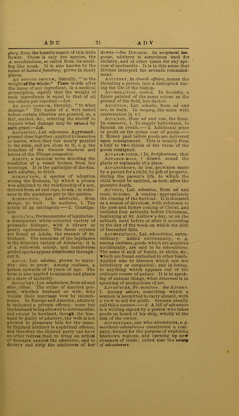glory, from the humble aspect of this little flower. There is only one species, the A. moschatellina, so called from its smell- ing like musk. It is also known by the name of bastard fumitory; grows in shady places. Ad pondus omnium, literally, “ to the weight of the whole.” These words after the name of any ingredient, in a medical prescription, signify that the -weight of such ingredients is equal to that of all the others put together.—Lot. An quod damnum, literally, “ to what damage.” The name of a writ issued before certain liberties are granted, as, a fair, market, &c., ordering the sheriff to inquire what damage may be caused by such grant.—Lat. Adpres'sed, Lat. adpressus. Appressed: pressed close together; applied to branches or leaves, when they rise nearly parallel to the stem, and are close to it, e. g. the branches of the Genista tinctoria and leaves of the Thlaspi campestris. Adrift, a nantical term denoting the condition of a vessel broken from her moorings. It is the participle of the Sax. verb adrift an, to drive. Adroga'tion, a species of adoption among the Romans, by which a person was admitted to the relationship of a son, derived from ad and rogo, to ask; in refer- ence to the questions put to the parties. Adstriction, Lat. adstrictio, from stringo, to bind. In medicine, 1. The action of an astringent. 2. Constipa- tion Adul a'ria, the moonstone of lapidaries: a transparent white-coloured variety of prismatic feldspar, with a silvery or pearly opalescence. The finest crystals are found at Adula, the summit of St. Gothard. The sunstone of the lapidaries is the Siberian variety of Adularia; it is of a yellowish colour, and numberless golden specks appear distributed through- out it. Adult, Lat. adultus, grown to matu- rity: oleo, to grow'. Among civilians, a person upwards of 14 years of age. The term is also applied to animals and plants at a state of maturity. Adult'erv, Lat. adulterium, from ad and alter, other. The crime of married per- sons, whether husband or wife, who violate their marriage vow by inconti- nence. In Europe and America, adultery is reckoned a private offence: none but the husband being allowed to intermeddle; and except in Scotland, though the hus- band be guilty of adultery,the wife is not allowed to prosecute him for the same. In England adultery is a spiritual offence, ard therefore the injured party can have no other redress than to bring an action of damages auainst the adulterer, and to divorce and strip the adulteress of her dower.—See Divorce. In scriptural lan- guage, adultery is sometimes used for idolatry, and at other times for any spe- cies of unchastity. It is in this sense that divines interpret the seventh command- ment. Adultery, in church affairs, means the thrusting a person into a bislioprick dur- ing the life of the bishop. Adumbra'tion, umbra. In heraldry/, a figure painted of the same colour as the ground of the field, but darker. Adus'tion, Lat. adustio, from ad and wo, to burn. In surgery, the same with caxiterisation (q. v.) Adva'nce, from ad and van, the front. In commerce, 1. To supply beforehand, to furnish on credit. 2. Additional price or profit on the prime cost of goods. 3. Money paid before goods are delivered upon consignment. This is usually from a half to two-thirds of the value of the goods consigned. Advance-ditch, 1 In fortifications, that Advance-moat, ] drawn round the glacis or esplanade of a place. Advancement, in law, provision made by a parent for a child, by gift of property, during the parent’s life, to w'hich the child would be entitled, as heir, after the parent’s death. Ad'vent, Lat. adventus, from ad and venio, to come. A coming: appropriately the coming of the Saviour. It is intended as a season of devotion, with reference to the past and future coming of Christ, and includes four sabbaths before Christmas, beginning at St. Andrew’s day, or on the sabbath next before or after it according to the day of the week on which the 25tii of December falls. Adventit'ious, Lat. adventitius, extra- ordinary. Added extrinsically, e. g. among civilians, goods which are acquired accidentally, are said to be adventitious. The same is said of fossils, as shells, &c., which are found embodied in other fossils. Applied also to diseases which are not hereditary or congenital; and in botany, to anything which appears out of the ordinary course of natuie. It is in speak- ing of natural things, what abnormal is in speaking of productions of art. Adven'ture, Er. aventure. See Advent. 1. Among sailors, something which a seamen is permitted to carry aboard, -with a view to sell for profit. Seamen usually call this avmture. 2. A bill of adventure is a writing signed by a person who takes goods on board of his ship, wholly at the risk of the owner. Adventurer, one who adventures, e. g. merchant-adventurers constituted a com- pany, formed for the purpose of exploring unknown regions, and opening up new channels of trade; called also the society of adventurers.