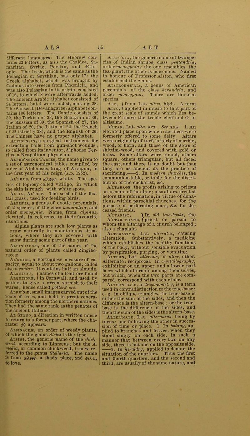 different languages; Vue Hebrew con- tains 22 letters; as also the Chaldee, Sa- maritan, Syriac, Persian, and JEtlii- opic. The Irish, which is the same as the Pelasgian or Scythian, has only 17; the Greek alphabet, which was brought by Cadmus into Greece from Phoenicia, and was also Pelasgian in its origin, consisted of 16, to which 8 were afterwards added. The ancient Arabic alphabet consisted of 24 letters, but 4 were added, making 28. The Sanscrit (Devanagaree) alphabet con- tains 100 letters. The Coptic consists of 32, the Turkish of 33, the Georgian of 36, the Russian of 39, the Spanish of 27, the Italian of 20, the Latin of 22, the French of 22 (strictly 28), and the English of 26. The Chinese have no proper alphabet. Alpho'nsin, a surgical instrument for extracting balls from gun-shot wounds ; so called from its inventor, Alphonso Fer- rius, a Neapolitan physician. Alpuo'nsine Tables, the name given to a set of astronomical tables compiled by Older of Alplionsus, king of Arragon, in the first year of his reign (a.d. 1252). Al'phcs, from a.X<po;, white. The spe- cies of leprosy called vitiligo, in which the skin is rough, with white spots. Alpia, Al'pist. The seed of the fox- tail grass; used for feeding birds. Alpin'ia, a genus of exotic perennials, of 15 species, of the class monandria, and order monogynia. Name, from alpinus, elevated, in reference to their favourite situations. Alpine plants are such low plants as grow naturally in mountainous situa- tions, where they are covered with snow during some part of the year. AlpinTace*, one of the names of the natural order of plants called Zingibe- racese. Al'quier, a Portuguese measure of ca- pacity, equal to about two gallons; called also a cantar. It contains half an almude. Alquifoo, 1 names of a lead ore found Aluuifore, ] in Cornwall, and used by potters to give a green varnish to their wares ; hence called potters' ore. At.ru'n-^, small images carved out of the roots of trees, and held in great venera- tion formerly among the northern nations. They had the same rank as the penates of the ancient Italians. Al Segno, a direction in written music to return to a former part, where the cha- racter % appears. Alsinace.e, an order of weedy plants, of which the genus Alsini is the type. Alsini, the generic name of the chick- weed, according to Linnaeus; but the A. media, or common chickweed, is now re- ferred to the genus Stellaria. The name is from «A«»f, a shady place, and qi?.y, to love. Alsto'nia, the generic name of two spe- cies of Indian shrubs, class pentandria, order monogynia; the one resembles the tea-plant, the other is poisonous. Named in honour of Professor Alston, who first established the genus. Alstroeme'ria, a genus of American perennials, of the class hexandria, and order monogynia. There are thirteen species. Alt, ) from Lat. altus, high. A term Alto, ) applied in music to that part of the great scale of sounds which lies be- tween F above the treble cleff and G in altissimo. A'ltar, Lat. alt a, ara. See Ark. l.An elevated place upon which sacrifices were formerly offered to some deity. Altars were originally of turf, latterly of marble, wood, or horn, and those of the Jews of shittim-wood, and covered with gold or brass. Some altars were round, others square, others triangular; but all faced the east, and there is no doubt but that they are as ancient as the practice of sacrificing. 2. In modern churches, the communion-table, or table for the distri- bution of the eucharist, &c. A'ltarage the profits arising to priests on account of the altar; also altars, erected before the reformation, in virtue of dona- tions, within parochial churches, for the purpose of performing mass, &c. for de- ceased friends. A'ltarist, lln old law-books, the A'ltar-thane, (priest or parson to whom the altarage of a church belonged; also a chaplain. Alterative, Lat. altcratus, causing alteration. Substantively, a medicine which establishes the healthy functions of the body, without sensible evacuation by perspiration, purging, or vomiting. Altern, Lat. altcrnus, of alter, other. Alternate : reciprocal. In crystallography, exhibiting on an upper and a lower part faces which alternate among themselves, but which, when the two parts are com- pared, correspond with each other. Altern-base, in trigonometry, is a term used in contradistinction to the true-base; e. g. in oblique triangles, the true-base is either the sum of the sides, and then the difference is the altern-base; or the true- base is the difference of the sides, and then the sum of the sides is the altern-base. Alter'nate, Lat. altematus, being by turns: one following the other in succes- sion of time or place. 1. In botany, ap- plied to branches and leaves, when they stand singly on each side, in such a manner that between every two on any side, there is but one on the opposite side. 2. In heraldry, applied to denote the situation of the quarters. Thus the first and fourth quarters, and the second and third, are usually of the same nature, and