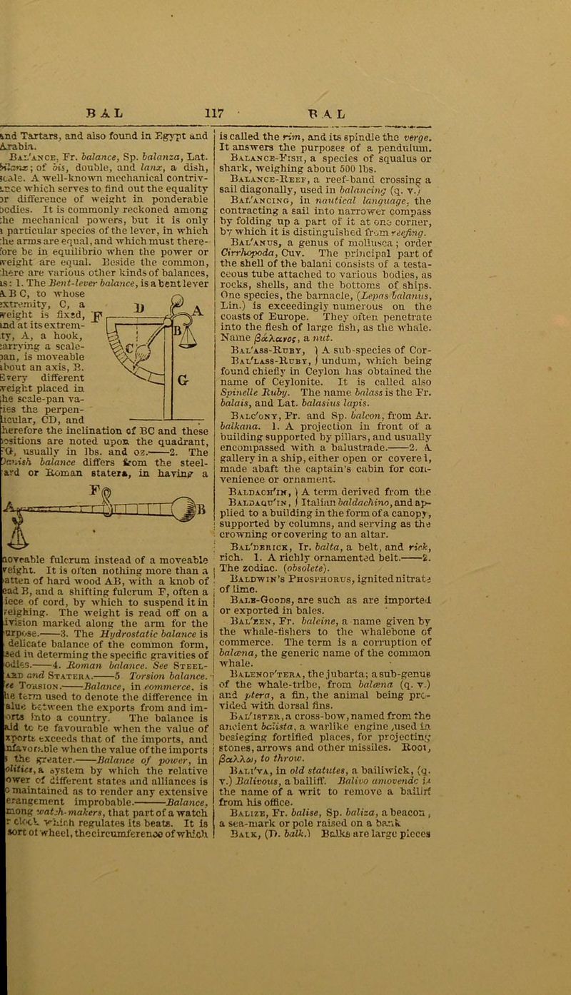 «ind Tartars, and also found in Egypt and Arabia. Bal'ance. Fr. balance, Sp. balanza, Lat. Wlcnx; of bis, double, and lanx, a dish, icale. A well-known mechanical contriv- Lnce which serves to find out the equality 3r difference of weight in ponderable bodies. It is commonly reckoned among :he mechanical powers, but it is only i particular species of the lever, in which :he arms are equal, and which must there- fore be in equilibrio when the power or iveight are equal. Beside the common, here are various other kinds of balances, is: 1. The Rent-lever balance, is a bent lever ABC, to whose •xtremity, C, a weight is fixid, md at its extrem- ,ty, A, a hook, sarrying a scale- pan, is moveable ibout an axis, K. Every different weight placed in ihe scale-pan va- ries the perpen- licular, CD, and herefore the inclination of BC and these icsitions are noted upon the quadrant, rG, usually in lbs. and 02. 2. The Oanish balance differs from the steel- ard or Boman stater*, in having a loveable fulcrum instead of a moveable veight. It is often nothing more than a j >atten of hard wood AB, with a knob of ■ ead B, and a shifting fulcrum F, often a j iece of cord, by which to suspend it in r-eighing. The weight is read off on a iviHion marked along the arm for the urpose. 3. The Hydrostatic balance is delicate balance of the common form, aed in determing the specific gravities of Odies. 4. Roman balance. See Steel- asd and Statera. 5 Torsion balance. ■; let Torsion. Balance, in commerce, is be term used to denote the difference in j alue between the exports from and irn- orts into a country. The balance is aid tc be favourable when the value of xportt exceeds that of the imports, and j nfavorj-.ble when the value of the imports j i the greater. Balance of power, in olitict,K system by which the relative ower of different states and alliances is b maintained as to render any extensive erangement improbable. Balance, mong watch-makers, that part of a watch r Cloth which regulates its beats. It is sort of wheel, thecireumferenco of which is called the rim, and its spindle the verge. It answers the purposes of a pendulum. Balance-Fish, a species of squalus or shark, weighing about 500 lbs. Balance-Beef, a reef-band crossing a sail diagonally, used in balancing (q. v.) Bal'ancing, in nautical language, the contracting a sail into narrower compass by folding up a part of it at one corner, by which it is distinguished from reefing. Bal'anus, a genus of mollusca; order Cirrhopoda, Cuv. The principal part of the shell of the balani consists of a testa- ceous tube attached to various bodies, as rocks, shells, and the bottoms of ships. One species, the barnacle, (Lepns (alanus, Lin.) is exceedingly numerous on the coasts of Europe. They often penetrate into the flesh of large fish, as the whale. Name (3a.Xa.rof, a nut. Bal'ass-Btjby, ) A sub-species of Cor- Bal'lass-Buby, J undum, which being found chiefly in Ceylon has obtained the name of Ceylonite. It is called also Spinelle Ruby. The name balass is the Fr. balais, and Lat. balasius lapis. Balc'ony, Fr. and Sp. balcon, from Ar. balkana. 1. A projection in front of a building supported by pillars, aud usually encompassed with a balustrade. 2. A gallery in a ship, either open or covere i, made abaft the captain's cabin for con- venience or ornament. Baldach'in, 1 A term derived from the Baldaqc'in , j Italian baldachino, and ap- plied to a building in the form of a canopy, supported by columns, and serving as the crowning or covering to an altar. Bal'derick , Ir. balta, a belt, and rick, rich. 1. A richly ornamented belt. 2. The zodiac, (obsolete). Baldwin’s Phosphorus, ignited nitrate of lime. Baj,b-Goods, are such as are imported or exported in bales. Bal'een.Ft. baleine, a name given by the whale-fishers to the whalebone of commerce. The term is a corruption of balccna, the generic name of the common whale. Balenop'tera, the jubarta; asub-genue of the whale-tribe, from balcena (q. v.) and ptera, a fin, the animal being pro- vided with dorsal fins. Bal'ister.r cross-bow,named from the ancient bclista, a warlike engine .used in besieging fortified places, for projecting stones,arrows and other missiles. Boot, ficthKoi, to throw. Bali'va, in old statutes, a bailiwick, (q. v.) Ralivous, a bailiff. Ralivo amovendc U the name of a writ to remove a bailirf from his office. Balize, Fr. balise, Sp. baliza, a beacon , a sea-mark or pole raised on a bank Balk, (F/. balk.) Balks are large pieces