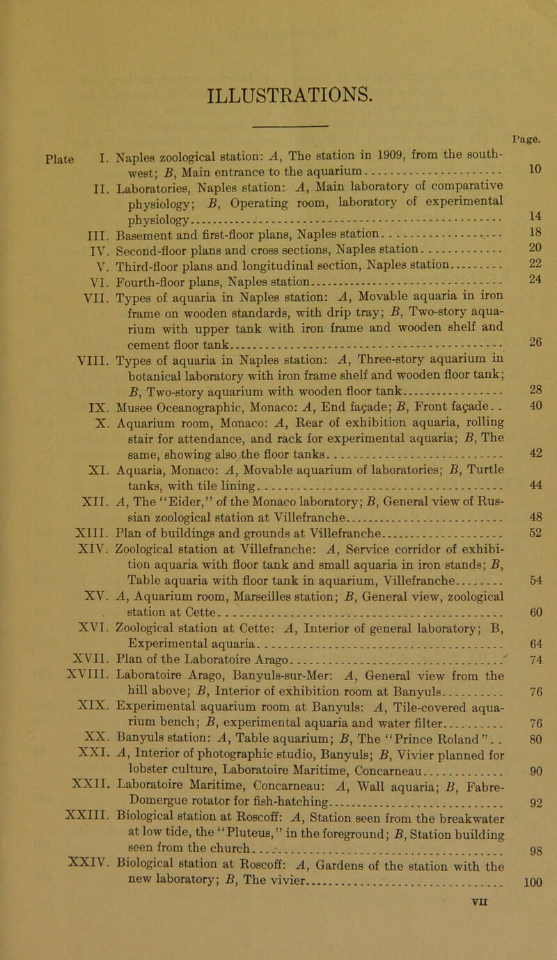ILLUSTRATIONS. Page. Plate I. Naples zoological station: A, The station in 1909, from the south- west; B, Main entrance to the aquarium 10 II. Laboratories, Naples station: A, Main laboratory of comparative physiology; B, Operating room, laboratory of experimental physiology 14 III. Basement and first-floor plans, Naples station 18 IV. Second-floor plans and cross sections, Naples station 20 V. Third-floor plans and longitudinal section, Naples station 22 VI. Fourth-floor plans, Naples station 24 VII. Types of aquaria in Naples station: A, Movable aquaria in iron frame on wooden standards, with drip tray; B, Two-story aqua- rium with upper tank with iron frame and wooden shelf and cement floor tank 26 VIII. Types of aquaria in Naples station: A, Three-story aquarium in botanical laboratory with iron frame shelf and wooden floor tank; B, Two-story aquarium with wooden floor tank 28 IX. Musee Oceanographic, Monaco: A, End facade; B, Front fapade. . 40 X. Aquarium room, Monaco: A, Rear of exhibition aquaria, rolling stair for attendance, and rack for experimental aquaria; B, The same, showing also the floor tanks 42 XI. Aquaria, Monaco: A, Movable aquarium of laboratories; B, Turtle tanks, with tile lining 44 XII. A, The “Eider,” of the Monaco laboratory; B, General view of Rus- sian zoological station at Villefranche 48 XIII. Plan of buildings and grounds at Villefranche 52 XIV. Zoological station at Villefranche: A, Service corridor of exhibi- tion aquaria with floor tank and small aquaria in iron stands; B, Table aquaria with floor tank in aquarium, Villefranche 54 XV. A, Aquarium room, Marseilles station; B, General view, zoological station at Cette 60 XVI. Zoological station at Cette: A, Interior of general laboratory; B, Experimental aquaria 64 XVII. Plan of the Laboratoire Arago ' 74 XVIII. Laboratoire Arago, Banyuls-sur-Mer: A, General view from the hill above; B, Interior of exhibition room at Banyuls 76 XIX. Experimental aquarium room at Banyuls: A, Tile-covered aqua- rium bench; B, experimental aquaria and water filter 76 XX. Banyuls station: A, Table aquarium; B, The “Prince Roland ”. . 80 XXI. A, Interior of photographic studio, Banyuls; B, Vivier planned for lobster culture, Laboratoire Maritime, Concarneau 90 XXII. Laboratoire Maritime, Concarneau: A, Wall aquaria; B, Fabre- Domergue rotator for fish-hatching 92 XXIII. Biological station at Roscoff: A, Station seen from the breakwater at low tide, the “Pluteus,” in the foreground; B, Station building seen from the church... .• 98 XXIV. Biological station at Roscoff: A, Gardens of the station with the new laboratory; B, The vivier 100