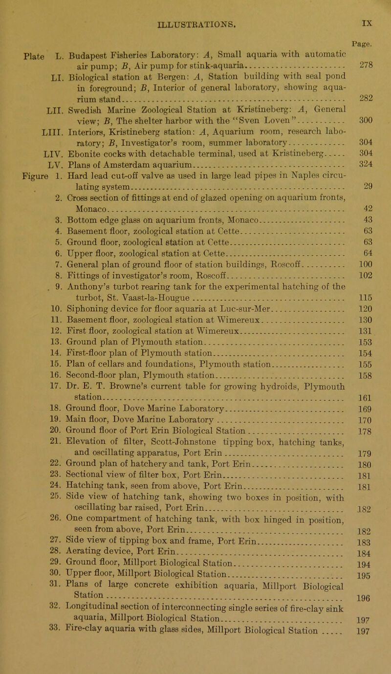 Page. Plate L. Budapest Fisheries Laboratory: A, Small aquaria with automatic air pump; B, Air pump for stink-aquaria 278 LI. Biological station at Bergen: A, Station building with seal pond in foreground; B, Interior of general laboratory, showing aqua- rium stand 282 LII. Swedish Marine Zoological Station at Kristineberg: A, General view; B, The shelter harbor with the “Sven Loven” 300 LIII. Interiors, Kristineberg station: A, Aquarium room, research labo- ratory; B, Investigator’s room, summer laboratory 304 LIV. Ebonite cocks with detachable terminal, used at Kristineberg 304 LV. Plans of Amsterdam aquarium 324 Figure 1. Hard lead cut-off valve as used in large lead pipes in Naples circu- lating system 29 2. Cross section of fittings at end of glazed opening on aquarium fronts, Monaco 42 3. Bottom edge glass on aquarium fronts, Monaco 43 4. Basement floor, zoological station at Cette 63 5. Ground floor, zoological station at Cette 63 6. Upper floor, zoological station at Cette 64 7. General plan of ground floor of station buildings, Roscoff 100 8. Fittings of investigator’s room, Roscoff 102 . 9. Anthony’s turbot rearing tank for the experimental hatching of the turbot, St. Vaast-la-Hougue 115 10. Siphoning device for floor aquaria at Lue-sur-Mer 120 11. Basement floor, zoological station at Wimereux 130 12. First floor, zoological station at Wimereux 131 13. Ground plan of Plymouth station 153 14. First-floor plan of Plymouth station 154 15. Plan of cellars and foundations, Plymouth station 155 16. Second-floor plan, Plymouth station 158 17. Dr. E. T. Browne’s current table for growing hydroids, Plymouth station 161 18. Ground floor, Dove Marine Laboratory 169 19. Main floor, Dove Marine Laboratory 170 20. Ground floor of Port Erin Biological Station 178 21. Elevation of filter, Scott-Johnstone tipping box, hatching tanks, and oscillating apparatus, Port Erin 179 22. Ground plan of hatchery and tank, Port Erin 180 23. Sectional view of filter box, Port Erin 181 24. Hatching tank, seen from above, Port Erin 181 25. Side view of hatching tank, showing two boxes in position, with oscillating bar raised, Port Erin 182 26. One compartment of hatching tank, with box hinged in position, seen from above, Port Erin Ig2 27. Side view of tipping box and frame, Port Erin 183 28. Aerating device, Port Erin 184 29. Ground floor, Millport Biological Station 194 30. Upper floor, Millport Biological Station 195 31. Plans of large concrete exhibition aquaria, Millport Biological Station  jgg 32. Longitudinal section of interconnecting single series of fire-clay sink aquaria, Millport Biological Station 197 33. Fire-clay aquaria with glass sides, Millport Biological Station 197