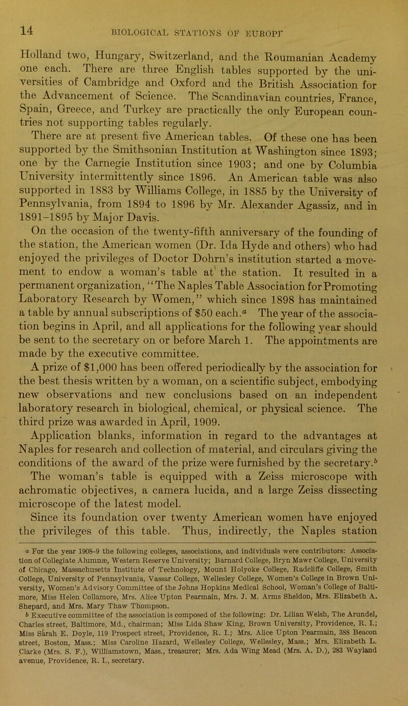 Holland two, Hungary, Switzerland, and the Roumanian Academy one each. There are three English tables supported by the uni- versities of Cambridge and Oxford and the British Association for the Advancement of Science. The Scandinavian countries, France, Spain, Greece, and Turkey are practically the only European coun- tries not supporting tables regularly. There are at present five American tables. Of these one has been supported by the Smithsonian Institution at Washington since 1893; one by the Carnegie Institution since 1903; and one by Columbia University intermittently since 1896. An American table was also supported in 1883 by Williams College, in 1885 by the University of Pennsylvania, from 1894 to 1896 by Mr. Alexander Agassiz, and in 1891-1895 by Major Davis. On the occasion of the twenty-fifth anniversary of the founding of the station, the American women (Dr. Ida Hyde and others) who had enjoyed the privileges of Doctor Dohrn’s institution started a move- ment to endow a woman’s table at the station. It resulted in a permanent organization, ‘ ‘ The Naples Table Association for Promoting Laboratory Research by Women,” which since 1898 has maintained a table by annual subscriptions of $50 each.0 The year of the associa- tion begins in April, and all applications for the following year should be sent to the secretary on or before March 1. The appointments are made by the executive committee. A prize of $1,000 has been offered periodically by the association for the best thesis written by a woman, on a scientific subject, embodying new observations and new conclusions based on an independent laboratory research in biological, chemical, or physical science. The third prize was awarded in April, 1909. Application blanks, information in regard to the advantages at Naples for research and collection of material, and circulars giving the conditions of the award of the prize were furnished by the secretary.6 The woman’s table is equipped with a Zeiss microscope with achromatic objectives, a camera lucida, and a large Zeiss dissecting microscope of the latest model. Since its foundation over twenty American women have enjoyed the privileges of this table. Thus, indirectly, the Naples station a For the year 1908-9 the following colleges, associations, and individuals were contributors: Associa- tion of Collegiate Alumn®, Western Reserve University; Barnard College, Bryn Mawr College, University of Chicago, Massachusetts Institute of Technology, Mount Holyoke College, Radcliffe College, Smith College, University of Pennsylvania, Vassar College, Wellesley College, Women’s College in Brown Uni- versity, Women’s Advisory Committee of the Johns Hopkins Medical School, Woman’s College of Balti- more, Miss Helen Collamore, Mrs. Alice Upton Pearmain, Mrs. J. M. Arms Sheldon, Mrs. Elizabeth A. Shepard, and Mrs. Mary Thaw Thompson. b Executive committee of the association is composed of the following: Dr. Lilian Welsh, The Arundel, Charles street, Baltimore, Md., chairman; Miss Lida Shaw King, Brown University, Providence, R. I.; Miss Sarah E. Doyle, 119 Prospect street, Providence, R. I.? Mrs. Alice Upton Pearmain, 388 Beacon street, Boston, Mass.; Miss Caroline Hazard, Wellesley College, Wellesley, Mass.; Mrs. Elizabeth L. Clarke (Mrs. S. F.), Williamstown, Mass., treasurer; Mrs. Ada Wing Mead (Mrs. A. D.), 283 Wayland avenue, Providence, R. I., secretary.