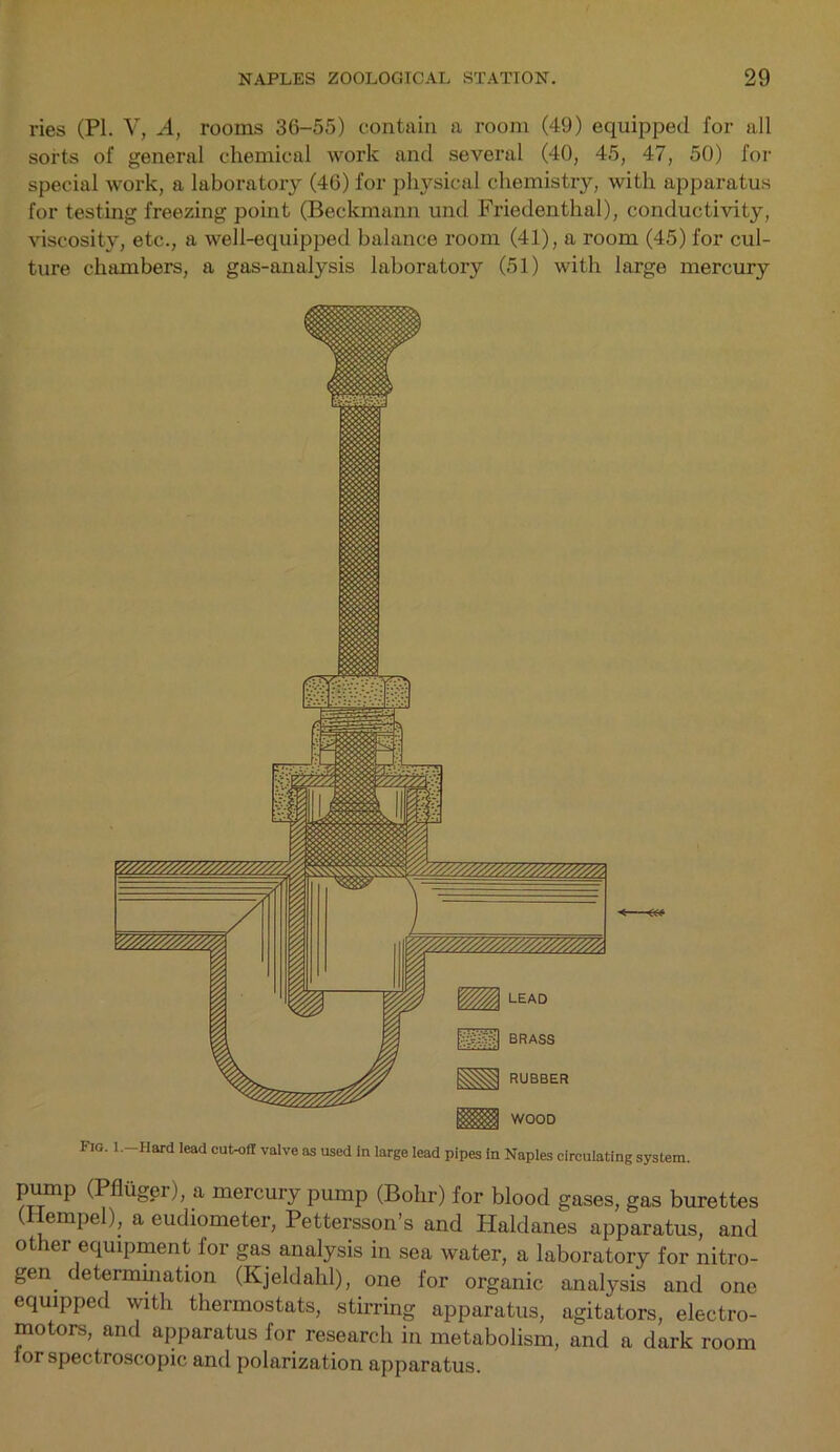 ries (PI. V, A, rooms 36-55) contain a room (49) equipped for all sorts of general chemical work and several (40, 45, 47, 50) for special work, a laboratory (46) for physical chemistry, with apparatus for testing freezing point (Beckmann und Friedenthal), conductivity, viscosity, etc., a well-equipped balance room (41), a room (45) for cul- ture chambers, a gas-analysis laboratory (51) with large mercury Fig. I.-Hard lead cut-off valve as used in large lead pipes in Naples circulating system. pump (Pfluger), a mercury pump (Bohr) for blood gases, gas burettes (ilempel), a eudiometer, Pettersson’s and Haldanes apparatus, and other equipment for gas analysis in sea water, a laboratory for nitro- gen. determination (Kjeldahl), one for organic analysis and one equipped with thermostats, stirring apparatus, agitators, electro- motors, and apparatus for research in metabolism, and a dark room tor spectroscopic and polarization apparatus.